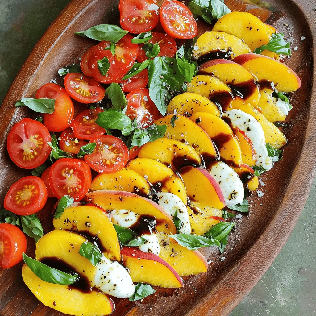 - 4 ripe peaches, sliced - 8 oz fresh mozzarella, sliced - 1 cup cherry tomatoes, halved - 1/4 cup fresh basil leaves - 3 tablespoons balsamic glaze - 2 tablespoons extra virgin olive oil - Salt and freshly ground black pepper to taste Fresh ingredients make this salad shine. Ripe peaches bring sweetness and juiciness. Fresh mozzarella adds creaminess. Cherry tomatoes offer a burst of flavor. Basil leaves give that lovely herbal note. Balsamic glaze and olive oil tie it all together. A sprinkle of salt and pepper enhances every bite. To select ripe peaches, look for smooth skin and a fragrant scent. Gently press the fruit; it should yield slightly. Avoid peaches with wrinkles or blemishes. There are two types of peaches: freestone and clingstone. Freestone peaches have pits that come out easily. Clingstone peaches stick to the pit and are harder to slice. Both types work well, but freestone peaches are easier to handle. You need a few simple tools to make this salad. A sharp knife helps slice the fruits and cheese. A cutting board provides a safe surface for cutting. A large serving platter showcases your beautiful salad. Lastly, a small bowl can hold your oil and glaze for easy drizzling. Keep these tools handy to make your prep quick and easy. For the full recipe, check out [Full Recipe]. First, wash your peaches, cherry tomatoes, and basil leaves. This step is crucial. I like to run them under cold water. Pat them dry with a clean cloth. Next, slice the peaches and mozzarella into even rounds. Aim for about half an inch thick. This keeps the texture consistent. For presentation, use a large serving platter. A colorful plate makes the salad pop. Arrange the peach and mozzarella slices in an alternating pattern. It looks great and makes for easy serving. Start layering your peaches and mozzarella on the plate. Place a peach slice next to a mozzarella slice. Continue this pattern around the platter. This gives a nice visual effect. Now, add the cherry tomatoes. Scatter them around the peaches and mozzarella. Their bright color adds flair. Finally, tear the basil leaves into smaller pieces. Sprinkle these over the salad for a fresh touch. Drizzle balsamic glaze and olive oil over the salad. This adds depth and flavor. Make sure each ingredient gets some love. Next, season with a sprinkle of salt and freshly ground black pepper. This enhances all the flavors. For an extra touch, you can toss the salad gently. This mixes the flavors but leaves it beautiful. Follow these steps, and you will create a Peach Caprese Salad that shines. For more details, check the Full Recipe. To enhance your Peach Caprese Salad, marinate the peaches. Just slice them and mix in a bowl with a bit of balsamic glaze. Let it sit for 15 minutes. This will deepen their flavor. You can also try different dressings. A lemon vinaigrette adds a bright twist. Or, use a yogurt dressing for creaminess. This salad pairs well with grilled meats, like chicken or steak. It also goes great with seafood, such as shrimp or salmon. Serve it at picnics or summer parties. It brightens up any table. You can even serve it as a light main dish on warm nights. You can prep the salad a few hours in advance. Slice the peaches and mozzarella, and store them separately. This keeps them fresh. Combine everything just before serving. For storage, use an airtight container. This keeps the salad crisp and tasty. Avoid dressing it until right before you eat. This keeps the flavors fresh. {{image_2}} You can easily change up the Peach Caprese salad. Adding other fruits like strawberries or figs can enhance the taste. Strawberries bring a sweet, juicy burst. Figs add a rich, earthy flavor. Both fruits mix well with peaches and mozzarella. You can also try different herbs. Instead of basil, use mint for a fresh twist. Dill can offer a unique taste. Mixing herbs can surprise your taste buds and make the salad fun. If you want a vegan-friendly option, use plant-based mozzarella. Many brands offer great dairy-free cheese. You can also swap the balsamic glaze for a simple lemon juice dressing. This keeps the salad light and fresh. For low-carb or gluten-free diets, skip the balsamic glaze. Use a splash of olive oil and a sprinkle of salt instead. This keeps the flavors bright while fitting dietary needs. You can explore Mediterranean-style Peach Caprese variations. Add olives or artichokes for a savory touch. These ingredients will give a unique flavor profile. You might also find influences from other cuisines. For instance, using a spicy chili oil can add heat. This twist can make your salad exciting and bold. Each variation keeps the essence of the Peach Caprese salad while adding new layers of flavor. To keep your Peach Caprese Salad fresh, store leftovers in an airtight container. This helps seal in moisture and flavor. Place the salad in the fridge. It will stay good for about two days. After that, the peaches and mozzarella may lose their texture. Check your salad for signs of spoilage. If the peaches turn brown or mushy, it’s time to toss them. Mozzarella that feels slimy is also bad. If the basil wilts, you can still use it. Just trim the ends and place them in water for a bit. You cannot freeze Peach Caprese Salad as is. Freezing changes the texture of the peaches and mozzarella. Instead, try freezing the basil. Chop the leaves and place them in ice cube trays with olive oil. This way, you can use basil later while cooking! A Peach Caprese Salad is a fresh and vibrant dish. It combines juicy peaches, creamy mozzarella, and sweet cherry tomatoes. Fresh basil adds a lovely aroma. Drizzled with balsamic glaze, this salad bursts with summer flavors. It's perfect for warm days and light meals. You can use canned peaches, but fresh ones shine brighter. Canned peaches often lack the crispness and flavor of fresh ones. They may also be sweeter, which can alter the salad's balance. For the best taste, stick with ripe, fresh peaches. To make this salad more filling, add protein. Grilled chicken or shrimp pairs well with the salad. You can also toss in some chickpeas or beans for a vegetarian option. Serve it with crusty bread or a side of quinoa for a complete meal. This salad is packed with vitamins and minerals. Peaches are high in vitamin C, which boosts your immune system. Mozzarella provides calcium for strong bones. Tomatoes are rich in antioxidants. Overall, this salad is a low-calorie option that supports a healthy diet. You can make homemade balsamic glaze with just two ingredients. Combine balsamic vinegar and honey in a pot. Simmer until it thickens. If you want a spicy kick, add a pinch of red pepper flakes. You can also experiment by adding herbs like rosemary for a unique flavor. In this post, we explored how to make a vibrant Peach Caprese Salad. We covered the right fresh ingredients, tips for choosing peaches, and essential equipment. I provided step-by-step instructions, along with helpful tips and serving suggestions. You can customize the salad for any occasion, making it truly your own. For freshness, proper storage is key. Remember, a well-made Peach Caprese Salad can be a hit at any meal. Enjoy creating your own unique version!