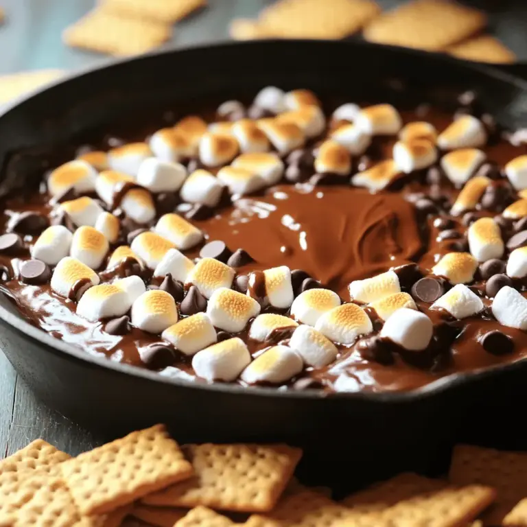 - 1 cup chocolate chips (semi-sweet or dark) - 1 cup mini marshmallows - 1 tablespoon unsalted butter - 1/2 teaspoon vanilla extract - 1/4 teaspoon sea salt - Graham crackers, for dipping You can switch chocolate chips for butterscotch chips or white chocolate. Both add a fun twist. If you want different marshmallows, use flavored ones like strawberry or mint. - Oven-safe skillet or baking dish - Mixing spoon - Measuring cups and spoons Using the right tools helps make the dip easier. An oven-safe dish is key for melting and baking. A good mixing spoon ensures all the ingredients blend well. Keep your measuring cups handy for accuracy. For the full recipe, check out the S'mores Dip Delight details! 1. Preheating the oven Start by preheating your oven to 375°F (190°C). This step is key. A hot oven ensures even baking. 2. Melting the butter Next, take 1 tablespoon of unsalted butter and place it in a 9-inch oven-safe skillet. Heat it over medium heat on your stovetop. Watch it closely until it melts completely. 1. Layering chocolate and marshmallows Once the butter melts, remove the skillet from heat. Sprinkle 1 cup of chocolate chips evenly over the melted butter. Add 1/2 teaspoon of vanilla extract and 1/4 teaspoon of sea salt. Stir until the chocolate is mostly melted. If needed, return the skillet to low heat and stir gently until smooth. 2. Evenly top the melted chocolate with 1 cup of mini marshmallows. Make sure they cover the chocolate well for that perfect gooey goodness. 1. Time and temperature guidelines Place the skillet in your preheated oven. Bake it for about 5-7 minutes. Keep an eye on it to avoid burning. 2. How to achieve the perfect golden marshmallow Look for the marshmallows to puff up and turn golden brown. That’s your signal they are ready. Once they reach the right color, remove the skillet from the oven. Let it cool for a minute before serving. Enjoy your S'mores Dip warm with graham crackers for dipping! For the full recipe, check the earlier section. To get a smooth melt on your chocolate, use an oven-safe skillet. Melt the butter first, then add your chocolate chips. Stir gently until they are mostly melted. If the chocolate is too thick, return it to low heat. This helps achieve a creamy texture. For the marshmallows, watch the baking time closely. You want them puffed and golden. Too long in the oven, and they burn. The right consistency is light and fluffy, giving that classic s'mores feel. When serving, think outside the box! Use a fun, colorful platter to catch the eye. You can drizzle melted chocolate on top for a fancy look. Try serving with flavored graham crackers, like cinnamon or chocolate. This adds a twist that guests will love. For a special touch, add fresh fruit or nuts around the dip. They will not only look good but also add flavor. S'mores Dip is great for any gathering. It works well at parties, movie nights, or camping trips. Pair it with drinks like milk, hot cocoa, or even coffee. These drinks enhance the sweet flavors and make the experience cozy. You can also serve it with snacks like pretzels or fresh fruit. This mix of flavors will keep everyone coming back for more. Enjoy your S'mores Dip Delight! Check out the Full Recipe for step-by-step details. {{image_2}} S'mores dip is fun to customize. You can add new flavors and make it your own. - Adding peanut butter or Nutella: Swirl in some peanut butter or Nutella for a rich taste. This adds creaminess and pairs well with chocolate. - Using flavored chocolate chips: Try using mint or caramel chocolate chips. This gives your dip a new twist and makes it unique. - Gluten-free options for graham crackers: Use gluten-free graham crackers. Many brands offer tasty options that everyone can enjoy. - Vegan substitutions for butter and marshmallows: Swap butter for coconut oil and use vegan marshmallows. This way, everyone can share in the fun! - Seasonal variations (i.e., pumpkin spice): For fall, add pumpkin spice to the mix. It’s a cozy, seasonal treat that warms the heart. - Holiday-themed adaptations: During the holidays, try adding peppermint extract or crushed candy canes. This gives a festive vibe and adds crunch. These variations keep S'mores dip exciting and allow you to explore different tastes. Check out the full recipe to start your delicious journey! You can store leftover S'mores Dip in the fridge. Use an airtight container for best results. If you leave it at room temperature, it may spoil faster. I recommend refrigerating it if you plan to save some for later. To reheat S'mores Dip, use the oven for the best texture. Preheat your oven to 350°F (175°C) and place the dip in an oven-safe dish. Heat for about 5-10 minutes. Check often to avoid burning the marshmallows. You can also use the microwave, but it may get a bit gooey. Heat in short bursts, stirring in between. S'mores Dip lasts about 3-4 days in the fridge. After that, it may lose its yummy taste and texture. Always check for any signs of spoilage before eating. Enjoy your sweet treat while it's fresh! Yes, you can prepare S'mores Dip ahead of time. To do this, follow these steps: - Make the base: Prepare the dip without baking it. - Store it: Cover the dish with plastic wrap and keep it in the fridge. - Bake before serving: When ready to enjoy, bake it for about 5-7 minutes. This keeps it fresh and warm. This way, you save time and still get that gooey, melty goodness. If you don't have graham crackers, don't worry! Here are some fun alternatives: - Pretzels: They add a nice crunch and salty flavor. - Fruit slices: Apples or bananas work well for a fresh twist. - Cookies: Try chocolate chip cookies or vanilla wafers for a sweet dipper. - Pita chips: These can add a nice texture and flavor contrast. Experiment with these options to find your favorite! To check if your S'mores Dip is done, look for these signs: - Marshmallows: They should be puffed up and golden brown. - Chocolate: It should be smooth and melted. - Bubbling: You might see some bubbling around the edges. Keep an eye on it while baking. You want that perfect toasted look without burning! In this article, we explored making a tasty S’mores Dip filled with chocolate and marshmallows. We covered ingredients, swaps, and tools you’ll need. The step-by-step guide simplifies preparation, baking, and serving. I shared tips to perfect texture and creative ideas for presentation. You can even try fun variations and discover how to store leftovers effectively. Enjoy making this delightful treat and impress your friends and family with your skills! Let your creativity shine with this cozy dessert.