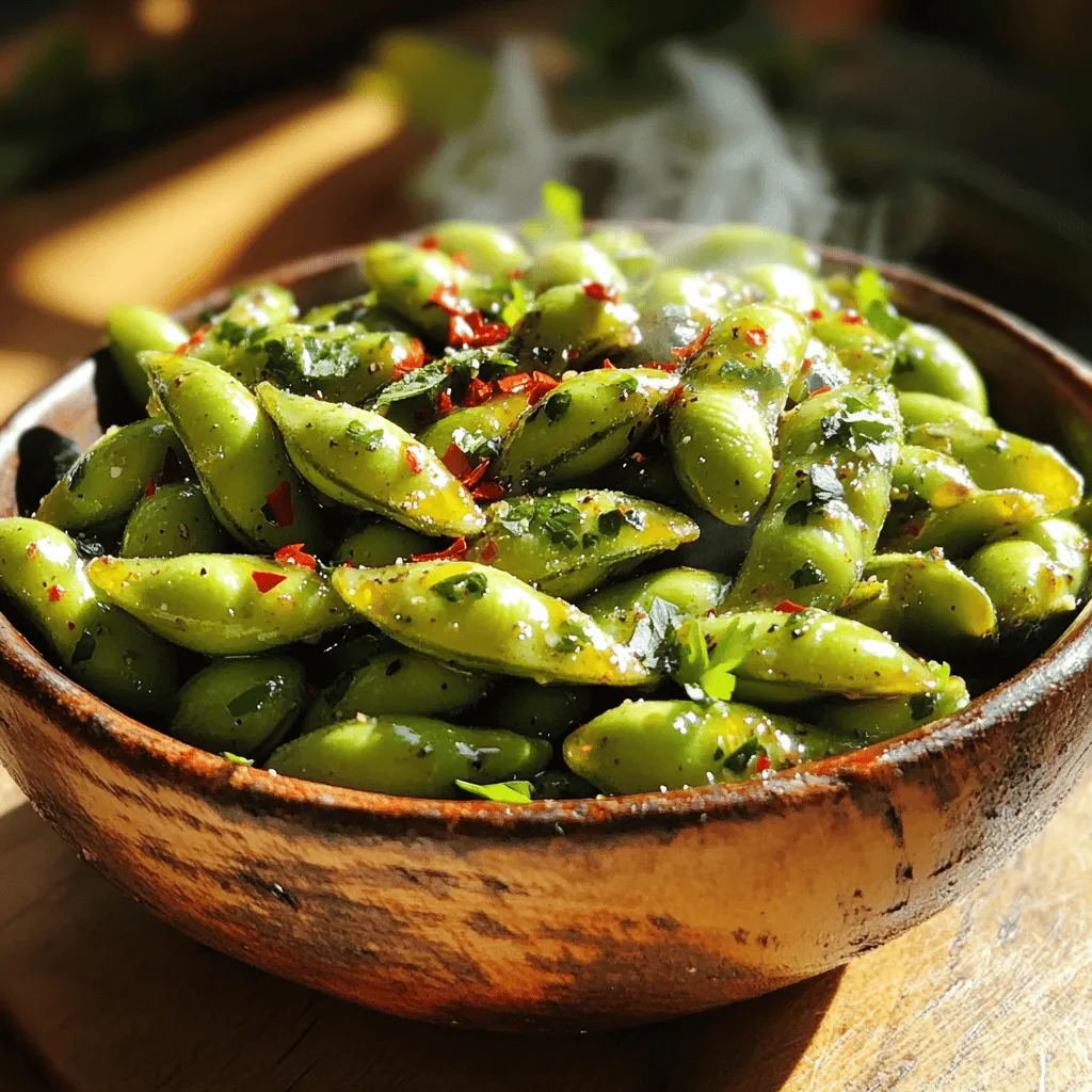 To make spicy garlic edamame, you need a few key ingredients: - 1 pound fresh edamame (in pods) - 4 cloves garlic, minced - 2 tablespoons soy sauce - 1 tablespoon sesame oil - 1 teaspoon red pepper flakes (adjust to taste) - 1 teaspoon rice vinegar - 1 tablespoon fresh cilantro, chopped (for garnish) - Sea salt (to taste) These ingredients work together to create a savory and flavorful snack. The edamame gives a nice texture, while garlic adds punch. Soy sauce and sesame oil bring umami, and red pepper flakes give heat. Getting the measurements right is crucial for taste. Here’s a breakdown: - Edamame: One pound is enough for about four servings. - Garlic: Use four cloves for a strong garlic flavor. - Soy Sauce: Two tablespoons add a salty depth. - Sesame Oil: One tablespoon adds nuttiness. - Red Pepper Flakes: One teaspoon gives spice. Add more if you enjoy heat! - Rice Vinegar: One teaspoon cuts through richness. - Cilantro: One tablespoon for a fresh touch. - Sea Salt: Add to taste for seasoning. Edamame is not just tasty; it’s also healthy! Here are some benefits: - High in Protein: Edamame offers a great plant-based protein source. - Rich in Fiber: This helps with digestion and keeps you full. - Packed with Vitamins: Edamame contains vitamins A, C, and K. - Low in Calories: It’s a smart snack choice for weight management. - Antioxidants: These help protect your body from damage. Incorporating edamame into your diet can support overall health and wellness. Enjoy this delicious snack while reaping its many benefits. For the full recipe, check out the details above. To start, bring a large pot of salted water to a boil. Salt helps enhance the flavor of the edamame. Add 1 pound of fresh edamame pods to the boiling water. Cook them for 5 to 6 minutes. You want them tender yet still firm. Once done, drain the edamame and set them aside. Next, heat a large skillet over medium heat. Add 1 tablespoon of sesame oil to the skillet. Then, toss in 4 minced garlic cloves. Sauté for about 1 to 2 minutes. You want the garlic to smell great but not burn. After that, pour in 2 tablespoons of soy sauce, 1 teaspoon of red pepper flakes, and 1 teaspoon of rice vinegar. Stir well to mix everything. Let it simmer for a minute. This allows the sauce flavors to blend nicely. Now it’s time to bring it all together. Once the edamame is cooked, add it to the skillet with the spicy garlic sauce. Toss the edamame in the sauce until they are well-coated. Season with sea salt to taste. Remove the skillet from the heat. Transfer the spicy garlic edamame to a serving bowl. For a pop of color, garnish with 1 tablespoon of fresh chopped cilantro. Enjoy your savory and flavorful snack! For the full recipe, check out the details provided. To find the best edamame, look for bright green pods. The pods should feel firm and plump. Avoid any that have dark marks or feel dry. Fresh edamame is often found in the freezer section. Frozen pods work well if fresh ones are not available. If you love heat, add more red pepper flakes. Start with a small amount and taste as you go. If your guests prefer milder snacks, reduce the flakes. You can also add a touch of honey to balance the heat. This gives a sweet and spicy flavor that many enjoy. Add a squeeze of lime juice for a citrus kick. You can also sprinkle sesame seeds on top. This adds crunch and a nutty taste. Fresh herbs like basil or mint can brighten the dish. Try adding a splash of chili oil for extra warmth. To explore more tips and tricks, check the full recipe. {{image_2}} You can switch up the flavors in spicy garlic edamame. Try using lime juice instead of rice vinegar. This adds a zesty twist. You can also mix in a splash of chili oil for extra heat. Want a sweeter touch? Add a dash of honey or maple syrup. For a nutty flavor, sprinkle in toasted sesame seeds. These changes keep the recipe fresh and exciting. Spicy garlic edamame makes a great side dish. Pair it with grilled chicken or tofu for a balanced meal. Serve it alongside steamed rice and a green salad for a colorful plate. You can also mix it into stir-fries for added flavor and crunch. This snack can elevate any meal, making it satisfying and tasty. This recipe is already vegan and gluten-free. To ensure it stays that way, use tamari instead of soy sauce. Tamari is a gluten-free soy sauce option. Always check labels on condiments to avoid hidden gluten. This way, you can enjoy the dish without worry. Spicy garlic edamame fits many diets, making it a versatile choice for everyone. For the full recipe, check the section above! To store leftover spicy garlic edamame, let it cool first. Place it in an airtight container. Make sure to seal it tightly. You can keep it in the fridge for up to three days. If you want to enjoy the flavor later, storing it properly is key. When you are ready to eat the leftover edamame, you can reheat it easily. Use a skillet over medium heat. Add a splash of water to prevent sticking. Stir it for about 3-5 minutes until it's hot. You can also microwave it for a minute, but check often to avoid overcooking. If you want to save edamame for later, freezing is a great option. Place the cooled edamame in a freezer bag. Remove as much air as possible before sealing. You can freeze it for up to three months. When you are ready to use it, just thaw it in the fridge overnight. This way, you can enjoy spicy garlic edamame anytime! For the full recipe, check out the link above. Yes, you can use frozen edamame. Frozen edamame is easy to find. Just cook it according to the package instructions. This usually takes a few minutes. You can skip the boiling step if you use frozen. It saves time and still tastes great! Spicy garlic edamame pairs well with many dishes. You can serve it with sushi, rice bowls, or grilled meat. It also goes great with salads or as a fun starter. Try it alongside a cold beer or a fruity drink for a tasty snack! You will know edamame is cooked when it turns bright green. The pods should feel tender but not mushy. Taste a pod; it should be soft yet firm. Cooking for about 5-6 minutes usually works well. Drain and toss with the spicy garlic sauce for the best flavor! You can often find spicy garlic edamame at Asian restaurants. Look for places serving sushi or Japanese food. Some trendy bars also offer it as a snack. If you see "edamame" on the menu, ask if they have a spicy version! Spicy garlic edamame offers a tasty treat that's easy to make. We explored key ingredients and their health perks. You learned step-by-step how to prepare this dish and adjust spice levels to your taste. We shared tips for picking fresh edamame and ways to enhance flavor. Remember, you can tweak the recipe with different spices and make it fit your meal plan. Proper storage and reheating keep it fresh long after. Enjoy your cooking adventure and savor each bite of this healthy snack!
