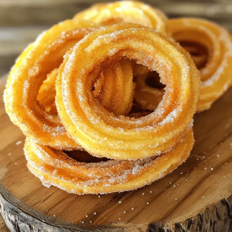 To make cinnamon sugar churros, you need a few key ingredients. Each one plays an important role in creating that perfect texture and flavor. Here’s what you’ll need: - 1 cup all-purpose flour - 1/2 cup water - 1/2 cup milk - 1/4 cup unsalted butter, cut into pieces - 2 tablespoons granulated sugar - 1/4 teaspoon salt - 2 large eggs - 1 teaspoon vanilla extract - Vegetable oil for frying - 1 cup granulated sugar (for coating) - 2 teaspoons ground cinnamon These ingredients are simple but crucial. The flour gives the churros structure, while the water and milk add moisture. Butter makes them rich, and eggs bind everything together. The sugar adds sweetness to the dough. Salt balances the flavors, and vanilla brings a lovely aroma. Vegetable oil is your frying agent, allowing the churros to crisp up perfectly. Finally, the cinnamon sugar mixture coats the warm churros, making them irresistible. For the full recipe, you can find detailed steps to guide you. Enjoy making your churros! To start, I gather my liquids and butter. In a medium saucepan, I mix 1/2 cup of water, 1/2 cup of milk, and 1/4 cup of unsalted butter. I add 2 tablespoons of granulated sugar and 1/4 teaspoon of salt. I heat this mixture over medium heat until it boils. Once it reaches a boil, I quickly remove it from the heat. Next, I mix in 1 cup of all-purpose flour. I stir fast until a dough forms. It may seem sticky at first, but keep stirring. After that, I let it cool for about 5 minutes. Then, I add 2 large eggs, one at a time. I mix well after each egg until the dough is smooth and glossy. Finally, I stir in 1 teaspoon of vanilla extract. This adds a nice flavor to the churros. Now it’s time to fry! I heat vegetable oil in a deep pan to 350°F (175°C). You want enough oil to submerge the churros. While the oil heats, I prepare to pipe the dough. I transfer the churro dough into a piping bag with a star tip. Once the oil is hot, I pipe strips of dough directly into the oil. I cut them to my desired length. I fry them for about 2-3 minutes on each side until they turn golden brown. I use a slotted spoon to remove the churros and place them on paper towels. This helps drain any excess oil. While the churros are still warm, I make my cinnamon sugar mixture. I combine 1 cup of granulated sugar with 2 teaspoons of ground cinnamon in a bowl. Now comes the fun part! I roll each churro in the cinnamon sugar mixture until they are fully coated. This adds a sweet crunch that makes them extra special. That’s it! You now have delicious cinnamon sugar churros. For the complete details, check the Full Recipe. To make churros that shine, focus on the dough. First, avoid stickiness. This happens when you add too much liquid. Stick to the recipe amounts. If your dough feels wet, add a bit more flour. It helps keep the churros firm. Next, ensure even frying. Heat your oil to about 350°F (175°C). If the oil is too cool, the churros will soak up too much oil. If it’s too hot, they burn. Use a thermometer for best results. Fry the churros for 2-3 minutes on each side. Look for a golden color. For piping, I recommend using a strong, sturdy piping bag. A bag with a star tip creates those lovely ridges. This adds to the churros' texture. If you don’t have a piping bag, a plastic zip bag with the corner cut works too. When frying, use a deep, heavy pot or a fryer. The deep sides prevent oil splatter and help cook the churros evenly. A slotted spoon is also handy for removing them. It lets the excess oil drain off quickly. Churros shine when served warm. Dust them in cinnamon sugar right after frying. For a fun twist, serve them with chocolate or caramel sauce for dipping. You can also add fresh fruit like strawberries or bananas on the side. For presentation, arrange churros in a tall glass. It looks fun and allows easy access. Add a sprinkle of cinnamon on top for a nice touch. For a special event, serve them on a wooden board with various dips. For more fun, check out the [Full Recipe] for cinnamon sugar churros! {{image_2}} You can make churros even more fun with different flavors. One great option is chocolate-filled churros. Just pipe the dough into hot oil, and after frying, fill them with melted chocolate. This surprise makes every bite extra special! Another tasty twist is pumpkin spice churros. Mix in some pumpkin puree and pumpkin spice into your dough. This gives churros a warm, autumn flavor. You can enjoy these anytime, not just in fall! If you need gluten-free options, use gluten-free flour instead of all-purpose flour. This works well and still tastes great! Make sure to check your other ingredients, like baking powder, to ensure they are gluten-free. For vegan alternatives, swap out the eggs and milk. You can use almond milk and a flaxseed egg to bind your dough. This way, everyone can enjoy these delicious treats! Toppings can make churros even better. A rich chocolate sauce is a perfect choice. You can dip your churros into it for extra sweetness. Caramel drizzle is another fantastic option. It adds a buttery flavor that pairs perfectly with cinnamon sugar. Just warm the caramel a bit, then drizzle it over your churros for a tasty finish. Try these variations and toppings for your cinnamon sugar churros! For a complete guide, check the Full Recipe. To keep your churros fresh, store them in an airtight container. This helps to lock in moisture and keeps them from getting hard. You can place parchment paper between layers to avoid sticking. Store them at room temperature for up to two days. If you want to keep them longer, the fridge is a good option, but they may lose some texture. If you have leftover churros, you can revive them. Just preheat your oven to 350°F (175°C). Place the churros on a baking sheet and warm them for about 5 minutes. This reheating brings back some of their crispiness. To freeze churros, let them cool completely first. Then, place them in a single layer on a baking sheet. Freeze them for about an hour until they are firm. After that, transfer them to a freezer bag. This way, you can save them for up to three months. When you're ready to eat your frozen churros, it's best to reheat them in the oven. Preheat your oven to 375°F (190°C). Place the churros on a baking sheet and warm them for about 10-12 minutes. This keeps them crispy. You can also fry them again for a minute or two if you want them extra crispy. For more details, check the Full Recipe! Churros are sweet fried dough treats. They are popular in Spain and Latin America. The snack has a long history. Some say Spanish shepherds made churros for breakfast. Others think they came from the Chinese cruller. Churros are often coated in cinnamon sugar. They are best served hot. To achieve a crispy churro, make sure to fry them at the right temperature. Heat the oil to 350°F (175°C). If the oil is too cool, churros will absorb more oil. This makes them soggy. Fry churros in small batches. This helps them cook evenly. Let them drain on paper towels right after frying. You can make churros ahead of time, but they taste best fresh. If you plan for a gathering, prepare the dough early. You can fry them just before serving. Store cooked churros in an airtight container. Reheat them in the oven to regain crispness. The best cinnamon sugar churros are often found at local fairs and food trucks. Many bakeries and dessert shops also offer them. In larger cities, look for popular dessert vendors. Chains like Disneyland serve great churros, too. Check online reviews to find local favorites. Churros pair well with chocolate sauce. A warm dip enhances their flavor. You can also serve them with caramel sauce or dulce de leche. Fresh fruit or whipped cream can add a nice touch. This makes for a fun dessert experience. For a twist, try serving churros with ice cream! For the full recipe, check it out [here](#). Making churros is fun and rewarding. We covered essential ingredients, step-by-step instructions, and useful tips. You can even explore flavor variations and dietary modifications. In conclusion, churros are tasty treats that anyone can make. With practice, your churros will be crisp and delightful! Enjoy sharing them with friends and family.