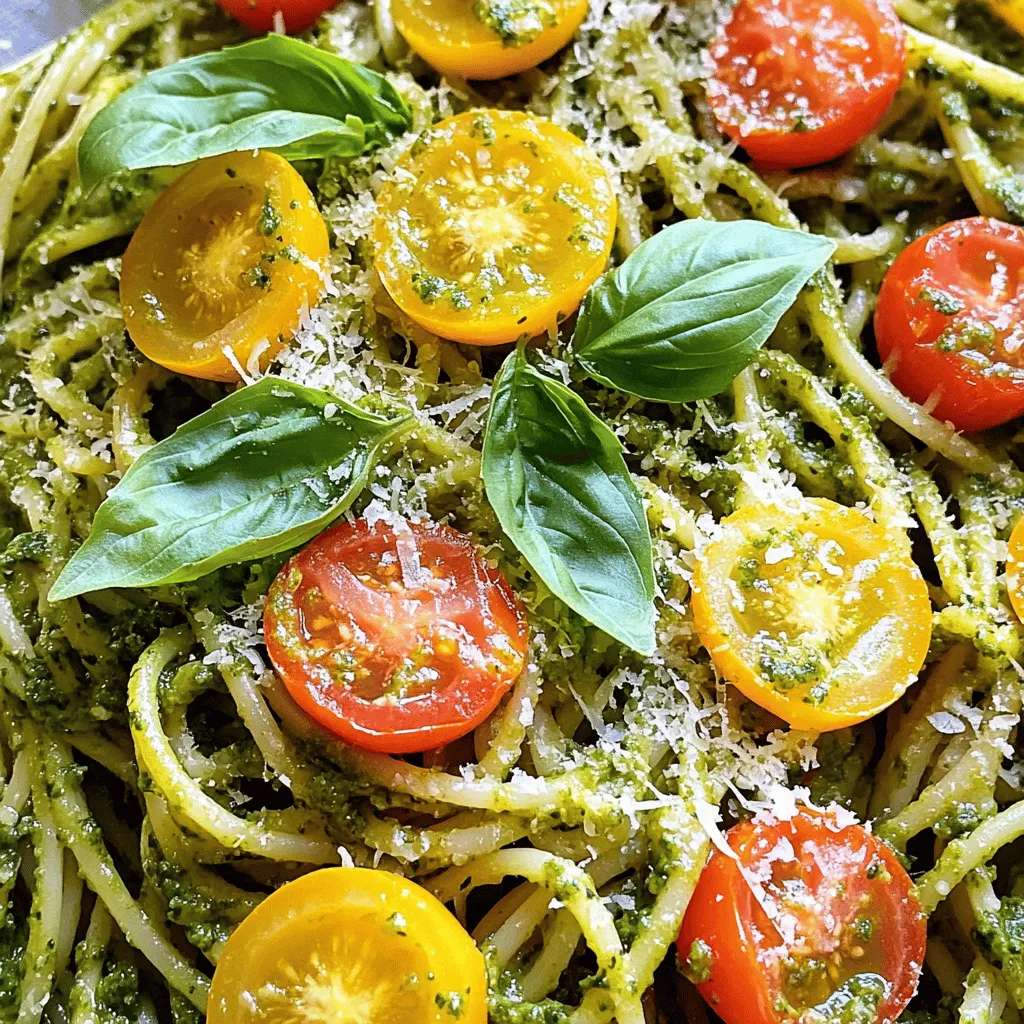 To make Lemon Basil Pesto Pasta, you will need the following fresh and simple ingredients: - 2 cups fresh basil leaves - 1/2 cup raw cashews - 2 cloves garlic, peeled - 1/2 cup grated Parmesan cheese (or nutritional yeast for a vegan option) - 1/2 cup extra virgin olive oil - 1 lemon (zested and juiced) - Salt and pepper to taste - 8 oz spaghetti or your choice of pasta - Cherry tomatoes, halved (for garnish) - Fresh basil leaves (for garnish) These ingredients blend together to create a vibrant and tasty dish. Fresh basil gives a bright flavor, while garlic adds depth. Cashews provide a creamy texture, and Parmesan cheese or nutritional yeast offers richness. The lemon zest and juice add a refreshing zing that brightens the whole dish. When you gather your ingredients, make sure they are fresh. This will elevate your dish and make every bite delicious. If you're unsure about some ingredients, feel free to explore the *Full Recipe* for more details. Cooking should be fun, and I promise this one is a winner! First, fill a large pot with salted water. Bring it to a boil. Add 8 oz of spaghetti. Cook it according to the package instructions until it is al dente. This usually takes about 8 to 10 minutes. Once done, reserve one cup of pasta water. This water will help later. Drain the rest of the water and set the pasta aside. Grab your food processor. Add the fresh basil, raw cashews, garlic, and Parmesan cheese. Don't forget the zest and juice of one lemon. Pulse these together until the mix is coarsely chopped. Next, with the processor running, slowly drizzle in the olive oil. This makes the pesto smooth and creamy. If it feels too thick, add a bit of the reserved pasta water. Keep mixing until you reach the desired consistency. Now it’s time to combine everything. In a large bowl, toss the cooked spaghetti with the lemon basil pesto. If the pasta seems dry, add more reserved pasta water. This helps coat the pasta evenly. Your dish is now ready to be plated. Top it with halved cherry tomatoes and fresh basil leaves for garnish. Enjoy your meal! - Adjusting seasoning: Always taste your pesto. Add salt and pepper to make it pop. A little salt can enhance all the flavors. - Adding more lemon juice for brightness: If the flavor feels flat, add a splash of lemon juice. This brightens the dish and makes it fresh. - Making pesto smoother or thicker: If your pesto is too thick, add a little pasta water. Blend it until you reach the right smoothness. For thicker pesto, use less olive oil. - Using reserved pasta water effectively: This water has starch that helps the pesto cling to the pasta. Start with a small amount and mix until you get the right consistency. - Serving suggestions for an appealing dish: Use a large pasta bowl for a family style serve. This makes it easy to share and looks inviting. - Garnishing ideas: Top your pasta with extra Parmesan and whole basil leaves. Halved cherry tomatoes add a splash of color and sweetness. They also make your dish look fresh and bright. For more detailed steps, check the Full Recipe for Lemon Basil Pesto Pasta. {{image_2}} You can easily alter this recipe for different diets. For a vegan option, simply swap the Parmesan cheese with nutritional yeast. Nutritional yeast adds a cheesy flavor without using dairy. It is a great source of vitamins, especially B12. If you need a gluten-free meal, choose gluten-free pasta. Many brands make delicious gluten-free options from rice or corn. These pastas hold sauces well and taste great. Want to change up the flavors? Try adding nuts or seeds to your pesto. Pine nuts give a rich taste, while sunflower seeds add a nice crunch. You could even use walnuts for a different twist. Incorporating different herbs can also enhance the taste. Try mixing in parsley or mint for a fresh kick. These herbs can change the entire flavor profile of your dish. You can add proteins to make this meal heartier. Chicken or shrimp pairs nicely with the lemon and basil. Simply cook the protein separately and toss it in with the pasta. For veggie lovers, consider adding spinach or sun-dried tomatoes. Spinach adds a nice green color and nutrition. Sun-dried tomatoes bring a tangy taste that complements the pesto. For the full recipe, check out the earlier section! To keep your lemon basil pesto pasta fresh, store it in an airtight container. This helps prevent air from drying it out. Use a container with a tight lid, like glass or plastic, that seals well. If you can, add a layer of olive oil on top to keep it moist. You can freeze lemon basil pesto for later use. To do this, pour the pesto into ice cube trays. This way, you can use just the amount you need later. Once frozen, transfer the cubes to a freezer bag. When you want to use it, just thaw the pesto overnight in the fridge. Reheat it gently on the stove, adding a splash of olive oil if needed. In the fridge, your pesto pasta should last about three days. Look for signs of spoilage like a sour smell or discoloration. If it smells off or has mold, it’s best to toss it. Always trust your nose and eyes! Enjoy your delicious meal while it lasts! For the full recipe, check out Lemon Basil Pesto Pasta. Homemade pesto lasts about one week in the fridge. Store it in an airtight jar. Cover the top with a thin layer of olive oil to keep it fresh. If it turns a darker color, it's still safe to eat. Yes, you can make this meal in advance. Cook the pasta and pesto separately. Mix them when you are ready to eat. This keeps the pasta from getting soggy. If you need a substitute for Parmesan cheese, try nutritional yeast. It gives a cheesy flavor without dairy. You can also use pecorino cheese for a different taste. Absolutely! You can use various nuts in the pesto. Pine nuts, walnuts, or almonds work well. Each nut adds a unique flavor to your dish. To fix thick pesto, simply add a bit of reserved pasta water. Start with one tablespoon and blend. Keep adding until you reach your desired consistency. This blog post covered how to make a fresh and tasty Lemon Basil Pesto Pasta. We looked at the ingredients, steps to prepare pasta and pesto, and tips to enhance flavors. I shared easy variations and smart storage tips, ensuring you have a delicious meal anytime. Remember, cooking should be fun and flexible. Enjoy creating and sharing this dish with loved ones. Your homemade pesto will impress everyone!