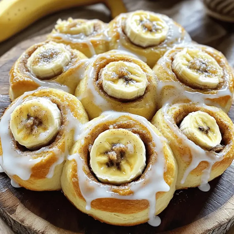 - 3 ripe bananas, mashed - 1/2 cup butter, softened - 1/2 cup brown sugar - 2 cups all-purpose flour - 1/2 cup granulated sugar - 1/2 teaspoon salt - 1 teaspoon baking soda - 1 teaspoon vanilla extract - 1 teaspoon ground cinnamon - 1/4 cup milk (or plant-based milk) - 1/4 cup chopped walnuts (optional) - 1/4 cup raisins (optional) Gather these ingredients before you start. Ripe bananas are key for flavor. If your bananas are too firm, the rolls won’t taste as sweet. Softened butter mixes well, creating a smooth dough. The combination of sugars will give you the perfect sweetness. The brown sugar adds depth, while the granulated sugar keeps it light. Remember, the flour is the base for your rolls. Use all-purpose flour for the best texture. Baking soda acts as your leavening agent. It helps your rolls rise and become soft. The vanilla extract and ground cinnamon will fill your kitchen with a warm scent. If you like, add walnuts or raisins for extra flavor and texture. These are optional, but they bring lovely crunch and sweetness. Now that you have your ingredients ready, you can check out the Full Recipe for the next steps! First, you need to prepare the dough. In a mixing bowl, combine three ripe bananas with half a cup of softened butter. Use a fork to mash them together until smooth. Then, add half a cup of brown sugar, half a cup of granulated sugar, and one teaspoon of vanilla extract. Mix well until it is all blended together. Next, grab another bowl. In this bowl, whisk together two cups of all-purpose flour, half a teaspoon of salt, and one teaspoon of baking soda. This mix is important. Gradually add it to the banana mixture. Alternate this with a quarter cup of milk. Stir until a soft dough forms. If you want, you can fold in a quarter cup of chopped walnuts or raisins for extra flavor. Now it’s time to shape the rolls. Turn your dough onto a floured surface. Knead it gently for about two to three minutes. Then, roll it out into a rectangle about a quarter-inch thick. For the cinnamon filling, mix one teaspoon of ground cinnamon with one tablespoon of softened butter and one tablespoon of brown sugar. Spread this mixture evenly over the rolled-out dough. Carefully roll the dough from one long side to the other, making a tight log. Pinch the seams to seal it well. Slice the log into one-inch thick pieces. Place these slices into a greased baking dish. Preheat your oven to 350°F (175°C) while the rolls rest for about twenty minutes. This helps them rise a bit. Finally, bake the rolls for twenty-five to thirty minutes. They should turn golden brown and smell amazing. For the full recipe, check out the complete instructions and details. Ripe bananas are key for this recipe. They give your rolls a sweet flavor and soft texture. Look for bananas with brown spots. They are perfect for mashing. Butter temperature matters too. Use softened butter that is at room temperature. This helps mix well with the bananas and sugars. Cold butter doesn’t blend smoothly and can make your dough tough. To check if your rolls are done, use a toothpick. Insert it in the center of a roll. If it comes out clean, they are ready! If it has wet batter, bake a few more minutes. Every oven is different. You may need to adjust the bake time. Keep an eye on the rolls. Look for a golden brown color and a nice, soft texture. You can try different glaze ideas. A simple sugar glaze is easy. Mix 1 cup of powdered sugar with 2 tablespoons of milk until smooth. Drizzle it over the warm rolls. Want to add more flavor to your glaze? Consider vanilla extract or a hint of almond extract. You can also mix in spices like nutmeg or cinnamon for extra warmth. Check out the Full Recipe for more ideas! {{image_2}} You can make these banana bread cinnamon rolls even more tasty. Try adding chocolate chips for a sweet twist. Just mix in about 1/2 cup of chocolate chips into the dough. They melt and add a rich flavor. Incorporating different nuts or spices can also change the taste. Chopped pecans or almonds can add crunch. You can also use nutmeg or cardamom for a new spice flavor. If you want a healthier option, consider using whole wheat flour. This swap gives added fiber and a nutty taste. You can replace all-purpose flour with whole wheat in a 1:1 ratio. Reducing sugar is another way to make this recipe better for you. You can cut the sugar in half or use natural sweeteners like honey or maple syrup. This adds sweetness without all the calories. For a vegan or dairy-free version, you can use plant-based butter and milk. Coconut oil or almond milk work great. They keep the rolls moist and delicious. If you want to skip eggs, try using flaxseed meal. Mix one tablespoon of flaxseed meal with three tablespoons of water. Let it sit for about five minutes, and it becomes a great egg substitute. For the full recipe, check out the Banana Bread Cinnamon Rolls 🥯. After baking your banana bread cinnamon rolls, let them cool down completely. This step is key to keeping them fresh. Store the rolls in an airtight container. This keeps moisture in and air out. You can place them at room temperature for up to three days. If you want to keep them longer, the fridge is an option. However, refrigeration can dry out the rolls. Try to avoid it if you can. Freezing is a great way to save banana bread cinnamon rolls for later. To freeze, wrap each roll tightly in plastic wrap. Then, place them in a freezer bag. Make sure to squeeze out as much air as possible. They can last for up to three months in the freezer. When you’re ready to enjoy them, take the rolls out. Let them defrost in the fridge overnight. To reheat, pop them in the oven at 350°F for about 10-15 minutes. This warms them up and keeps them soft. Enjoy your treats anytime! For the full recipe, check the details above. To check if your rolls are done, look for a golden brown color. The rolls should feel firm and spring back when lightly touched. You can also use the toothpick test. Insert a toothpick into the center of a roll. If it comes out clean, they are ready. If not, bake them a bit longer. Yes, you can prepare the dough a day in advance. Mix the dough and store it in the fridge. When ready, roll and bake as usual. For storage, cover the dough tightly with plastic wrap. This keeps it fresh and prevents drying out. These rolls pair well with coffee or tea. A hot cup of chocolate also works great. For presentation, serve the rolls on a wooden platter. Drizzle them with glaze and add banana slices for color. A sprinkle of cinnamon on top looks nice too. You can use gluten-free flour for this recipe. Look for blends that work well in baking. Be aware that the texture may change. The rolls might be denser. Adjust the milk for a softer dough if needed. For the full recipe, refer to the previous section. You now know how to make delicious banana bread cinnamon rolls. We covered the key ingredients, step-by-step instructions, and helpful tips. You also learned variations, storage methods, and answers to common questions. Try these rolls, and you will enjoy a warm, tasty treat. Baking can be fun and simple. Experiment with flavors or methods that fit your needs. Enjoy every bite!