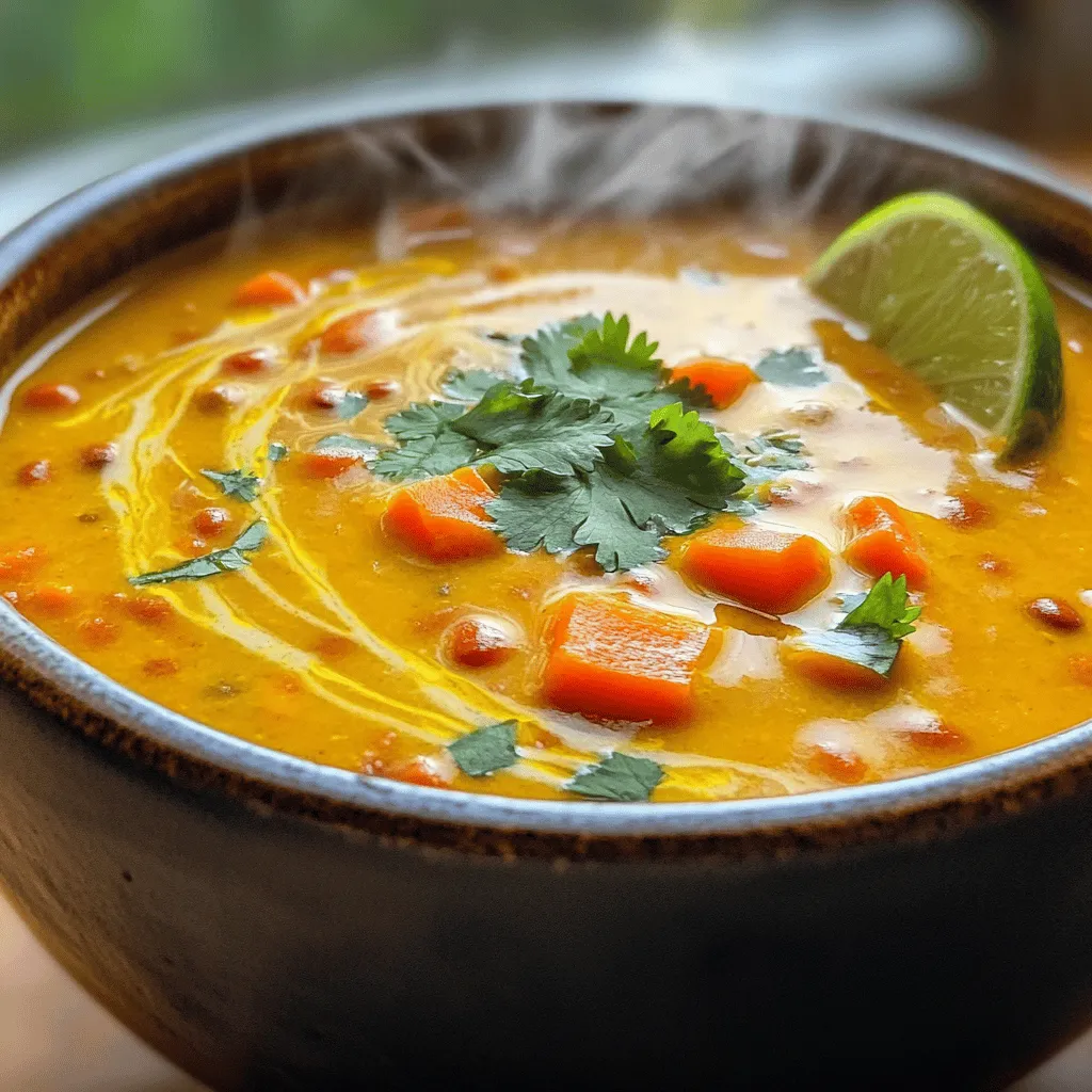 To make Coconut Curry Lentil Soup, you need these key ingredients: - 1 cup red lentils, rinsed - 1 can (14 oz) coconut milk - 1 medium onion, finely chopped - 2 cloves garlic, minced - 1 tablespoon fresh ginger, grated - 1 tablespoon curry powder - 1 teaspoon turmeric powder - 1 teaspoon cumin - 1 tablespoon olive oil - 4 cups vegetable broth - 1 carrot, diced - 1 bell pepper, diced - 2 cups spinach, chopped - Salt and pepper to taste - Fresh cilantro for garnish (optional) If you need to adjust the recipe, here are some quick conversions: - 1 cup = 240 ml - 1 tablespoon = 15 ml - 1 teaspoon = 5 ml - 1 can (14 oz) = about 400 grams You can switch out some ingredients if needed: - Use yellow lentils instead of red lentils for a different texture. - Swap coconut milk for almond milk or cashew cream for a lighter option. - If you don’t have curry powder, mix equal parts turmeric and cumin with a bit of paprika. - Instead of spinach, try kale or Swiss chard for added greens. - Use vegetable stock instead of broth for a richer taste. These adjustments can help you tailor the soup to your taste or what you have on hand. Want to see the full recipe? Check it out in the Step-by-Step Instructions section! First, gather all your ingredients. You need red lentils, coconut milk, onions, garlic, ginger, and spices. Also, have vegetable broth, carrots, bell peppers, spinach, salt, and pepper ready. This makes cooking easier. Start by heating olive oil in a large pot over medium heat. Add finely chopped onions, minced garlic, and grated ginger. Sauté for about five minutes until the onions are clear. Next, mix in curry powder, turmeric, and cumin. Cook for two to three minutes to release the spice scents. Now, add diced carrots and bell peppers. Stir well and let them soften for about five minutes. Then, add the rinsed lentils. Pour in vegetable broth and coconut milk. Stir to blend everything and bring it to a boil. Once boiling, lower the heat and cover the pot. Let it simmer for 25 to 30 minutes, stirring now and then. This helps the lentils cook evenly. When they are soft, stir in chopped spinach until it wilts. Season with salt and pepper to your liking. Keep an eye on your soup as it cooks. Stir it occasionally to prevent sticking. If you notice it thickening too much, add a bit more broth or water. This keeps your soup nice and creamy. Let the soup cool for a few minutes before serving. This makes it safe to eat. Serve it in deep bowls and garnish with fresh cilantro and lime if you like. For the full recipe, refer to the earlier section. Enjoy your delicious Coconut Curry Lentil Soup! When making Coconut Curry Lentil Soup, avoid overcooking the lentils. They can turn mushy if cooked too long. Also, skip adding too much salt at first. You can always add more later. Another mistake is not sautéing the spices long enough. This step brings out their flavors. Lastly, don’t forget to rinse the lentils. This helps remove any dust and ensures a clean taste. To boost the flavor, use fresh spices if possible. They pack a punch compared to old ones. Adding a splash of lime juice at the end brightens the soup. A sprinkle of fresh cilantro adds color and freshness. For a nice touch, serve the soup in deep bowls. A wedge of lime on the side makes it look fancy. A sharp knife is key for chopping veggies. It speeds up prep time and keeps your cuts uniform. A large pot is essential for cooking the soup. I recommend a heavy-bottomed pot to avoid burning. A ladle helps with serving, making it easy to scoop. Lastly, an immersion blender is handy if you prefer a creamy texture. You can blend the soup right in the pot. For the complete guide on making this soup, check the Full Recipe. {{image_2}} Coconut Curry Lentil Soup is already vegan and gluten-free. You can enjoy it without any changes. The main ingredients are lentils and coconut milk, both of which are plant-based. This soup fits well into many diets. If you need to avoid gluten, rest easy. This recipe uses vegetable broth, which is often gluten-free. Just check the label to make sure. You can change the flavor of your soup easily. Add different spices or vegetables to make it your own. For a spicy kick, try adding chili powder or fresh chilies. Coriander and cardamom also add warmth. If you want to change the veggies, consider zucchini or sweet potatoes. These will add new textures and tastes. You can also mix in fresh herbs like basil or mint for a fresh twist. Serving Coconut Curry Lentil Soup can be fun. You might enjoy it with rice or quinoa for a hearty meal. Try topping it with avocado slices or a dollop of yogurt for creaminess. For a crunch, add roasted nuts or seeds on top. You can also serve it with crusty bread for dipping. This makes the meal more filling and satisfying. Check out the Full Recipe for more ways to enjoy this soup! To keep your Coconut Curry Lentil Soup fresh, use airtight containers. Make sure the soup cools down first. Store it in the fridge for up to five days. Label the container with the date. This helps you know when to eat it. When you're ready to enjoy your soup again, heat it on the stove. Pour the soup into a pot and warm it over medium heat. Stir often to avoid sticking. You can also use a microwave. Place the soup in a microwave-safe bowl and cover it. Heat in short bursts, stirring in between, until it's hot. If you want to save some for later, freezing works great. Let the soup cool completely. Then, pour it into freezer-safe bags or containers. Remove as much air as you can before sealing. It can last up to three months in the freezer. When you're ready to eat, thaw it overnight in the fridge before reheating. Enjoy your comforting meal anytime! For the full recipe, check the instructions section. Coconut Curry Lentil Soup can last about 5 days in the fridge. Store it in an airtight container to keep it fresh. The flavors will meld together, making it even tastier over time. Always check for any off smells or changes in texture before eating leftovers. Yes, you can make Coconut Curry Lentil Soup in advance. It actually tastes better the next day! Prepare it and let it cool before storing it in the fridge. This way, you can enjoy a warm bowl whenever you want. Just reheat it on the stove or in the microwave. You can serve Coconut Curry Lentil Soup with many sides. Here are some great options: - Warm naan or pita bread - A fresh green salad - Steamed rice or quinoa - Crispy vegetable spring rolls These sides complement the flavors of the soup and make for a hearty meal. For the full recipe, check the Step-by-Step Instructions section. This blog post guides you through making Coconut Curry Lentil Soup. We covered ingredients, cooking steps, and tips to avoid mistakes. You learned about variations for different diets and flavors, plus how to store your soup. Remember, with the right methods, your dish will taste amazing. Use these tips to impress your friends and family. Enjoy making your soup, and don’t hesitate to get creative with it!