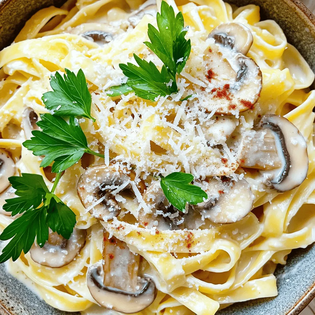 - 300g pasta (fettuccine or tagliatelle) - 250g mushrooms (any variety, sliced) - 1 cup heavy cream - 2 tablespoons olive oil - 1 small onion, finely chopped - 2 cloves garlic, minced - 1/2 cup grated Parmesan cheese - Salt and pepper to taste - Fresh parsley, chopped (for garnish) - 1/2 teaspoon smoked paprika - 1 tablespoon balsamic vinegar Gathering the right ingredients makes all the difference. I love fettuccine or tagliatelle for this dish because they hold the sauce well. Use any mushrooms you like; they add great flavor. Heavy cream creates that rich, smooth base. Olive oil helps cook the onions and garlic, adding depth. The Parmesan brings a salty, cheesy touch that melts beautifully. Don’t forget salt and pepper to enhance all those flavors. Fresh parsley adds color and freshness to your plate. Smoked paprika gives a hint of warmth, while balsamic vinegar adds a touch of tang. Together, these ingredients create a dish that is both comforting and elegant. For the full recipe, check out the [Full Recipe]. To cook pasta just right, start with a large pot. Fill it with water and add salt. Bring the water to a rolling boil. Add your pasta and stir gently. Cook it until it is al dente, which means it is firm but not hard. This usually takes about 8 to 10 minutes. After cooking, drain the pasta in a colander. Remember to save half a cup of pasta water. This water is starchy and will help the sauce stick later. To sauté onions and garlic, use a large skillet. Heat two tablespoons of olive oil over medium heat. Add the finely chopped onion and cook for about three minutes. You want it to be soft and clear. Then, add two minced garlic cloves and stir for about 30 seconds. Next, add your sliced mushrooms. Cook them for five to seven minutes. You want them browned and tender, which brings out their flavor. Creating a smooth cream sauce is easy. Lower the heat and pour in one cup of heavy cream. Stir it gently and let it simmer for about three minutes. This helps it thicken. Now, add half a cup of grated Parmesan cheese. Stir until it melts into the cream. This step adds a rich flavor. To toss the pasta with the sauce, add the drained pasta to the skillet. Gently mix it so every piece is coated in the creamy sauce. If the sauce seems too thick, use the reserved pasta water. Just add a little at a time until you reach your desired consistency. This part is key for a great dish. It helps the sauce cling to the pasta. If you want to find the full recipe, you can refer back to the beginning of this article. To get a rich flavor, I recommend using heavy cream. It makes the sauce thick and smooth. If you want a lighter option, try half-and-half. Cream cheese can also add a nice tang. Cheese plays a key role in this sauce too. I suggest using grated Parmesan. It melts well and adds depth. Spices can boost the taste of your dish. I love adding a pinch of garlic powder for warmth. Fresh herbs like thyme or basil can brighten the flavors. Balsamic vinegar is a game changer. It adds sweetness and a slight tang. A splash enhances the overall flavor. How you serve the pasta matters. Use shallow bowls for a nice look. You can sprinkle extra Parmesan on top for style. Fresh parsley adds a pop of green. For an elegant touch, drizzle with balsamic reduction. This makes your Creamy Bacon Mushroom Pasta appealing and delicious. {{image_2}} If you need gluten-free options, use gluten-free pasta. Many brands offer great alternatives. Look for brown rice or chickpea pasta for added fiber. These choices cook well and pair nicely with the creamy sauce. For those avoiding dairy, you can substitute heavy cream with coconut cream or cashew cream. Both options provide a rich texture. They also add a slight sweetness that works well in the dish. Want to make this dish heartier? You can add proteins like chicken or shrimp. Cook chicken breast in the skillet before adding mushrooms. This method allows the chicken to soak up all the flavors. If you prefer shrimp, add them after the mushrooms are tender. Cook them just until pink to avoid overcooking. Adjust cooking times based on what protein you use. Chicken usually takes longer than shrimp. Always ensure the protein is fully cooked before mixing with pasta. Get creative with your veggies! Spinach, bell peppers, or zucchini can add color and flavor. Simply sauté them with onions and garlic. This method integrates their taste into the sauce. Don't forget about herbs and cheeses! Basil, thyme, or even a pinch of red pepper flakes can elevate your dish. Mixing in different cheeses, like goat cheese or feta, gives a new twist. Experimenting keeps each meal fresh and exciting. For the full recipe, check out the full recipe section! After enjoying your creamy bacon mushroom pasta, you may have some leftovers. To store them properly, place your pasta in an airtight container. This helps keep it fresh. Make sure to refrigerate it within two hours of cooking. This prevents any bacterial growth. When stored this way, your pasta can last for up to three days. To keep the pasta tasting fresh, you can add a splash of olive oil. This keeps the noodles from sticking together. Before you serve it again, add a bit of fresh cream or pasta water. This will revive the creamy texture and flavor. If you want to save your creamy bacon mushroom pasta for later, freezing is a great option. Allow the pasta to cool completely. Then, transfer it into freezer-safe containers. Make sure to leave some space at the top, as the pasta will expand. It can stay fresh in the freezer for up to three months. When you're ready to eat it, thaw the pasta in the fridge overnight. Reheating is easy! Simply warm it on the stove over low heat. Add a splash of cream or reserved pasta water to keep it creamy. Stir frequently to avoid burning. Enjoy your meal just like the first time! You can use half-and-half for a lighter sauce. It has less fat but still adds creaminess. Another option is coconut milk. It gives a unique flavor while keeping it dairy-free. You can also mix milk with a bit of cornstarch. This mix thickens the sauce without heavy cream. Yes, you can make this dish vegetarian. Skip the bacon and use mushrooms for a savory taste. Add more garlic and herbs for depth. You can also toss in some spinach or kale for extra nutrition. These greens will add color and flavor without meat. To reheat pasta, use a skillet on low heat. Add a splash of water or cream to keep it moist. Stir gently to warm it through. You can also use the microwave. Heat in short bursts and stir in between to avoid drying out. Absolutely! You can use any pasta you like. Penne, rigatoni, or even whole wheat pasta work well. Each type brings a different texture. Just make sure to adjust cooking times based on the pasta shape you choose. This blog post guides you through making creamy bacon mushroom pasta. You learned about the essential ingredients, cooking methods, and tips for perfecting the sauce. I shared ways to customize the recipe for dietary needs and how to store leftovers. Final thoughts: this dish is simple yet delicious. Experiment and enjoy your homemade pasta. Each bite will bring satisfaction!