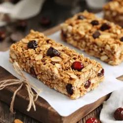 - 2 cups rolled oats - 1 cup almonds, chopped - 1/2 cup dried cherries, chopped - 1/2 cup honey or maple syrup - 1/4 cup almond butter - 1/4 teaspoon salt - 1/2 teaspoon vanilla extract - 1/4 cup mini dark chocolate chips (optional) These ingredients come together to form a delightful snack. Each one plays a key role. The rolled oats provide the base, while chopped almonds add a crunchy texture. Dried cherries give a sweet and tart flavor. Honey or maple syrup binds everything, adding sweetness. Almond butter adds creaminess and healthy fats. Salt enhances the taste, and vanilla adds warmth. Finally, dark chocolate chips give a little extra joy. One serving of these bars has about 200 calories. You get around 5 grams of protein, 10 grams of fat, and 25 grams of carbohydrates. Each bar also packs in about 3 grams of fiber, which is great for digestion. Cherries are rich in antioxidants. They help fight free radicals and reduce inflammation. Almonds provide healthy fats, which are good for your heart. Oats boost your energy and keep you full. They are full of vitamins and minerals, making this snack both tasty and good for you. First, preheat your oven to 350°F (175°C). This ensures the granola bars bake evenly. Next, line a 9x9 inch baking dish with parchment paper. Leave some paper hanging over the edges. This makes it easy to lift the bars out later. In a large mixing bowl, measure 2 cups of rolled oats and 1 cup of chopped almonds. Stir them together well. This mix gives the bars a great crunch and nutty flavor. In a small saucepan, combine 1/2 cup of honey (or maple syrup), 1/4 cup of almond butter, 1/4 teaspoon of salt, and 1/2 teaspoon of vanilla extract. Heat this mixture over low heat. Stir until it is smooth and well combined. This step adds sweetness and flavor to your bars. Pour the warm wet mixture over the oat and almond mix. Stir until everything is evenly coated. Now fold in 1/2 cup of chopped dried cherries and 1/4 cup of mini dark chocolate chips if you want some extra sweetness. This step adds fruity goodness and a hint of chocolate. Transfer the mixture into the lined baking dish. Spread it evenly and press it down firmly. Bake in the preheated oven for 20-25 minutes. Keep an eye on it. You want the edges to turn golden brown. This is a good sign that they are done. Once baked, remove the dish from the oven. Let it cool in the pan for about 10 minutes. Use the parchment paper to lift the granola out of the dish. Allow it to cool completely on a wire rack. After cooling, cut it into bars. Enjoy your tasty snack! For the full recipe, check out the details above. To make your granola bars just right, think about sweetness. You can adjust sweetness by adding more or less honey or maple syrup. If you want less sugar, use more almond butter. Almond butter gives a nutty flavor and smooth texture. You can also try peanut butter or sun butter for a twist. Store your bars in an airtight container. This keeps them fresh and chewy. If you want them to last longer, place a piece of wax paper between layers. These bars can last up to two weeks at room temperature. For longer storage, freeze them. They can last up to three months in the freezer. Pair your granola bars with yogurt or fresh fruit. They make a great snack with a smoothie, too. For gatherings, stack them neatly on a platter. You can also wrap them in parchment paper and tie with twine. This gives a rustic look and is perfect for gifts. {{image_2}} You can switch up the nuts in your granola bars. Try using walnuts or pecans instead of almonds. Each nut brings its own flavor and texture. For seeds, sunflower or pumpkin seeds work well. They add crunch and extra nutrients. You can also change the dried fruit. Instead of cherries, use cranberries or raisins. You can even mix different fruits for a burst of flavor. Each fruit choice alters the taste, making it fun to experiment. If you need gluten-free granola bars, use certified gluten-free oats. This simple swap makes your snack safe for gluten-sensitive folks. For a vegan version, replace honey with maple syrup. Almond butter is already vegan, so you’re set. This keeps the bars sweet and tasty while staying plant-based. Add spices like cinnamon for a warm twist. Just a dash of nutmeg can also elevate the flavor. These spices give your bars a cozy, homemade feel. If you're looking for extra protein, mix in some protein powder. This adds nutrition without changing the taste too much. It’s a great way to make your snack even more filling. Yes, you can use other nuts like walnuts or pecans. Each nut adds its own flavor and crunch. Walnuts give a softer bite, while pecans add a buttery taste. Almonds add a nice crunch, which can enhance texture in your bars. To make your bars chewy, reduce baking time by a few minutes. If you prefer them crunchy, bake them a little longer. You can also add more honey or almond butter for chewiness. This balance in texture lets you enjoy them your way. Absolutely! These bars are packed with good nutrients. They have healthy fats and fiber from the nuts and oats. Kids can enjoy them as a snack or even breakfast. Plus, they are easy to grab and eat on the go. Yes, you can freeze them! Wrap each bar in plastic wrap or foil. Place the bars in a freezer-safe bag or container. They will last for up to three months. To thaw, just leave them at room temperature for a few hours before eating. This Cherry Almond Granola Bar recipe uses simple, healthy ingredients. You need rolled oats, almonds, dried cherries, honey (or maple syrup), almond butter, salt, and vanilla. Optional mini dark chocolate chips add extra flavor. 1. Preheat your oven to 350°F (175°C). 2. Mix oats and almonds in a bowl. 3. Heat honey, almond butter, salt, and vanilla until smooth. 4. Combine wet and dry ingredients, then fold in cherries and chocolate. 5. Bake for 20-25 minutes until golden. You’ll get 12 tasty bars in about 45 minutes total, including prep time. Feel free to swap ingredients based on your taste. Instead of almonds, try walnuts or cashews for a different nutty flavor. You can also use any dried fruit you like, such as cranberries or raisins. If you want a sweeter bar, add more honey or maple syrup. For a nutty twist, mix in some cinnamon or nutmeg. Enjoy crafting your own version of these delicious granola bars! You now have a tasty recipe for Cherry Almond Granola Bars. We covered the main ingredients and their health benefits, emphasizing oats’ energy boost, almonds’ healthy fats, and cherries’ antioxidants. I walked you through easy steps, helpful tips, and how to adjust for dietary needs. These bars offer delicious flavor and good nutrition. Enjoy making them for yourself, or share them with friends and family. They are great for any time of day!