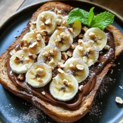 To make your Chocolate Hazelnut Banana Toast, gather these main ingredients: - 4 slices of whole-grain or sourdough bread - 2 ripe bananas, sliced - 1/2 cup chocolate hazelnut spread (like Nutella) - 1/4 cup crushed hazelnuts - 1 tablespoon unsweetened cocoa powder - A pinch of sea salt These ingredients create a delightful mix of textures and flavors. The bread gives a sturdy base, while the bananas add a sweet touch. You can make this recipe your own by adding some optional ingredients: - 1 tablespoon maple syrup (for added sweetness) - A sprinkle of cinnamon (for warmth) - A drizzle of honey (for extra richness) Feel free to adjust these options based on your taste. Each adds a unique twist to the toast. Garnishes can elevate your dish's look and flavor. Here are some ideas: - Fresh mint leaves (for a pop of color) - A dusting of powdered sugar (for sweetness) - Extra crushed hazelnuts (for crunch) These garnishes not only make your toast pretty but also enhance the taste. For the full recipe, check out the detailed steps. Start by toasting your bread. You can use whole-grain or sourdough. Toast it until it is crispy and golden. You can use a toaster or a grill pan for this. The warmth will help the spread melt a bit. While the bread toasts, grab your chocolate hazelnut spread. This will be the star of your toast. Once the bread is ready, spread a thick layer of the chocolate hazelnut spread on each slice. The heat from the bread will make it creamy and rich. Now, it’s time to add the bananas. Slice the ripe bananas into thin rounds. Arrange these slices over the spread, covering all of it. Next, sprinkle crushed hazelnuts on top of the bananas. For extra flavor, you can dust a bit of cocoa powder over everything. If you like it sweet, drizzle some maple syrup on top. Finish with a pinch of sea salt. This will bring out all the flavors. If you want, add fresh mint leaves for a nice touch. Serve your creation warm for the best taste. Enjoy this delightful and easy treat! For the full recipe, check out the details above. For this toast, I like to use whole-grain or sourdough bread. Both types bring great flavor and texture. Whole-grain bread adds fiber, while sourdough gives a nice tang. You can also try multi-grain bread for extra crunch. Choose bread that toasts well and can hold the toppings. Look for ripe bananas with a few spots. This means they are sweet and soft. Avoid bananas that are too green or too brown. If your bananas are still firm, leave them out for a day or two to ripen. The riper the banana, the sweeter your toast will be. You can make this toast even better with some extras. Try adding a drizzle of maple syrup for sweetness. A pinch of sea salt can bring out the chocolate flavor. If you want a fresh touch, add mint leaves on top. Crushed nuts add crunch and flavor too! You can find more ideas in the Full Recipe. {{image_2}} You can switch the chocolate hazelnut spread for other nut butters. Almond butter adds a nice twist. Peanut butter gives a rich taste. Cashew butter is smooth and creamy. Each option brings its own unique flavor. Try them to find your favorite! To make this recipe vegan, use dairy-free bread. Look for spreads that are plant-based. You can find nut butters without dairy easily. Instead of maple syrup, use agave syrup or date syrup. These options keep your toast delicious and vegan-friendly. You can spice up your toast with a few extras. Cinnamon adds warmth and depth. A sprinkle of nutmeg gives a sweet kick. For a crunch, add chia seeds or flaxseeds. Drizzle honey or agave syrup for added sweetness. These tweaks can make your toast even more special. For the full experience, check the Full Recipe for more ideas! If you have extra toast, store it in an airtight container. Keep it in the fridge for up to two days. The bananas may turn brown, but they will still taste good. Avoid stacking the slices to prevent sogginess. To reheat, use a toaster or an oven. Place the toast in a toaster for a few minutes. If using an oven, set it to 350°F (175°C) and warm for about 5-10 minutes. This keeps the toast crispy and warm. You can freeze the toast for later. Wrap each slice in plastic wrap and put them in a freezer bag. They can stay in the freezer for up to a month. When ready to eat, thaw overnight in the fridge and reheat as mentioned above. Enjoy your tasty treat anytime! You can use almond butter or peanut butter. These options offer a nutty flavor. If you want a chocolate taste, try cocoa powder mixed with maple syrup. You can also use sunflower seed butter for a nut-free option. Each substitute will change the flavor but keep it tasty. Yes, you can make this recipe vegan. Use a plant-based chocolate hazelnut spread. Many brands offer vegan spreads. For the optional maple syrup, make sure it’s pure and vegan-friendly. This way, you enjoy a rich, sweet treat without animal products. To boost the health of this toast, use whole-grain or sprouted bread. This adds more fiber. Add fresh fruit, like berries, for vitamins. You can reduce the chocolate hazelnut spread or use a thinner layer. Adding chia seeds or flaxseeds is a great way to add healthy fats. This blog post covered how to make delicious Chocolate Hazelnut Banana Toast. We explored key ingredients, preparation steps, and ways to customize your toast. You learned tips for choosing the best bread and bananas, plus options for vegan or alternative ingredients. Storing leftovers and answers to common questions were also included. Enjoy this tasty treat any time you want a quick snack. Get creative with flavors and toppings. Happy toasting!