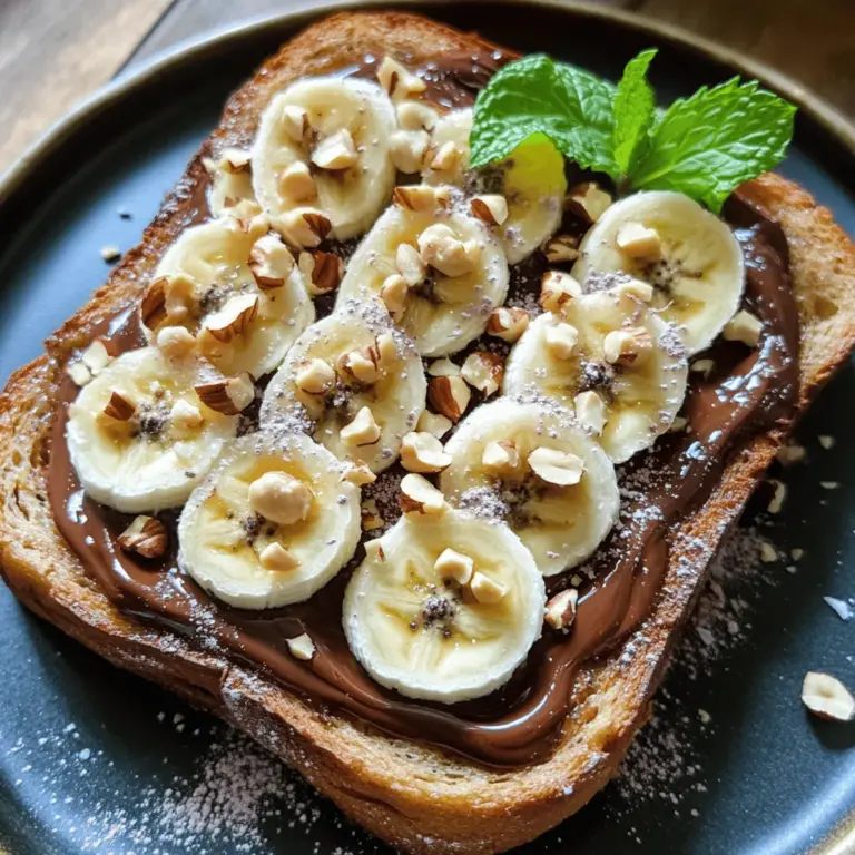 To make your Chocolate Hazelnut Banana Toast, gather these main ingredients: - 4 slices of whole-grain or sourdough bread - 2 ripe bananas, sliced - 1/2 cup chocolate hazelnut spread (like Nutella) - 1/4 cup crushed hazelnuts - 1 tablespoon unsweetened cocoa powder - A pinch of sea salt These ingredients create a delightful mix of textures and flavors. The bread gives a sturdy base, while the bananas add a sweet touch. You can make this recipe your own by adding some optional ingredients: - 1 tablespoon maple syrup (for added sweetness) - A sprinkle of cinnamon (for warmth) - A drizzle of honey (for extra richness) Feel free to adjust these options based on your taste. Each adds a unique twist to the toast. Garnishes can elevate your dish's look and flavor. Here are some ideas: - Fresh mint leaves (for a pop of color) - A dusting of powdered sugar (for sweetness) - Extra crushed hazelnuts (for crunch) These garnishes not only make your toast pretty but also enhance the taste. For the full recipe, check out the detailed steps. Start by toasting your bread. You can use whole-grain or sourdough. Toast it until it is crispy and golden. You can use a toaster or a grill pan for this. The warmth will help the spread melt a bit. While the bread toasts, grab your chocolate hazelnut spread. This will be the star of your toast. Once the bread is ready, spread a thick layer of the chocolate hazelnut spread on each slice. The heat from the bread will make it creamy and rich. Now, it’s time to add the bananas. Slice the ripe bananas into thin rounds. Arrange these slices over the spread, covering all of it. Next, sprinkle crushed hazelnuts on top of the bananas. For extra flavor, you can dust a bit of cocoa powder over everything. If you like it sweet, drizzle some maple syrup on top. Finish with a pinch of sea salt. This will bring out all the flavors. If you want, add fresh mint leaves for a nice touch. Serve your creation warm for the best taste. Enjoy this delightful and easy treat! For the full recipe, check out the details above. For this toast, I like to use whole-grain or sourdough bread. Both types bring great flavor and texture. Whole-grain bread adds fiber, while sourdough gives a nice tang. You can also try multi-grain bread for extra crunch. Choose bread that toasts well and can hold the toppings. Look for ripe bananas with a few spots. This means they are sweet and soft. Avoid bananas that are too green or too brown. If your bananas are still firm, leave them out for a day or two to ripen. The riper the banana, the sweeter your toast will be. You can make this toast even better with some extras. Try adding a drizzle of maple syrup for sweetness. A pinch of sea salt can bring out the chocolate flavor. If you want a fresh touch, add mint leaves on top. Crushed nuts add crunch and flavor too! You can find more ideas in the Full Recipe. {{image_2}} You can switch the chocolate hazelnut spread for other nut butters. Almond butter adds a nice twist. Peanut butter gives a rich taste. Cashew butter is smooth and creamy. Each option brings its own unique flavor. Try them to find your favorite! To make this recipe vegan, use dairy-free bread. Look for spreads that are plant-based. You can find nut butters without dairy easily. Instead of maple syrup, use agave syrup or date syrup. These options keep your toast delicious and vegan-friendly. You can spice up your toast with a few extras. Cinnamon adds warmth and depth. A sprinkle of nutmeg gives a sweet kick. For a crunch, add chia seeds or flaxseeds. Drizzle honey or agave syrup for added sweetness. These tweaks can make your toast even more special. For the full experience, check the Full Recipe for more ideas! If you have extra toast, store it in an airtight container. Keep it in the fridge for up to two days. The bananas may turn brown, but they will still taste good. Avoid stacking the slices to prevent sogginess. To reheat, use a toaster or an oven. Place the toast in a toaster for a few minutes. If using an oven, set it to 350°F (175°C) and warm for about 5-10 minutes. This keeps the toast crispy and warm. You can freeze the toast for later. Wrap each slice in plastic wrap and put them in a freezer bag. They can stay in the freezer for up to a month. When ready to eat, thaw overnight in the fridge and reheat as mentioned above. Enjoy your tasty treat anytime! You can use almond butter or peanut butter. These options offer a nutty flavor. If you want a chocolate taste, try cocoa powder mixed with maple syrup. You can also use sunflower seed butter for a nut-free option. Each substitute will change the flavor but keep it tasty. Yes, you can make this recipe vegan. Use a plant-based chocolate hazelnut spread. Many brands offer vegan spreads. For the optional maple syrup, make sure it’s pure and vegan-friendly. This way, you enjoy a rich, sweet treat without animal products. To boost the health of this toast, use whole-grain or sprouted bread. This adds more fiber. Add fresh fruit, like berries, for vitamins. You can reduce the chocolate hazelnut spread or use a thinner layer. Adding chia seeds or flaxseeds is a great way to add healthy fats. This blog post covered how to make delicious Chocolate Hazelnut Banana Toast. We explored key ingredients, preparation steps, and ways to customize your toast. You learned tips for choosing the best bread and bananas, plus options for vegan or alternative ingredients. Storing leftovers and answers to common questions were also included. Enjoy this tasty treat any time you want a quick snack. Get creative with flavors and toppings. Happy toasting!