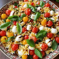 To make a tasty Caprese Pasta Salad, gather these fresh ingredients: - 8 oz (225g) farfalle (bowtie pasta) - 1 cup cherry tomatoes, halved - 1 cup mozzarella balls (bocconcini), halved - 1 cup fresh basil leaves, torn - ½ cup balsamic glaze - 2 tablespoons extra virgin olive oil - Salt and pepper to taste - ½ teaspoon garlic powder (optional) - ¼ cup pine nuts, toasted (for an extra crunch) If you need to swap some ingredients, here are great options: - Use any small pasta shape instead of farfalle, like rotini or penne. - For tomatoes, grape tomatoes work well if you can’t find cherry ones. - Mozzarella can be replaced by feta for a tangy twist. - Add spinach or arugula for extra greens. - If you want a nut-free version, skip the pine nuts or use sunflower seeds. This recipe serves about 4 to 6 people. For a larger group, simply double the amounts. If you want less salad, you can cut the recipe in half. Each serving is light yet filling, perfect as a side dish or a main meal. For the best taste, enjoy the salad cold after chilling it in the fridge for at least 30 minutes. For the full recipe, check out the detailed instructions. Start by boiling water in a large pot. Add salt to the water. This adds flavor. Once the water reaches a boil, add your farfalle pasta. Cook it for about 8-10 minutes or until al dente. Drain the pasta and rinse it under cold water. This stops the cooking and cools it down quickly. Set the pasta aside to cool completely. While the pasta cools, you can chop your fresh ingredients. Take the cherry tomatoes and cut them in half. Then, halve the mozzarella balls. If the basil leaves are big, tear them into smaller pieces. This helps release their flavor. Prepare everything so it is ready when the pasta is cool. In a big mixing bowl, combine the cooled pasta, cherry tomatoes, mozzarella, and basil. This is where the magic happens! In a small bowl, whisk together the balsamic glaze and olive oil. Add salt, pepper, and garlic powder if you want. Pour the dressing over the pasta salad. Toss gently to mix everything well. Finally, fold in the toasted pine nuts for a nice crunch. Let the salad chill in the fridge for at least 30 minutes. This allows the flavors to blend beautifully. You can find the full recipe [Full Recipe]. To make your Caprese pasta salad shine, focus on texture and flavor. Use farfalle pasta for its fun shape. Cook it just until al dente; this keeps the pasta firm. Rinse it in cold water to stop cooking. This helps the pasta hold onto the dressing better. For flavor, use fresh basil. Tear the leaves instead of chopping them. This keeps the oils intact, giving a strong flavor. Don't forget to season with salt and pepper. A pinch of garlic powder can add a nice kick too! Serve your salad in a large, beautiful bowl. Drizzle some extra balsamic glaze on top for a glossy look. Garnish with whole basil leaves for a pop of green. You can also sprinkle toasted pine nuts on top for crunch. This adds a nice contrast to the soft cheese and tomatoes. If you want to impress, serve it with some crusty bread on the side. This makes for a lovely meal or a great side dish at gatherings. Choose seasonal ingredients for the best taste. In summer, opt for ripe cherry tomatoes. They are sweeter and juicier. Fresh basil is also at its peak during this time. In fall, you can switch to roasted squash or pumpkin seeds for a twist. You can even add arugula for a peppery flavor. Using seasonal ingredients makes your dish fresh and vibrant. It also supports local farmers and markets. This way, you get the best quality for your pasta salad. Enjoy the Full Recipe to create this delightful dish! {{image_2}} Caprese pasta salad is naturally vegetarian. For a vegan twist, skip the mozzarella. You can use vegan cheese or avocado instead. Both add creaminess and keep it fresh. Fresh herbs like parsley or cilantro can brighten the dish further. You can switch up the pasta to make it fun. Use penne, rotini, or even whole wheat pasta. Each type brings a different bite and texture. Try gluten-free pasta if you need a gluten-free option. The shape and texture will change, but the taste stays great. For extra protein, add grilled chicken or shrimp. Chickpeas or black beans work well too. They add texture and make it filling. You can also toss in veggies like bell peppers, spinach, or zucchini. These add color and nutrition without changing the dish's essence. For the full recipe, check out Caprese Pasta Salad. Store any leftover Caprese pasta salad in the fridge. Use an airtight container for best results. This helps keep your salad fresh and tasty. It’s best to eat leftovers within three days. I recommend glass containers for storing your salad. They do not stain or hold odors. Plastic containers work too, but make sure they are BPA-free. Choose containers that fit the amount of salad you have. You can enjoy this salad cold or at room temperature. If you prefer warm pasta, heat it gently in the microwave. Use a microwave-safe dish and cover it with a lid. Heat in short intervals. Stir in between to avoid hot spots. Be careful not to cook it too long, as the fresh ingredients may wilt. For the best taste, I suggest serving it fresh rather than reheated. For the full recipe, check out the Caprese Pasta Salad section. You can use balsamic vinegar instead. Just add a little sugar to sweeten it. You can also try a mixture of red wine vinegar and honey. This gives a nice tang and sweetness too. Yes, you can make this salad a few hours ahead. It tastes even better when the flavors mix. Just cover it and chill in the fridge until you are ready to serve. Absolutely! This salad holds up well in meal prep. Just store it in airtight containers. It makes for quick lunches or easy dinners during the week. It lasts about 3 to 5 days in the fridge. To keep it fresh, store it in a tight container. Just give it a quick toss before serving again. You can use dried basil, but fresh is best for flavor. If using dried, use less since it’s stronger. About one teaspoon of dried basil should work well. For the full recipe, check out the detailed steps and enjoy this fresh and flavorful dish! This blog post shared all you need for a tasty Caprese Pasta Salad. We covered ingredients, steps to cook, and tips for great flavor. You learned how to add optional items and store leftovers for later use. I hope you feel confident to make your own version. Experiment with different flavors and ingredients. Enjoy your cooking and share your good results!