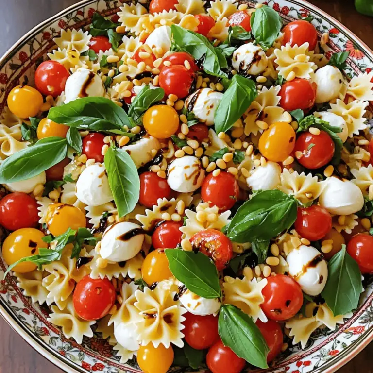 To make a tasty Caprese Pasta Salad, gather these fresh ingredients: - 8 oz (225g) farfalle (bowtie pasta) - 1 cup cherry tomatoes, halved - 1 cup mozzarella balls (bocconcini), halved - 1 cup fresh basil leaves, torn - ½ cup balsamic glaze - 2 tablespoons extra virgin olive oil - Salt and pepper to taste - ½ teaspoon garlic powder (optional) - ¼ cup pine nuts, toasted (for an extra crunch) If you need to swap some ingredients, here are great options: - Use any small pasta shape instead of farfalle, like rotini or penne. - For tomatoes, grape tomatoes work well if you can’t find cherry ones. - Mozzarella can be replaced by feta for a tangy twist. - Add spinach or arugula for extra greens. - If you want a nut-free version, skip the pine nuts or use sunflower seeds. This recipe serves about 4 to 6 people. For a larger group, simply double the amounts. If you want less salad, you can cut the recipe in half. Each serving is light yet filling, perfect as a side dish or a main meal. For the best taste, enjoy the salad cold after chilling it in the fridge for at least 30 minutes. For the full recipe, check out the detailed instructions. Start by boiling water in a large pot. Add salt to the water. This adds flavor. Once the water reaches a boil, add your farfalle pasta. Cook it for about 8-10 minutes or until al dente. Drain the pasta and rinse it under cold water. This stops the cooking and cools it down quickly. Set the pasta aside to cool completely. While the pasta cools, you can chop your fresh ingredients. Take the cherry tomatoes and cut them in half. Then, halve the mozzarella balls. If the basil leaves are big, tear them into smaller pieces. This helps release their flavor. Prepare everything so it is ready when the pasta is cool. In a big mixing bowl, combine the cooled pasta, cherry tomatoes, mozzarella, and basil. This is where the magic happens! In a small bowl, whisk together the balsamic glaze and olive oil. Add salt, pepper, and garlic powder if you want. Pour the dressing over the pasta salad. Toss gently to mix everything well. Finally, fold in the toasted pine nuts for a nice crunch. Let the salad chill in the fridge for at least 30 minutes. This allows the flavors to blend beautifully. You can find the full recipe [Full Recipe]. To make your Caprese pasta salad shine, focus on texture and flavor. Use farfalle pasta for its fun shape. Cook it just until al dente; this keeps the pasta firm. Rinse it in cold water to stop cooking. This helps the pasta hold onto the dressing better. For flavor, use fresh basil. Tear the leaves instead of chopping them. This keeps the oils intact, giving a strong flavor. Don't forget to season with salt and pepper. A pinch of garlic powder can add a nice kick too! Serve your salad in a large, beautiful bowl. Drizzle some extra balsamic glaze on top for a glossy look. Garnish with whole basil leaves for a pop of green. You can also sprinkle toasted pine nuts on top for crunch. This adds a nice contrast to the soft cheese and tomatoes. If you want to impress, serve it with some crusty bread on the side. This makes for a lovely meal or a great side dish at gatherings. Choose seasonal ingredients for the best taste. In summer, opt for ripe cherry tomatoes. They are sweeter and juicier. Fresh basil is also at its peak during this time. In fall, you can switch to roasted squash or pumpkin seeds for a twist. You can even add arugula for a peppery flavor. Using seasonal ingredients makes your dish fresh and vibrant. It also supports local farmers and markets. This way, you get the best quality for your pasta salad. Enjoy the Full Recipe to create this delightful dish! {{image_2}} Caprese pasta salad is naturally vegetarian. For a vegan twist, skip the mozzarella. You can use vegan cheese or avocado instead. Both add creaminess and keep it fresh. Fresh herbs like parsley or cilantro can brighten the dish further. You can switch up the pasta to make it fun. Use penne, rotini, or even whole wheat pasta. Each type brings a different bite and texture. Try gluten-free pasta if you need a gluten-free option. The shape and texture will change, but the taste stays great. For extra protein, add grilled chicken or shrimp. Chickpeas or black beans work well too. They add texture and make it filling. You can also toss in veggies like bell peppers, spinach, or zucchini. These add color and nutrition without changing the dish's essence. For the full recipe, check out Caprese Pasta Salad. Store any leftover Caprese pasta salad in the fridge. Use an airtight container for best results. This helps keep your salad fresh and tasty. It’s best to eat leftovers within three days. I recommend glass containers for storing your salad. They do not stain or hold odors. Plastic containers work too, but make sure they are BPA-free. Choose containers that fit the amount of salad you have. You can enjoy this salad cold or at room temperature. If you prefer warm pasta, heat it gently in the microwave. Use a microwave-safe dish and cover it with a lid. Heat in short intervals. Stir in between to avoid hot spots. Be careful not to cook it too long, as the fresh ingredients may wilt. For the best taste, I suggest serving it fresh rather than reheated. For the full recipe, check out the Caprese Pasta Salad section. You can use balsamic vinegar instead. Just add a little sugar to sweeten it. You can also try a mixture of red wine vinegar and honey. This gives a nice tang and sweetness too. Yes, you can make this salad a few hours ahead. It tastes even better when the flavors mix. Just cover it and chill in the fridge until you are ready to serve. Absolutely! This salad holds up well in meal prep. Just store it in airtight containers. It makes for quick lunches or easy dinners during the week. It lasts about 3 to 5 days in the fridge. To keep it fresh, store it in a tight container. Just give it a quick toss before serving again. You can use dried basil, but fresh is best for flavor. If using dried, use less since it’s stronger. About one teaspoon of dried basil should work well. For the full recipe, check out the detailed steps and enjoy this fresh and flavorful dish! This blog post shared all you need for a tasty Caprese Pasta Salad. We covered ingredients, steps to cook, and tips for great flavor. You learned how to add optional items and store leftovers for later use. I hope you feel confident to make your own version. Experiment with different flavors and ingredients. Enjoy your cooking and share your good results!