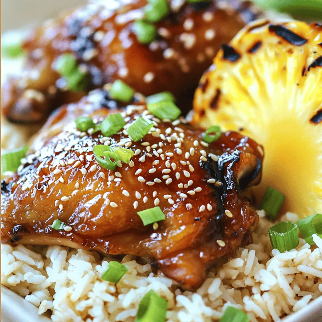 To make Huli Huli chicken, gather these key ingredients: - 4 chicken thighs (bone-in, skin-on for juiciness) - 1/2 cup soy sauce - 1/4 cup honey - 1/4 cup pineapple juice (freshly squeezed for best flavor) - 3 cloves garlic, minced - 1 inch fresh ginger, grated - 1 teaspoon sesame oil - 1/2 teaspoon red pepper flakes (adjust for spice preference) - 1/4 cup green onions, chopped (for garnish) - 1/4 cup sesame seeds (for garnish) - Cooked jasmine rice (for serving) These ingredients create a sweet and savory flavor that makes this dish so special. You can add your own twist to Huli Huli chicken with these options: - Fresh herbs like cilantro or parsley for a fresh touch - Extra spices like five-spice powder for a bolder taste - Sliced jalapeños for added heat - Grilled pineapple slices for sweetness Feel free to mix and match to create your perfect dish! For the best results, use these tools: - A grill (charcoal or gas) for that smoky flavor - A large bowl for mixing the marinade - A whisk or fork to blend the marinade well - Tongs for flipping the chicken on the grill - A meat thermometer to ensure safe cooking Having the right tools makes grilling easier and more fun. For the full recipe, check the detailed instructions! To start with Huli Huli chicken, you need to prepare the marinade. Combine soy sauce, honey, pineapple juice, minced garlic, grated ginger, sesame oil, and red pepper flakes in a bowl. Whisk these together until mixed well. Next, add the chicken thighs to the bowl. Make sure they are fully coated in the marinade. Cover the bowl and put it in the fridge. Let it marinate for at least an hour. If you have time, marinate overnight for the best taste. When it's time to grill, preheat your grill to medium-high heat. If you use charcoal, create a two-zone fire. This helps control the heat better. Take the chicken out of the marinade. Let any extra marinade drip off. Place the chicken skin side down on the grill. Cook it for about 6-7 minutes. Look for crispy, brown skin. Then flip the chicken over. Brush it with leftover marinade. Grill for another 7-8 minutes. Check the internal temperature; it should reach 165°F (75°C). In the last few minutes, brush on a bit more marinade for extra flavor. Once the chicken is done, take it off the grill. Let it rest for about 5-10 minutes. This step helps keep the juices in. For serving, place the chicken on a bed of jasmine rice. Drizzle some glaze from the grill over the chicken. Garnish it with chopped green onions and sesame seeds. For a fun touch, add grilled pineapple slices on the side. This adds a nice pop of color and flavor. Enjoy your tasty Huli Huli chicken! For the full recipe, check out the detailed instructions above. To get juicy and tender Huli Huli chicken, focus on the grill heat. Medium-high heat works best. Start with skin-side down. This helps crisp the skin and lock in moisture. Use a meat thermometer to check for doneness. Aim for 165°F (75°C) inside. This ensures the chicken is safe to eat. Marinating is key for flavor and moisture. I recommend marinating the chicken for at least one hour. For the best taste, marinate overnight. The longer you marinate, the deeper the flavors will soak in. Use a mix of soy sauce, honey, and pineapple juice for a sweet and savory balance. Many home cooks make simple mistakes. Here are a few to watch for: - Not Preheating the Grill: Always preheat your grill. This prevents sticking and ensures even cooking. - Skipping the Marinade: Don’t skip marinating. It adds flavor and keeps the chicken juicy. - Overcooking: Keep an eye on the time. Overcooked chicken dries out quickly. - Flipping Too Soon: Let the chicken sear before flipping. This helps create nice grill marks. By following these tips, you can make the perfect Huli Huli chicken every time. For the full recipe, check out the recipe section above. {{image_2}} You can enhance Huli Huli chicken by adding fresh fruit. Grilled pineapple is a classic choice. It adds sweetness and pairs perfectly with the savory chicken. You can also try mango, papaya, or even peaches. Just slice the fruit and grill it alongside the chicken. This adds color and makes the dish more vibrant. Feel free to experiment with different fruits to find your favorite combination. You can still enjoy Huli Huli flavor without chicken. Try using tofu or tempeh for a great vegetarian option. Marinate these proteins just like you would the chicken. Use the same sauce of soy sauce, honey, and pineapple juice. Grill them until they are golden brown. You can also use portobello mushrooms for a meaty texture. Each option will give you that delicious tropical taste without meat. When serving Huli Huli chicken, choose sides that balance its flavors. Jasmine rice is a great choice. Its mild taste lets the chicken shine. You can also serve grilled vegetables like zucchini, bell peppers, and corn for added color and nutrients. A fresh salad with a citrus dressing works well too. This lightens the meal and adds crunch. Don’t forget about a refreshing coleslaw to enhance that tropical vibe. To store leftover Huli Huli chicken, follow these steps: - Let the chicken cool to room temperature. - Place it in an airtight container. - Keep it in the fridge. - Consume within 3-4 days for best taste. Cold chicken can still be great. It makes a tasty salad or sandwich. Just chop it and mix with some greens or your favorite dressing. When you’re ready to enjoy your leftovers, here’s how to reheat them: - Preheat your oven to 350°F (175°C). - Place the chicken on a baking sheet. - Cover it with foil to keep moisture in. - Heat for about 15-20 minutes, or until warm. This method makes the chicken juicy again. You can also reheat in a skillet. Just add a splash of water, cover, and heat gently. If you want to freeze Huli Huli chicken, do this: - Wrap the chicken tightly in plastic wrap. - Then place it in a freezer bag. - Squeeze out as much air as possible. For best quality, eat it within 2-3 months. When ready to use, thaw it in the fridge overnight. To reheat, follow the tips I shared earlier. This way, you keep the flavor and texture amazing. Huli Huli Chicken is a Hawaiian dish. It features grilled chicken with a sweet and savory sauce. The name "Huli" means "turn" in Hawaiian. This refers to how you turn the chicken while grilling. This dish has roots in Hawaiian culture, dating back to the 1950s. It was popularized by local festivals and food trucks. Yes, you can make Huli Huli Chicken in the oven. Preheat your oven to 400°F (200°C). Marinate the chicken as usual. Place the chicken on a baking sheet lined with foil. Bake for 25-30 minutes, turning halfway. Use a meat thermometer to check for doneness. It should reach an internal temp of 165°F (75°C). Some great side dishes include: - Jasmine rice - Grilled vegetables - Pineapple slices - Coleslaw - Macaroni salad These sides balance the sweet flavors of the chicken. They also add a nice crunch and freshness. You can find authentic Huli Huli Chicken at Hawaiian restaurants or food trucks. Many local fairs and festivals also serve it. If you visit Hawaii, look for roadside stands. They often feature the best versions of this dish, made with local ingredients. To make the Full Recipe at home, follow these steps: 1. Marinate the chicken with soy sauce, honey, and pineapple juice. 2. Grill the chicken on medium-high heat for about 15 minutes total. 3. Let it rest before serving over jasmine rice. 4. Garnish with green onions and sesame seeds. This method ensures you enjoy a delicious meal. Huli Huli chicken offers simple ingredients and great flavor. You can make it unique with different options for spices and sides. Follow the step-by-step guide for preparation, grilling, and serving tips. Remember to avoid common mistakes to achieve the best results. With a few variations, you can please any palate. Don’t forget to store leftovers properly for future meals. Enjoy creating this dish and impress your friends and family with your skills. Dive into your next cooking adventure with Huli Huli chicken!