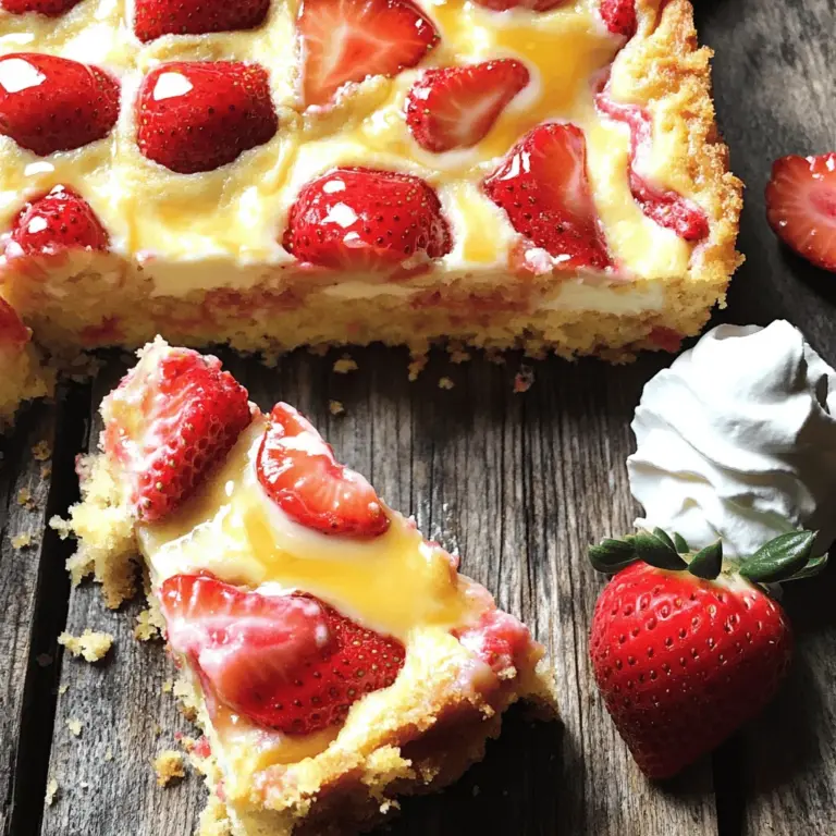 To make the Strawberry Cheesecake Dump Cake, you need some simple ingredients. Here is the list: - 1 box of yellow cake mix - 1 (8 oz) package of cream cheese, softened - 1 cup powdered sugar - 1 cup fresh strawberries, hulled and sliced (or frozen, thawed) - 1/2 cup unsalted butter, melted - 1 cup milk - 1 teaspoon vanilla extract - 1/2 teaspoon almond extract (optional) - Whipped cream or cool whip (for serving) These ingredients create a delicious mix of flavors. The yellow cake mix gives a light base. The cream cheese adds a rich, creamy layer. Fresh strawberries bring a sweet burst of flavor. The butter and milk keep everything moist. Vanilla and almond extracts add a delightful touch. You can serve it with whipped cream for extra sweetness. When you gather these ingredients, you set yourself up for a tasty treat. This recipe is easy to follow and always a hit at gatherings. For the full recipe, check out the instructions that guide you step by step! - Preheat oven to 350°F (175°C). - Beat cream cheese until smooth. - Combine cake mix, milk, and melted butter. Start by preheating your oven. This step is key. While it heats, take a mixing bowl. Add softened cream cheese and beat it. You want it creamy and smooth. Then, grab another large bowl. Mix together the yellow cake mix, milk, and melted butter. It should become a thick batter. - Spread half the batter in a baking dish. - Add cream cheese mixture and sliced strawberries. - Top with remaining cake batter. Now, take a greased 9x13 inch baking dish. Spread half of your cake batter evenly in it. Next, spoon dollops of the cream cheese mixture on top. Sprinkle half of your sliced strawberries over this layer. Finally, pour the rest of the cake batter over everything. Make sure to cover the cream cheese and strawberries well. - Bake for 45-50 minutes. - Toothpick test for doneness. - Cool before serving. Place your dish in the oven. Bake for 45 to 50 minutes. Check for doneness with a toothpick. Insert it into the center of the cake. If it comes out clean, your cake is ready. Let it cool for about 10 minutes before slicing. Now, you can enjoy your warm strawberry cheesecake dump cake! For full details, check the Full Recipe. To make the best Strawberry Cheesecake Dump Cake, follow these simple tips. First, make sure your cream cheese is at room temperature. This helps it mix smoothly. Next, use fresh strawberries for the best flavor. Fresh fruit gives a bright taste. Lastly, don’t overmix the batter. Mixing just until combined keeps the cake light and fluffy. You can serve this cake warm or at room temperature. Warm cake offers a cozy treat. For a special touch, add whipped cream or fresh berries on top. These garnishes make the dessert look fancy and taste even better. Avoid overbaking the cake. Check for doneness with a toothpick. Remove it from the oven when it comes out clean. Another mistake is uneven cream cheese distribution. Make sure to dollop the cream cheese mixture evenly for the best results. This helps every bite taste great. {{image_2}} You can change up the fruit in this recipe. Try blueberries or raspberries for a new twist. They add a fresh taste and change the look. You can also swap the yellow cake mix. Use chocolate or vanilla cake mix instead. Each flavor brings a unique spin to the dessert. If you need gluten-free options, look for gluten-free cake mixes. Many brands offer great choices. For dairy-free diets, use cream cheese made from plant-based ingredients. Both options keep the taste and texture delicious. Want to make it fun? Turn this dump cake into cupcakes. Bake individual portions in muffin tins. You can also layer the cake in a trifle dish for a stunning dessert. Drizzle with chocolate or caramel sauce for extra sweetness. These simple changes make this treat even more special. For the complete recipe, check the Full Recipe section. To store leftovers, let the cake cool completely. Cut it into squares and place them in an airtight container. Keep the container in the fridge. This way, the cake stays fresh. To reheat the cake, take a square and warm it in the microwave. Heat it for about 15-20 seconds. Check if it's warm enough. If not, add a few more seconds. You can keep Strawberry Cheesecake Dump Cake in the fridge for about 3-5 days. After that, it may start to lose its taste and texture. Signs of spoilage include a change in smell or appearance. If you see mold or an off odor, it is best to throw it out. To freeze individual portions, cut the cake into squares as before. Wrap each piece tightly in plastic wrap, then place them in a freezer-safe bag. This helps prevent freezer burn. For thawing, take a piece out of the freezer. Leave it in the fridge overnight to thaw slowly. If you're in a hurry, you can warm it slightly in the microwave. Enjoy your Strawberry Cheesecake Dump Cake anytime! For the full recipe, check out the earlier section. Yes, you can make this cake ahead of time. Prepare it and let it cool completely. After cooling, cover it tightly with plastic wrap or foil. Store it in the fridge for up to three days. This allows the flavors to blend. When ready to serve, you can enjoy it cold or warm it up. Just pop it in the oven at 350°F (175°C) for about 10 minutes. You can swap the yellow cake mix for a gluten-free mix if needed. For cream cheese, use dairy-free cream cheese if you want a dairy-free option. If strawberries are out of season, you can use blueberries or raspberries instead. Frozen fruits work great, too. Just make sure to thaw and drain excess water before use. Yes, this recipe can fit several diets. For gluten-free needs, use a gluten-free cake mix. To make it dairy-free, choose dairy-free cream cheese and milk. For a lower-sugar option, you can use a sugar substitute in the cream cheese mixture. Just keep in mind that substitutions may change the taste and texture a bit. In this blog post, we explored how to make a delicious Strawberry Cheesecake Dump Cake. We discussed all the key ingredients, detailed preparation steps, and offered helpful tips for perfecting your cake. I also shared variations and storage tips to keep your cake fresh. This easy recipe is great for any occasion. With a few simple adjustments, you can cater it to different diets or tastes. Enjoy baking and savoring this delightful treat!