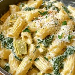 - 8 oz pasta (penne or rotini) - 1 cup frozen spinach - 1 cup canned artichoke hearts - 1/2 cup cream cheese - 1 cup shredded mozzarella cheese - 1/2 cup grated Parmesan cheese - 1 clove garlic - 1 tablespoon olive oil - 1/2 teaspoon crushed red pepper flakes (optional) - Salt and pepper - Fresh parsley for garnish When I make Cheesy Spinach and Artichoke Pasta, I love the bright flavors and creamy texture. This dish is simple yet satisfying. You can easily find all the ingredients at your local store. Using frozen spinach saves time, but fresh spinach works too. Just wash it well and chop it. Canned artichoke hearts add a nice tang. If you want more heat, add crushed red pepper flakes. Cream cheese gives the sauce its rich, creamy feel. Mozzarella and Parmesan add great taste. Always use fresh garlic for the best flavor. Olive oil helps to sauté the garlic, making it fragrant. - Caloric content per serving: About 450 calories - Key nutrients: High in fiber, protein, and vitamins A and C - Tips for healthier alternatives: Use whole grain pasta for added fiber. Try low-fat cream cheese to cut calories. You can also add more veggies like bell peppers or mushrooms. This dish is a great way to enjoy a creamy pasta while also getting your greens! If you want the full recipe, check out the detailed instructions. Start by boiling a large pot of salted water. Use about 1 tablespoon of salt for every 4 quarts of water. This helps flavor the pasta. Once the water is boiling, add 8 ounces of your pasta of choice. I like penne or rotini for this dish. Cook according to package directions until al dente, which means firm to the bite. This usually takes around 8 to 10 minutes. When the pasta is ready, drain it and set aside. Remember to save about 1/2 cup of the pasta water for later. In a large skillet, heat 1 tablespoon of olive oil over medium heat. Add 1 minced clove of garlic to the oil. Sauté the garlic for about 1 minute until it smells great. Be careful not to let it burn. Lower the heat and add 1/2 cup of softened cream cheese. Stir it until it melts into the oil and garlic. If you want a creamier sauce, gradually mix in the reserved pasta water until it reaches the right consistency. Next, stir in 1 cup of shredded mozzarella cheese and 1/2 cup of grated Parmesan cheese. Keep stirring until the cheeses melt and create a smooth sauce. If the sauce is too thick, add a little more pasta water. Now it’s time to add the fun stuff! Fold in 1 cup of chopped artichoke hearts and 1 cup of thawed and drained spinach. Sprinkle in salt, pepper, and crushed red pepper flakes if you like a bit of heat. Gently mix everything together. Finally, add the drained pasta to the skillet and toss it all together. Make sure each piece of pasta is coated in that cheesy goodness. If you need more sauce, just add a bit more pasta water. Your Cheesy Spinach and Artichoke Pasta is now ready to serve! For the full recipe, check out the details above. To make your sauce creamy, you can adjust the reserved pasta water. Start by adding a little at a time. If the sauce feels too thick, add more water until you reach your desired creaminess. This step adds flavor and helps the sauce cling to the pasta. Using room temperature ingredients also helps. Take out your cream cheese and cheeses about 30 minutes before cooking. They mix into the sauce more easily when they warm up a bit. For added flavor, consider using spices and herbs. A pinch of garlic powder or onion powder can boost the taste. You could also add dried basil or oregano for a fresh twist. If you want a bit of heat, crushed red pepper flakes work well. If you want to change the cheese, try using goat cheese or feta. They give a unique flavor that blends nicely with the spinach and artichokes. You can even mix in some cheddar for a sharper taste. Pair your pasta with simple side dishes. A crisp green salad or garlic bread complements the meal well. You can also serve it with steamed veggies for a healthy touch. For garnishing, sprinkle fresh parsley on top right before serving. You can add more grated Parmesan for extra flavor. A drizzle of olive oil adds a nice finish too. {{image_2}} How can you add chicken or shrimp? You can cook diced chicken or shrimp in the skillet after sautéing the garlic. Cook them until they are no longer pink. This will add a nice protein boost to your dish. For vegetarian protein alternatives, consider adding cooked lentils or chickpeas. Both add fiber and protein without meat. You can mix them in with the spinach and artichokes for a hearty meal. What gluten-free pasta options can you use? There are many good types available. Look for pasta made from rice or quinoa. They cook well and taste great. For vegan substitutions, swap out cream cheese and cheeses with plant-based options. Use cashew cream or vegan cream cheese. Nutritional yeast can offer a cheesy flavor without dairy. How about an Instant Pot version of this recipe? Cook the pasta in the Instant Pot using the pasta setting. After cooking, turn off the pot and stir in the cheeses and veggies. It is fast and easy! An oven-baked variant can give you a crispy topping. After mixing your pasta with the sauce, place it in a baking dish. Top with extra cheese and bake at 350°F until golden brown. This adds a delightful crunch to your meal. For the complete recipe, check out the Full Recipe link. To store leftovers, place your Cheesy Spinach and Artichoke Pasta in an airtight container. This keeps the pasta fresh and prevents odors. You can refrigerate it for up to three days. When reheating, use a skillet over low heat. Add a splash of water or milk to keep it creamy. Stir often until heated through, but do not let it boil. This method helps maintain texture and flavor. If you want to freeze leftovers, let the pasta cool completely first. Then, transfer it to a freezer-safe container. Be sure to leave some space for expansion. You can freeze it for up to two months. When ready to eat, thaw the pasta overnight in the fridge. To reheat, warm it in a skillet over low heat. Add a little liquid if needed to get back that creamy consistency. In the fridge, Cheesy Spinach and Artichoke Pasta stays good for up to three days. If it smells sour or has changed color, it’s best to toss it. Always use your senses to check if the pasta is still safe to eat. Enjoy your dish fresh, but knowing how to store it well can save some for later! Yes, you can use fresh spinach. Fresh spinach has a bright flavor and a nice texture. However, frozen spinach is already cooked and easier to use. Here are some pros and cons: - Fresh Spinach Pros: - Better taste and texture. - More nutrients when used raw. - Fresh Spinach Cons: - Needs more prep time (washing and chopping). - May wilt quickly in the sauce. I recommend using penne or rotini pasta. Both shapes hold the sauce well. Here are some other good options: - Fusilli: Twists grab more sauce. - Farfalle: Great for a fun look. - Shells: Perfect for scooping up the cheese. You can easily make this dish dairy-free. Here are some tips: - Use dairy-free cream cheese instead of regular cream cheese. - Replace mozzarella with a dairy-free cheese alternative. - Nutritional yeast adds a cheesy flavor without dairy. Yes, you can prep this dish ahead of time. Here’s how: - Cook the pasta and make the sauce separately. - Store them in the fridge for up to two days. - Combine before serving and warm them together. Storing leftovers properly keeps them fresh. Follow these steps: - Place leftovers in an airtight container. - Store in the fridge for up to three days. - Reheat gently on the stove or microwave to avoid drying out. For the full recipe, check out the detailed steps and tips to make Cheesy Spinach and Artichoke Pasta! Cheesy spinach and artichoke pasta is a tasty dish you can easily make at home. We covered the ingredients, cooking methods, variations, and storage tips. You now have all the tools to impress at dinner. Remember, you can mix in fun flavors and adjust for your diet. This dish is not just delicious but also versatile. Enjoy experimenting with it and make it your own!