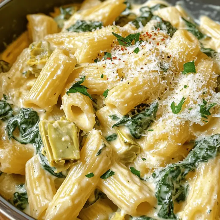 - 8 oz pasta (penne or rotini) - 1 cup frozen spinach - 1 cup canned artichoke hearts - 1/2 cup cream cheese - 1 cup shredded mozzarella cheese - 1/2 cup grated Parmesan cheese - 1 clove garlic - 1 tablespoon olive oil - 1/2 teaspoon crushed red pepper flakes (optional) - Salt and pepper - Fresh parsley for garnish When I make Cheesy Spinach and Artichoke Pasta, I love the bright flavors and creamy texture. This dish is simple yet satisfying. You can easily find all the ingredients at your local store. Using frozen spinach saves time, but fresh spinach works too. Just wash it well and chop it. Canned artichoke hearts add a nice tang. If you want more heat, add crushed red pepper flakes. Cream cheese gives the sauce its rich, creamy feel. Mozzarella and Parmesan add great taste. Always use fresh garlic for the best flavor. Olive oil helps to sauté the garlic, making it fragrant. - Caloric content per serving: About 450 calories - Key nutrients: High in fiber, protein, and vitamins A and C - Tips for healthier alternatives: Use whole grain pasta for added fiber. Try low-fat cream cheese to cut calories. You can also add more veggies like bell peppers or mushrooms. This dish is a great way to enjoy a creamy pasta while also getting your greens! If you want the full recipe, check out the detailed instructions. Start by boiling a large pot of salted water. Use about 1 tablespoon of salt for every 4 quarts of water. This helps flavor the pasta. Once the water is boiling, add 8 ounces of your pasta of choice. I like penne or rotini for this dish. Cook according to package directions until al dente, which means firm to the bite. This usually takes around 8 to 10 minutes. When the pasta is ready, drain it and set aside. Remember to save about 1/2 cup of the pasta water for later. In a large skillet, heat 1 tablespoon of olive oil over medium heat. Add 1 minced clove of garlic to the oil. Sauté the garlic for about 1 minute until it smells great. Be careful not to let it burn. Lower the heat and add 1/2 cup of softened cream cheese. Stir it until it melts into the oil and garlic. If you want a creamier sauce, gradually mix in the reserved pasta water until it reaches the right consistency. Next, stir in 1 cup of shredded mozzarella cheese and 1/2 cup of grated Parmesan cheese. Keep stirring until the cheeses melt and create a smooth sauce. If the sauce is too thick, add a little more pasta water. Now it’s time to add the fun stuff! Fold in 1 cup of chopped artichoke hearts and 1 cup of thawed and drained spinach. Sprinkle in salt, pepper, and crushed red pepper flakes if you like a bit of heat. Gently mix everything together. Finally, add the drained pasta to the skillet and toss it all together. Make sure each piece of pasta is coated in that cheesy goodness. If you need more sauce, just add a bit more pasta water. Your Cheesy Spinach and Artichoke Pasta is now ready to serve! For the full recipe, check out the details above. To make your sauce creamy, you can adjust the reserved pasta water. Start by adding a little at a time. If the sauce feels too thick, add more water until you reach your desired creaminess. This step adds flavor and helps the sauce cling to the pasta. Using room temperature ingredients also helps. Take out your cream cheese and cheeses about 30 minutes before cooking. They mix into the sauce more easily when they warm up a bit. For added flavor, consider using spices and herbs. A pinch of garlic powder or onion powder can boost the taste. You could also add dried basil or oregano for a fresh twist. If you want a bit of heat, crushed red pepper flakes work well. If you want to change the cheese, try using goat cheese or feta. They give a unique flavor that blends nicely with the spinach and artichokes. You can even mix in some cheddar for a sharper taste. Pair your pasta with simple side dishes. A crisp green salad or garlic bread complements the meal well. You can also serve it with steamed veggies for a healthy touch. For garnishing, sprinkle fresh parsley on top right before serving. You can add more grated Parmesan for extra flavor. A drizzle of olive oil adds a nice finish too. {{image_2}} How can you add chicken or shrimp? You can cook diced chicken or shrimp in the skillet after sautéing the garlic. Cook them until they are no longer pink. This will add a nice protein boost to your dish. For vegetarian protein alternatives, consider adding cooked lentils or chickpeas. Both add fiber and protein without meat. You can mix them in with the spinach and artichokes for a hearty meal. What gluten-free pasta options can you use? There are many good types available. Look for pasta made from rice or quinoa. They cook well and taste great. For vegan substitutions, swap out cream cheese and cheeses with plant-based options. Use cashew cream or vegan cream cheese. Nutritional yeast can offer a cheesy flavor without dairy. How about an Instant Pot version of this recipe? Cook the pasta in the Instant Pot using the pasta setting. After cooking, turn off the pot and stir in the cheeses and veggies. It is fast and easy! An oven-baked variant can give you a crispy topping. After mixing your pasta with the sauce, place it in a baking dish. Top with extra cheese and bake at 350°F until golden brown. This adds a delightful crunch to your meal. For the complete recipe, check out the Full Recipe link. To store leftovers, place your Cheesy Spinach and Artichoke Pasta in an airtight container. This keeps the pasta fresh and prevents odors. You can refrigerate it for up to three days. When reheating, use a skillet over low heat. Add a splash of water or milk to keep it creamy. Stir often until heated through, but do not let it boil. This method helps maintain texture and flavor. If you want to freeze leftovers, let the pasta cool completely first. Then, transfer it to a freezer-safe container. Be sure to leave some space for expansion. You can freeze it for up to two months. When ready to eat, thaw the pasta overnight in the fridge. To reheat, warm it in a skillet over low heat. Add a little liquid if needed to get back that creamy consistency. In the fridge, Cheesy Spinach and Artichoke Pasta stays good for up to three days. If it smells sour or has changed color, it’s best to toss it. Always use your senses to check if the pasta is still safe to eat. Enjoy your dish fresh, but knowing how to store it well can save some for later! Yes, you can use fresh spinach. Fresh spinach has a bright flavor and a nice texture. However, frozen spinach is already cooked and easier to use. Here are some pros and cons: - Fresh Spinach Pros: - Better taste and texture. - More nutrients when used raw. - Fresh Spinach Cons: - Needs more prep time (washing and chopping). - May wilt quickly in the sauce. I recommend using penne or rotini pasta. Both shapes hold the sauce well. Here are some other good options: - Fusilli: Twists grab more sauce. - Farfalle: Great for a fun look. - Shells: Perfect for scooping up the cheese. You can easily make this dish dairy-free. Here are some tips: - Use dairy-free cream cheese instead of regular cream cheese. - Replace mozzarella with a dairy-free cheese alternative. - Nutritional yeast adds a cheesy flavor without dairy. Yes, you can prep this dish ahead of time. Here’s how: - Cook the pasta and make the sauce separately. - Store them in the fridge for up to two days. - Combine before serving and warm them together. Storing leftovers properly keeps them fresh. Follow these steps: - Place leftovers in an airtight container. - Store in the fridge for up to three days. - Reheat gently on the stove or microwave to avoid drying out. For the full recipe, check out the detailed steps and tips to make Cheesy Spinach and Artichoke Pasta! Cheesy spinach and artichoke pasta is a tasty dish you can easily make at home. We covered the ingredients, cooking methods, variations, and storage tips. You now have all the tools to impress at dinner. Remember, you can mix in fun flavors and adjust for your diet. This dish is not just delicious but also versatile. Enjoy experimenting with it and make it your own!