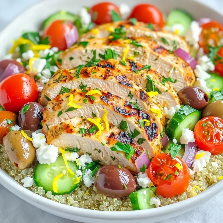 - 4 boneless, skinless chicken breasts - 1/4 cup olive oil - 3 tablespoons fresh lemon juice - Zest of 1 lemon - 2 tablespoons fresh dill, chopped (or 1 tablespoon dried dill) - 4 cloves garlic, minced - 1 teaspoon salt - 1/2 teaspoon black pepper The main ingredients create the heart of the dish. Chicken breasts provide lean protein. Olive oil adds healthy fats and flavor. Fresh lemon juice gives brightness. Dill and garlic bring an aromatic depth. Together, they form a tasty marinade that makes the chicken shine. - 1 cup quinoa - 2 cups vegetable broth or water - 1 cup cherry tomatoes, halved - 1 cucumber, diced - 1/2 red onion, finely chopped - 1/2 cup kalamata olives, pitted and halved The vegetables and grains add color and crunch. Quinoa is a great base. It cooks up fluffy and is rich in protein. Cherry tomatoes bring sweetness, while cucumber adds freshness. Red onion gives a sharp bite, and kalamata olives provide a briny taste. These elements make the bowl balanced and exciting. - 1/4 cup feta cheese, crumbled - Fresh parsley for garnish - Lemon zest Toppings and garnishes elevate the dish. Feta cheese adds creaminess and salt. Fresh parsley brings a pop of green and flavor. Lemon zest enhances the lemony taste. These finishing touches make the meal look and taste gourmet. For full details on how to make this dish, check the full recipe. To make the marinade, mix olive oil, lemon juice, lemon zest, dill, garlic, salt, and pepper in a bowl. This mix gives the chicken a bright, zesty flavor. Place the chicken breasts in the marinade, ensuring they are well coated. Cover the bowl and let it marinate for at least 30 minutes. For deeper flavor, you can marinate it for up to 2 hours in the fridge. First, rinse the quinoa in a fine-mesh strainer under cold water. This step removes any bitterness. In a saucepan, combine the rinsed quinoa and vegetable broth or water. Bring it to a boil. Once boiling, lower the heat, cover the pot, and let it simmer for about 15 minutes. When done, let it sit covered for 5 more minutes. This resting time helps the quinoa become fluffy. Preheat your grill or grill pan to medium-high heat. Remove the chicken from the marinade and discard the marinade. Grill the chicken for about 6 to 7 minutes on each side. Use a meat thermometer to check the internal temperature. It should reach 165°F (75°C). After grilling, let the chicken rest for a few minutes before slicing. In a large bowl, combine halved cherry tomatoes, diced cucumber, chopped red onion, and kalamata olives. Drizzle with olive oil and sprinkle with salt and pepper. Toss everything together gently. This salad adds a fresh crunch to your bowls. Start by spooning cooked quinoa into each serving bowl. Next, layer slices of grilled chicken on top of the quinoa. Add a generous scoop of the fresh Mediterranean salad. For the finishing touch, sprinkle crumbled feta cheese and garnish with fresh parsley. This layering makes your bowl look colorful and inviting. For extra flavor, drizzle some fresh lemon juice over the bowls. You can also add optional garnishes like more dill or a few olives. These details add a nice touch to your meal. Enjoy it fresh and vibrant! To enhance the marinade, use fresh and high-quality ingredients. Fresh lemon juice adds zest. It brightens the chicken's flavor. If you want a richer taste, let the chicken marinate longer. I suggest at least 30 minutes, but two hours is even better. You can also add a splash of white wine for depth. You can bake or pan-sear the chicken if grilling isn't an option. Baking is easy. Preheat the oven to 375°F (190°C). Place the marinated chicken on a baking sheet. Bake for 25 to 30 minutes or until cooked through. If pan-searing, heat oil over medium heat. Cook the chicken for 6 to 7 minutes per side. To keep the chicken juicy, avoid overcooking. Use a meat thermometer to check for doneness. Aim for an internal temperature of 165°F (75°C). Let the chicken rest for a few minutes before slicing. This helps keep the juices inside. Serve the Mediterranean Lemon-Dill Chicken Bowls with fresh salads or roasted veggies. A simple side of steamed broccoli or green beans works well. You can also pair it with pita bread for a full meal. For drinks, consider a crisp white wine or sparkling water with lemon. These choices balance the meal's flavors. Enjoying your meal with friends makes it even better. Don't forget to check the Full Recipe for more details! {{image_2}} You can easily switch the chicken for fish or tofu. For fish, like salmon or tilapia, use the same marinade. Cook it for about 4-5 minutes per side. If you choose tofu, press it to remove moisture. Marinate it for at least 30 minutes. Sauté or grill it until golden brown, about 5-7 minutes. Adjust cooking times based on protein thickness. To change the taste, swap herbs and spices. Try using basil or parsley instead of dill. You can also add zest from oranges for a sweet touch. For creaminess, mix in sliced avocado. This adds healthy fats and smooth texture. If you need gluten-free options, replace quinoa with rice or millet. Both work well and keep the dish hearty. For a vegan meal, use chickpeas or lentils instead of chicken. They offer great protein and fiber. You can also use a mix of roasted vegetables as a base instead of grains. These changes keep your meal healthy and tasty. For the full recipe, check out the details above. To store your Mediterranean Lemon-Dill Chicken Bowls, let them cool first. Place leftovers in an airtight container. This keeps them fresh and safe. You can store them in the fridge for up to three days. Always label the container with the date. This way, you know when to eat them. To freeze, you can assemble the bowls in containers. Make sure to leave some space for expansion. Cover them tightly with plastic wrap or aluminum foil. You can freeze the bowls for up to three months. When you want to eat them, take them out and let them thaw overnight in the fridge. For quick thawing, you can use the microwave on the defrost setting. To reheat, the best method is to use the oven. Preheat it to 350°F (175°C). Place the bowls in the oven for about 15-20 minutes. This keeps the texture and flavor just right. If you use the microwave, heat in short bursts. Stir between each burst to avoid hot spots. Enjoy your delicious meal again! You can use several grains instead of quinoa. Here are some great options: - Brown rice - Farro - Barley - Couscous - Bulgur Each of these grains brings its own taste and texture. Brown rice is hearty. Farro has a chewy bite. Barley adds a nutty flavor. Couscous is light and fluffy. Bulgur cooks quickly and is great for salads. To check if the chicken is done, use a meat thermometer. The chicken should reach an internal temperature of 165°F (75°C). This ensures it is safe to eat. If you do not have a thermometer, cut into the chicken. The meat should be white and the juices should run clear. Yes, this recipe is great for meal prep. You can marinate the chicken a day in advance. Cook the quinoa and salad mixture ahead of time too. Store everything in separate containers in the fridge. When ready to eat, just assemble the bowls. They stay fresh for up to four days. For a tasty marinade, mix olive oil, lemon juice, and herbs. You want to coat the chicken well. Let it sit for at least 30 minutes in the fridge. For more flavor, marinate for up to two hours. This lets the chicken soak up all the flavors. You can use dried dill if fresh is not available. However, the flavor will be different. Fresh dill has a bright taste, while dried dill is stronger. Use about one-third of the amount of dried dill as fresh. This way, you won't overpower the dish. To present your bowls nicely, start with a base of quinoa. Arrange the chicken slices on top. Add a generous scoop of the salad mix. Sprinkle crumbled feta cheese over everything. Finish with fresh parsley for a pop of color. You can drizzle more lemon juice for extra zing. Enjoy the beautiful meal! For the full details on making these delicious bowls, check out the Full Recipe. This blog post covered all you need for making Mediterranean Lemon-Dill Chicken Bowls. We discussed main ingredients like chicken, quinoa, and fresh veggies. I shared step-by-step instructions for marinating, cooking, and assembling the dish. We explored tips for flavor, cooking methods, and dietary variations. Take these ideas and make your own delicious bowls at home. Enjoy the blend of flavors. Your meal will please your taste buds and nourish your body. Happy cooking!