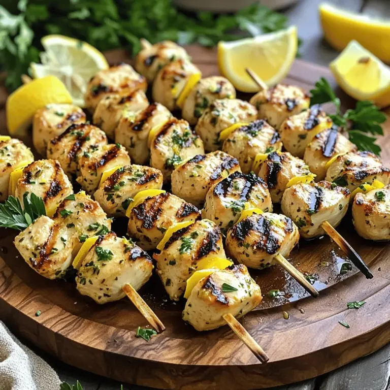 - 1 lb chicken breast, cut into 1-inch cubes - Zest and juice of 2 lemons - 4 cloves garlic, minced - 2 tablespoons fresh parsley, finely chopped - 1 tablespoon fresh thyme, finely chopped - 1 tablespoon fresh rosemary, finely chopped - 3 tablespoons olive oil - Salt and pepper to taste - 1 teaspoon paprika - Wooden or metal skewers (soaked if wooden) For these Lemon Garlic Herb Chicken Skewers, the chicken breast is the star. Choose fresh chicken for the best taste. The marinade packs a punch with lemon juice, garlic, and fresh herbs. Zest from the lemons adds an extra layer of flavor. - Tzatziki sauce or yogurt for dipping - Fresh salad on the side - Grilled vegetables like bell peppers or zucchini - Additional spices like cumin or chili flakes You can make these skewers your own. Serve with tzatziki for a cool touch. Add a salad for crunch. Grilled veggies also pair well. If you want more heat, try adding chili flakes to the marinade. For the full recipe, check the earlier section. To start, you need to mix your marinade. In a bowl, combine the lemon zest, lemon juice, minced garlic, fresh parsley, thyme, rosemary, olive oil, salt, pepper, and paprika. This mix brings bold flavor. Each element adds a special touch. Marinating time is key. I suggest letting the chicken sit in the marinade for at least 30 minutes. If you have time, two hours is better. This helps the chicken soak up the flavors. Next, it's time to assemble your skewers. If you use wooden skewers, soak them in water for 30 minutes. This step prevents burning on the grill. Now, thread the marinated chicken onto the skewers. Leave a little space between each piece. This helps them cook evenly. Preheat your grill or grill pan over medium-high heat. This step is crucial for a good sear. Place the skewers on the grill. Cook them for about 10 to 12 minutes. Turn them occasionally to ensure even cooking. The chicken should reach an internal temperature of 165°F. This means it is safe to eat. For the full recipe, follow the guidelines provided above. Enjoy your cooking! For the best flavor, marinate your chicken for at least 30 minutes. If you have more time, let it sit for up to 2 hours. This gives the chicken time to soak up all the tasty flavors. When it comes to herbs, always choose fresh when you can. Fresh herbs have a brighter, bolder taste. Dried herbs can work in a pinch, but they often lack the punch of fresh. If using dried herbs, reduce the amount since they are more concentrated. You can cook these skewers in different ways. If you don’t have a grill, try using an oven or stovetop. For oven cooking, preheat it to 400°F and place the skewers on a baking sheet. Cook for about 15-20 minutes, turning them halfway through. To ensure your chicken cooks evenly, avoid crowding the skewers. Leave space between each piece. This allows heat to circulate and helps prevent dryness. Garnishing is key for a beautiful presentation. Serve your skewers on a platter topped with fresh herbs and lemon wedges. This adds color and makes the dish more appealing. Pair these skewers with sides like tzatziki sauce, a fresh salad, or grilled vegetables. This creates a balanced meal that is both tasty and nutritious. For the full recipe, you can refer back to the Lemon Garlic Herb Chicken Skewers section. {{image_2}} You can swap chicken for shrimp, beef, or tofu. Each protein brings its own taste. Shrimp cooks fast and adds a sweet flavor. Just marinate them the same way. Beef gives a hearty bite. Use flank steak for best results. Cut it into cubes, marinate, and grill. Tofu is a great choice for vegans. Press out water, then marinate it well. Thread it onto skewers for easy grilling. You can get creative with flavors. Try adding spices like cumin or coriander. A pinch of chili flakes gives a nice kick. For a twist, consider regional flavors. Mediterranean skewers can use olives and feta. Caribbean versions can add jerk seasoning for heat. Explore these ideas to make your skewers unique. Check out the Full Recipe for more inspiration! To keep your Lemon Garlic Herb Chicken Skewers fresh, store them in the fridge. Place the skewers in an airtight container. This helps lock in moisture and flavor. Try to eat them within three days for the best taste. If you want to save them longer, freezing is a great option. Wrap the skewers tightly in plastic wrap, then place them in a freezer bag. This prevents freezer burn. They can last up to three months in the freezer. When you’re ready to enjoy the leftovers, reheating needs care. Use the oven or a skillet for the best results. If using an oven, preheat it to 350°F. Place the skewers on a baking sheet. Cover them with foil to keep moisture in. Heat for about 10-15 minutes. If using a skillet, add a splash of water. Heat on medium-low, turning the skewers until warm. This method prevents drying out. Enjoy your juicy skewers as if they were just grilled! To keep the chicken juicy, marinate it well. Use lemon juice, garlic, and herbs. This mix adds flavor and moisture. Aim for a marinating time of at least 30 minutes, but two hours is best. Cook the chicken over medium-high heat. Always check that the internal temperature hits 165°F. This ensures safety and keeps the chicken moist. Yes, you can prepare these skewers ahead of time! Marinate the chicken earlier in the day or even the night before. Store the marinated chicken in the fridge. Just remember to thread the chicken onto skewers right before grilling. This keeps everything fresh and tasty. These skewers go great with many sides! Consider a fresh salad, roasted veggies, or rice. You can also serve them with tzatziki sauce for a cool touch. Garlic bread and grilled corn are also delicious options that complement the skewers well. Preheat your grill or grill pan to medium-high heat. This helps get nice grill marks. Make sure to soak wooden skewers in water for 30 minutes to prevent burning. Grill the skewers for about 10-12 minutes. Turn them often for even cooking. In this post, we explored how to make Lemon Garlic Herb Chicken Skewers. We covered key ingredients like chicken, marinade, and optional extras. You learned how to prepare the marinade, assemble the skewers, and cook them perfectly. We shared tips to enhance flavor and suggested variations using different proteins and spices. Remember, marinating time is key to juicy skewers. Enjoy these tips to create a tasty meal that all will love. Keep experimenting with flavors and find what works best for you!
