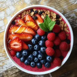 - 1 cup mixed berries: strawberries, blueberries, raspberries - 1 ripe banana, sliced - 1 cup almond milk (unsweetened) - 1 tablespoon chia seeds - 1 tablespoon honey or maple syrup - ½ teaspoon vanilla extract These main ingredients create a tasty and healthy base for your smoothie bowl. The mixed berries offer a burst of flavor and antioxidants. Bananas add creaminess and natural sweetness. Almond milk keeps it dairy-free and light, while chia seeds boost your fiber intake. - ½ cup granola (your favorite blend) - Additional fruit garnishes: sliced bananas, kiwi, or more berries - Fresh herbs: mint or basil for decoration Granola adds crunch and texture to your bowl. You can choose any granola you like, from nutty to fruity. Adding extra fruit makes the bowl even more colorful and fun. Fresh herbs not only look delightful but also add a fresh taste. Check the [Full Recipe] for all the details! First, set up your blender. Make sure it is clean and ready to go. Next, add the mixed berries, banana, almond milk, chia seeds, honey, and vanilla extract into the blender. For a perfect texture, blend on high until the mix is smooth and creamy. If it feels too thick, add a little more almond milk. You want it thick, but still pourable. Once blended, pour the smoothie into your bowl. To create a smooth surface, use the back of a spoon. Move it gently in circles or back and forth to spread it evenly. Now comes the fun part! Top the smoothie bowl with granola, fresh berries, and mint leaves. You can arrange them in lines or circles for a pretty look. Serve the smoothie bowl right away. It tastes best when fresh and cool. Use a colorful spoon or straw to make it more fun. Enjoy every bite of this berry smoothie bowl with granola. For the complete recipe, check the Full Recipe section. To get the best smoothie bowl, you need to think about texture. Adjust the thickness with almond milk. If your smoothie is too thick, add a little more almond milk. Blend again until it reaches your desired creaminess. Using frozen berries gives a thicker, colder mix. Fresh berries make it lighter and smoother. Both options are great, so feel free to switch it up based on what you have. Boost your smoothie bowl with extra superfoods. Consider adding a spoon of hemp seeds or flaxseeds. These add healthy fats and fiber. You can also try a scoop of protein powder for a power punch. For sweeteners, honey and maple syrup are great, but you can use mashed dates or agave syrup instead. Both are natural and add unique flavors. Make your smoothie bowl eye-catching! Arrange toppings in fun patterns. Use circles or lines to showcase fresh berries and granola. This adds texture and color to your bowl. Choose bright, attractive bowls for serving. They make your creation pop in photos, perfect for sharing on social media. The right bowl can turn your meal into a work of art. {{image_2}} You can have fun with flavors in your smoothie bowl. For a tropical twist, add mango and coconut. This mix gives a sweet, rich taste that brightens your morning. Simply blend in fresh or frozen mango with your berries. Add a splash of coconut milk for a creamy texture. Another great option is a green smoothie bowl. You can include spinach or kale for extra nutrients. This adds a healthy boost without changing the fruity flavor too much. Just toss in a handful of greens when blending. You won’t even taste them! If you need to follow a special diet, you can still enjoy this bowl. There are gluten-free and dairy-free options available. Use gluten-free granola and almond milk, which works well for most diets. This way, everyone can enjoy the same meal. For those who want a vegan-friendly option, skip honey and use maple syrup instead. This keeps the recipe plant-based while adding sweetness. You can also use agave nectar if you prefer. Using seasonal fruits makes your smoothie bowl taste fresh and vibrant. In spring and summer, berries are at their best. You can use strawberries, blueberries, and raspberries for a burst of flavor. In fall, consider using apples or pears. They can add a nice crunch and sweetness. In winter, frozen fruits work well too. They are picked at peak ripeness and still taste great. Adjust your recipe with what is in season to keep things exciting! For the full recipe, check out Berrylicious Smoothie Bowl. To keep your berry smoothie bowl fresh, store it in the fridge. Use an airtight container. This helps prevent the smoothie from getting oxidized. I recommend a glass container. It keeps the taste nice and fresh. Enjoy your leftovers within 24 hours for the best flavor. If you have leftover ingredients, get creative! Use extra berries in yogurt or oatmeal. You can even make smoothie popsicles. Just pour leftover smoothie into molds and freeze. These popsicles make a fun treat on a hot day. You can freeze mixed berries and bananas to use later. Lay them out on a tray to freeze first. Once frozen, transfer them to a bag. This way, they won’t clump together. When you want a smoothie bowl, just blend the frozen fruit with some almond milk. If it’s too thick, add a bit more milk. This keeps your smoothie bowl tasting fresh and yummy! Yes, you can prepare your smoothie bowl ahead of time. To do this, blend your ingredients and store them in the fridge. Use an airtight container to keep it fresh. This way, your smoothie stays thick and tasty. Just remember, when you’re ready to serve, give it a quick stir. You might need to add a splash of almond milk if it thickens too much. The smoothie bowl is best enjoyed fresh. However, it can stay good in the fridge for about 24 hours. After that, the taste and texture may change. To enjoy it at its best, aim to eat it the same day you make it. If you don’t have almond milk, don’t worry! You can use other milk types. Some great options include coconut milk, oat milk, or soy milk. Each will add a unique flavor to your smoothie bowl. If you want a nutty taste, try cashew milk. Just choose what you like best! Absolutely! This smoothie bowl is packed with nutrients. It has fruits, vitamins, and minerals that kids need. You can also make it fun for them. Let them pick their favorite toppings like extra berries or a sprinkle of granola. This way, they can create their own colorful smoothie bowl. Plus, it’s a great way to sneak in healthy foods! Berry smoothie bowls are easy and fun to make. We explored key ingredients like mixed berries, bananas, and almond milk. You learned how to blend and assemble for great texture and looks. With tips for nutrition and presentation, you can create your perfect bowl. Explore countless variations and storage ideas to keep things fresh. Whether you serve it to yourself or share it online, these bowls can impress. Dive into the berry world and make your next smoothie bowl a tasty treat!
