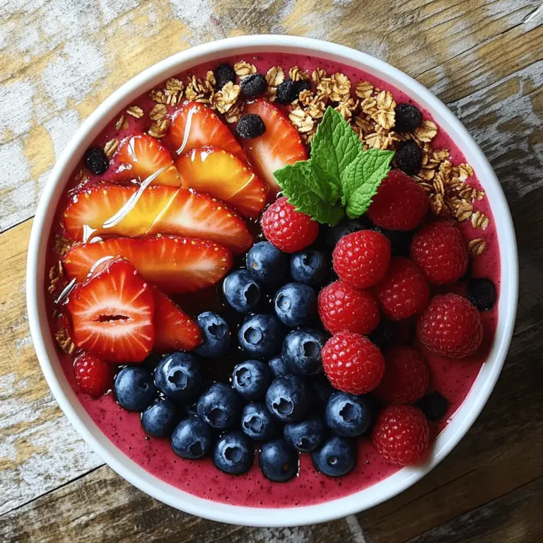 - 1 cup mixed berries: strawberries, blueberries, raspberries - 1 ripe banana, sliced - 1 cup almond milk (unsweetened) - 1 tablespoon chia seeds - 1 tablespoon honey or maple syrup - ½ teaspoon vanilla extract These main ingredients create a tasty and healthy base for your smoothie bowl. The mixed berries offer a burst of flavor and antioxidants. Bananas add creaminess and natural sweetness. Almond milk keeps it dairy-free and light, while chia seeds boost your fiber intake. - ½ cup granola (your favorite blend) - Additional fruit garnishes: sliced bananas, kiwi, or more berries - Fresh herbs: mint or basil for decoration Granola adds crunch and texture to your bowl. You can choose any granola you like, from nutty to fruity. Adding extra fruit makes the bowl even more colorful and fun. Fresh herbs not only look delightful but also add a fresh taste. Check the [Full Recipe] for all the details! First, set up your blender. Make sure it is clean and ready to go. Next, add the mixed berries, banana, almond milk, chia seeds, honey, and vanilla extract into the blender. For a perfect texture, blend on high until the mix is smooth and creamy. If it feels too thick, add a little more almond milk. You want it thick, but still pourable. Once blended, pour the smoothie into your bowl. To create a smooth surface, use the back of a spoon. Move it gently in circles or back and forth to spread it evenly. Now comes the fun part! Top the smoothie bowl with granola, fresh berries, and mint leaves. You can arrange them in lines or circles for a pretty look. Serve the smoothie bowl right away. It tastes best when fresh and cool. Use a colorful spoon or straw to make it more fun. Enjoy every bite of this berry smoothie bowl with granola. For the complete recipe, check the Full Recipe section. To get the best smoothie bowl, you need to think about texture. Adjust the thickness with almond milk. If your smoothie is too thick, add a little more almond milk. Blend again until it reaches your desired creaminess. Using frozen berries gives a thicker, colder mix. Fresh berries make it lighter and smoother. Both options are great, so feel free to switch it up based on what you have. Boost your smoothie bowl with extra superfoods. Consider adding a spoon of hemp seeds or flaxseeds. These add healthy fats and fiber. You can also try a scoop of protein powder for a power punch. For sweeteners, honey and maple syrup are great, but you can use mashed dates or agave syrup instead. Both are natural and add unique flavors. Make your smoothie bowl eye-catching! Arrange toppings in fun patterns. Use circles or lines to showcase fresh berries and granola. This adds texture and color to your bowl. Choose bright, attractive bowls for serving. They make your creation pop in photos, perfect for sharing on social media. The right bowl can turn your meal into a work of art. {{image_2}} You can have fun with flavors in your smoothie bowl. For a tropical twist, add mango and coconut. This mix gives a sweet, rich taste that brightens your morning. Simply blend in fresh or frozen mango with your berries. Add a splash of coconut milk for a creamy texture. Another great option is a green smoothie bowl. You can include spinach or kale for extra nutrients. This adds a healthy boost without changing the fruity flavor too much. Just toss in a handful of greens when blending. You won’t even taste them! If you need to follow a special diet, you can still enjoy this bowl. There are gluten-free and dairy-free options available. Use gluten-free granola and almond milk, which works well for most diets. This way, everyone can enjoy the same meal. For those who want a vegan-friendly option, skip honey and use maple syrup instead. This keeps the recipe plant-based while adding sweetness. You can also use agave nectar if you prefer. Using seasonal fruits makes your smoothie bowl taste fresh and vibrant. In spring and summer, berries are at their best. You can use strawberries, blueberries, and raspberries for a burst of flavor. In fall, consider using apples or pears. They can add a nice crunch and sweetness. In winter, frozen fruits work well too. They are picked at peak ripeness and still taste great. Adjust your recipe with what is in season to keep things exciting! For the full recipe, check out Berrylicious Smoothie Bowl. To keep your berry smoothie bowl fresh, store it in the fridge. Use an airtight container. This helps prevent the smoothie from getting oxidized. I recommend a glass container. It keeps the taste nice and fresh. Enjoy your leftovers within 24 hours for the best flavor. If you have leftover ingredients, get creative! Use extra berries in yogurt or oatmeal. You can even make smoothie popsicles. Just pour leftover smoothie into molds and freeze. These popsicles make a fun treat on a hot day. You can freeze mixed berries and bananas to use later. Lay them out on a tray to freeze first. Once frozen, transfer them to a bag. This way, they won’t clump together. When you want a smoothie bowl, just blend the frozen fruit with some almond milk. If it’s too thick, add a bit more milk. This keeps your smoothie bowl tasting fresh and yummy! Yes, you can prepare your smoothie bowl ahead of time. To do this, blend your ingredients and store them in the fridge. Use an airtight container to keep it fresh. This way, your smoothie stays thick and tasty. Just remember, when you’re ready to serve, give it a quick stir. You might need to add a splash of almond milk if it thickens too much. The smoothie bowl is best enjoyed fresh. However, it can stay good in the fridge for about 24 hours. After that, the taste and texture may change. To enjoy it at its best, aim to eat it the same day you make it. If you don’t have almond milk, don’t worry! You can use other milk types. Some great options include coconut milk, oat milk, or soy milk. Each will add a unique flavor to your smoothie bowl. If you want a nutty taste, try cashew milk. Just choose what you like best! Absolutely! This smoothie bowl is packed with nutrients. It has fruits, vitamins, and minerals that kids need. You can also make it fun for them. Let them pick their favorite toppings like extra berries or a sprinkle of granola. This way, they can create their own colorful smoothie bowl. Plus, it’s a great way to sneak in healthy foods! Berry smoothie bowls are easy and fun to make. We explored key ingredients like mixed berries, bananas, and almond milk. You learned how to blend and assemble for great texture and looks. With tips for nutrition and presentation, you can create your perfect bowl. Explore countless variations and storage ideas to keep things fresh. Whether you serve it to yourself or share it online, these bowls can impress. Dive into the berry world and make your next smoothie bowl a tasty treat!