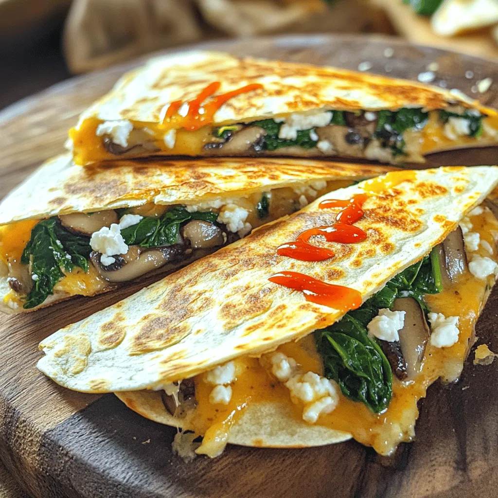 - 2 cups fresh spinach, washed and chopped - 1 cup mushrooms, sliced (cremini or button) - 1 cup shredded mozzarella cheese - 1/2 cup crumbled feta cheese I love using fresh spinach in this dish. It adds color and nutrients. Mushrooms bring a nice earthy taste. You can choose cremini or button mushrooms. Both work great in quesadillas. The cheese mix of mozzarella and feta gives creaminess and tang. - 1 small onion, diced - 2 cloves garlic, minced - 4 large flour tortillas - 2 tablespoons olive oil - 1 teaspoon cumin - Salt and pepper to taste Onions and garlic enhance the flavor profile. They create a lovely base for our filling. Olive oil helps cook the veggies perfectly. I suggest using fresh spices like cumin, salt, and pepper to season. This makes the dish even more delicious. For the full recipe, make sure to check the details in the earlier section. First, we need to make the filling. Start by heating 1 tablespoon of olive oil in a large skillet over medium heat. Add the diced onion and sauté it. Cook until the onion is soft and clear, about 3-4 minutes. Then, add 2 cloves of minced garlic and 1 cup of sliced mushrooms. Cook this mix for about 5 minutes. The mushrooms will soften and release their juices. Next, stir in 2 cups of chopped spinach and 1 teaspoon of cumin. Cook until the spinach wilts, which takes about 2 minutes. Season with salt and pepper to taste, then remove from heat. Now, it's time to assemble our quesadillas. Take 2 large flour tortillas and lay them flat on a cutting board. Evenly spread the mushroom and spinach mix on each tortilla. Next, sprinkle 1/2 cup of shredded mozzarella cheese and 1/2 cup of crumbled feta cheese over the filling. Then, place a second tortilla on top of each filled tortilla. Press down gently to help everything stick together. To cook the quesadillas, heat the remaining tablespoon of olive oil in the same skillet over medium heat. Place one quesadilla in the skillet and cook for 3-4 minutes. You want to see a golden brown color on the bottom. Carefully flip the quesadilla and cook for another 3-4 minutes until the cheese melts. Repeat this step with the second quesadilla. Once cooked, remove them from the skillet and let them cool slightly. Cut each quesadilla into wedges and serve warm. Enjoy your delicious meal! For more details, check the Full Recipe. Choosing fresh vegetables makes a big difference. Look for bright green spinach without yellow spots. For mushrooms, cremini and button types work well. They add a rich, earthy flavor. For cheese, I recommend using mozzarella for its gooey texture. Feta brings a tangy zing that elevates each bite. Mixing these cheeses creates a delightful taste. To prevent burning, keep the heat medium. This lets the quesadillas cook through without charring. Use enough olive oil to coat the pan, but not too much. To maintain crispiness, flip the quesadilla gently. Let it cook for a full three to four minutes on each side. This ensures a lovely golden brown color while keeping the inside creamy. Pair your quesadillas with side dishes like a fresh salad or guacamole. They give a nice contrast to the warm quesadillas. For sauces and dips, try salsa or sour cream for a cool touch. If you love spice, Sriracha or hot sauce adds a nice kick. These options make each bite even more enjoyable. For the full recipe, check it out [here](#). {{image_2}} You can swap out mushrooms and spinach for other veggies. Try zucchini, bell peppers, or kale. Each brings a new taste. If you want a vegan option, use dairy-free cheese. Nutritional yeast adds a cheesy flavor too. For a gluten-free option, use corn tortillas. They hold up well and taste great. Spices and herbs can boost flavor. Try adding chili powder, paprika, or oregano. These spices give your quesadillas a fun kick. You can also mix in fresh herbs like cilantro or parsley. Different types of cheese work wonders too. Cheddar and pepper jack melt nicely and add zest. Why not make breakfast quesadillas? Just add scrambled eggs to the filling. This makes your meal hearty and tasty. You can also add proteins like chicken or black beans. They add more nutrients and make the quesadillas filling. Check out the Full Recipe to explore all these ideas! To keep your quesadillas fresh, store them properly. First, let them cool down. Place them in an airtight container. If you have a lot of leftovers, layer parchment paper between each quesadilla to prevent sticking. Store them in the fridge for up to three days. If you want to save them for later, freezing is a great option. Wrap each quesadilla tightly in plastic wrap. Then, place them in a freezer-safe bag. They can last in the freezer for up to three months. Just remember to label the bag with the date! When it’s time to enjoy your leftover quesadillas, reheating them is easy. The best method is to use a skillet. Heat the skillet over medium heat. Place the quesadilla in the pan for about three to four minutes on each side. This keeps them crispy and hot. If you want a quicker method, you can use the microwave. Place the quesadilla on a microwave-safe plate. Heat it for about 30 seconds to one minute. To keep it crispy, you can place a paper towel under it. This helps absorb moisture. Enjoy your tasty quesadillas! For the full recipe, check out the complete guide. To boost the flavor, add spices and herbs. I love using cumin, paprika, and chili powder. These spices add warmth and depth. Fresh herbs like cilantro or parsley brighten the dish. You can also try adding a squeeze of lime juice for a fresh twist. Mixing in some sautéed bell peppers gives a sweet crunch. For heat, add a pinch of cayenne pepper or some diced jalapeños. Each variation adds a unique touch to your quesadillas. Yes, you can use corn tortillas. They are gluten-free and have a great flavor. However, they can be more fragile than flour tortillas. This makes them prone to breaking. If you choose corn, heat them slightly before filling. This helps keep them pliable. Flour tortillas are softer and easier to work with. They also get crispier when cooked. Choose based on your preference for texture and taste. Cheese is key for cheesy goodness. I recommend mozzarella for its meltiness. It stretches beautifully and gives a great texture. Feta adds tang and a creamy bite, making it a perfect match. You can also use cheddar for a sharp flavor. Pepper jack brings a spicy kick if you like heat. Mixing cheeses can also create a unique flavor profile. Experiment with what you have on hand to find your favorite blend. For the complete recipe, check out the Full Recipe. Mushroom and spinach quesadillas are simple and tasty. We covered main and additional ingredients, step-by-step cooking, and tips for best results. Remember to choose fresh veggies and the right cheese for great flavor. You can try different variations, like adding proteins or herbs, to keep it exciting. Storing leftover quesadillas properly ensures you enjoy them later. I hope this guide helps you create delicious meals. Enjoy cooking and experimenting with these quesadillas!