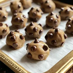 To make these tasty Chocolate Chip Cookie Dough Bites, you need some simple ingredients. Here’s what you’ll need: - 1 cup all-purpose flour - ½ teaspoon baking soda - ¼ teaspoon salt - ½ cup unsalted butter, softened - ½ cup brown sugar, packed - ¼ cup granulated sugar - 1 teaspoon vanilla extract - 1 cup semi-sweet chocolate chips - ¼ cup mini chocolate chips (for rolling) - 2 tablespoons milk (as needed) Gathering these ingredients is fun! The butter gives the bites a nice richness. Brown sugar adds a deep flavor, while granulated sugar keeps them sweet. The chocolate chips give that classic cookie taste. Using mini chips for rolling makes them extra cute. You can find most of these items in your pantry. Make sure your butter is soft before you start. This helps everything mix together well. If you want to learn more about the full recipe, feel free to check it out. Happy cooking! Start by preheating your oven to 350°F (175°C). Spread 1 cup of all-purpose flour on a baking sheet. Toast the flour in the oven for 5-7 minutes. This step kills any bacteria. Let the flour cool completely before using it. In a medium bowl, whisk together the cooled flour, ½ teaspoon baking soda, and ¼ teaspoon salt. Set this mix aside. In a large bowl, cream together ½ cup softened unsalted butter, ½ cup brown sugar, and ¼ cup granulated sugar. Mix until it’s smooth and fluffy. Add 1 teaspoon vanilla extract to this mix and stir well. Gradually add the dry mix into the butter mixture. Mix just until combined. Stir in 1 cup semi-sweet chocolate chips. If the dough feels crumbly, add milk one tablespoon at a time until it holds together. Take a cookie scoop or your hands to form small balls with the dough, about 1 inch wide. Roll each ball in ¼ cup mini chocolate chips to coat them fully. Place the cookie dough bites on a parchment-lined baking sheet. Chill them in the fridge for at least 30 minutes. This makes them firm and ready to enjoy. For the full recipe, check out the details above. To make safe cookie dough bites, treat your flour first. Spread your flour on a baking sheet and toast it in the oven for 5-7 minutes at 350°F (175°C). This step kills any bacteria. Let it cool completely before using. This simple tip helps ensure your snack is safe to eat. Store your cookie dough bites in an airtight container. Keep them in the fridge for up to a week. If you want to save them for later, freeze them for up to three months. Just remember to separate each bite with parchment paper. This way, they won’t stick together. Always let them sit at room temperature for a few minutes before eating. For the best texture, make sure your butter is softened but not melted. Mix the butter and sugars until fluffy. This adds air and makes your bites light. If your dough feels too crumbly, add milk in small amounts. This helps bind the ingredients. Lastly, roll the bites in mini chocolate chips for a fun crunch. Enjoy your tasty treats! {{image_2}} You can get creative with your cookie dough bites. Try adding nuts, like walnuts or pecans. Dried fruit, such as raisins or cranberries, can add a sweet twist too. Mixing in peanut butter or almond butter gives a nutty flavor. Each option adds a fun texture and taste. Chocolate options can change the flavor. You can use dark chocolate chips for a richer taste. White chocolate chips add sweetness and creaminess. You can mix different kinds of chocolate for fun flavor layers. Each type brings a new experience to your cookie dough bites. If you want healthier bites, consider using gluten-free flour. Almond flour or oat flour works well. You can also swap regular sugar for coconut sugar or a sugar substitute. These options can make your bites lower in calories but still tasty. Enjoy your treats while feeling good about what’s inside! For the full recipe, check out the steps to make these tasty treats! To keep your Chocolate Chip Cookie Dough Bites fresh, store them in an airtight container. This method prevents air from drying them out. You can also layer parchment paper between the bites to avoid sticking. This way, they stay soft and delicious! If you want to save some bites for later, freezing is a great option. First, place the cookie dough bites on a baking sheet. Freeze them for about an hour until firm. Then, transfer them to a freezer-safe bag or container. Make sure to label the container with the date. They can last in the freezer for up to three months. At room temperature, these cookie dough bites last about a week. In the fridge, they stay fresh for about two weeks. To check if they’re still good, look for changes in smell or texture. If they smell off or feel dry, it’s best to toss them. Trust your senses, and you’ll enjoy these bites at their best! Yes, you can make these bites vegan. Use coconut oil instead of butter. For the milk, use almond or soy milk. Replace the chocolate chips with dairy-free ones. This way, you can enjoy a tasty vegan treat! To enhance the flavor, add a pinch of sea salt on top. You can mix in chopped nuts for a crunch. Try adding some cinnamon for warmth. Experiment with different chocolate types, like dark or white chocolate, for fun twists! If you want a gluten-free option, use almond flour or oat flour. Both options work well and add unique flavors. Just remember, you may need to adjust the liquid in the recipe. You can find pre-packaged cookie dough bites at most grocery stores. Look in the refrigerated section or the snack aisle. Brands like Edoughble and Doughp offer tasty options. Check online for even more choices. These cookie dough bites can last about one week in the fridge. Store them in an airtight container to keep them fresh. If you want them to last longer, consider freezing them for up to three months. In this post, I shared how to make delicious chocolate chip cookie dough bites. We covered essential ingredients and step-by-step instructions for mixing and chilling. I also provided tips for great texture and variations to suit your taste. Lastly, I explained how to store your bites properly to keep them fresh. Enjoy making these treats and customizing them to your liking! Happy baking!