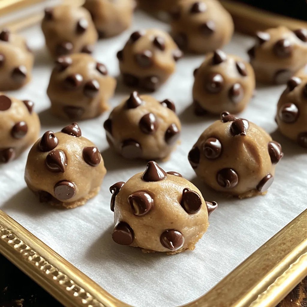 To make these tasty Chocolate Chip Cookie Dough Bites, you need some simple ingredients. Here’s what you’ll need: - 1 cup all-purpose flour - ½ teaspoon baking soda - ¼ teaspoon salt - ½ cup unsalted butter, softened - ½ cup brown sugar, packed - ¼ cup granulated sugar - 1 teaspoon vanilla extract - 1 cup semi-sweet chocolate chips - ¼ cup mini chocolate chips (for rolling) - 2 tablespoons milk (as needed) Gathering these ingredients is fun! The butter gives the bites a nice richness. Brown sugar adds a deep flavor, while granulated sugar keeps them sweet. The chocolate chips give that classic cookie taste. Using mini chips for rolling makes them extra cute. You can find most of these items in your pantry. Make sure your butter is soft before you start. This helps everything mix together well. If you want to learn more about the full recipe, feel free to check it out. Happy cooking! Start by preheating your oven to 350°F (175°C). Spread 1 cup of all-purpose flour on a baking sheet. Toast the flour in the oven for 5-7 minutes. This step kills any bacteria. Let the flour cool completely before using it. In a medium bowl, whisk together the cooled flour, ½ teaspoon baking soda, and ¼ teaspoon salt. Set this mix aside. In a large bowl, cream together ½ cup softened unsalted butter, ½ cup brown sugar, and ¼ cup granulated sugar. Mix until it’s smooth and fluffy. Add 1 teaspoon vanilla extract to this mix and stir well. Gradually add the dry mix into the butter mixture. Mix just until combined. Stir in 1 cup semi-sweet chocolate chips. If the dough feels crumbly, add milk one tablespoon at a time until it holds together. Take a cookie scoop or your hands to form small balls with the dough, about 1 inch wide. Roll each ball in ¼ cup mini chocolate chips to coat them fully. Place the cookie dough bites on a parchment-lined baking sheet. Chill them in the fridge for at least 30 minutes. This makes them firm and ready to enjoy. For the full recipe, check out the details above. To make safe cookie dough bites, treat your flour first. Spread your flour on a baking sheet and toast it in the oven for 5-7 minutes at 350°F (175°C). This step kills any bacteria. Let it cool completely before using. This simple tip helps ensure your snack is safe to eat. Store your cookie dough bites in an airtight container. Keep them in the fridge for up to a week. If you want to save them for later, freeze them for up to three months. Just remember to separate each bite with parchment paper. This way, they won’t stick together. Always let them sit at room temperature for a few minutes before eating. For the best texture, make sure your butter is softened but not melted. Mix the butter and sugars until fluffy. This adds air and makes your bites light. If your dough feels too crumbly, add milk in small amounts. This helps bind the ingredients. Lastly, roll the bites in mini chocolate chips for a fun crunch. Enjoy your tasty treats! {{image_2}} You can get creative with your cookie dough bites. Try adding nuts, like walnuts or pecans. Dried fruit, such as raisins or cranberries, can add a sweet twist too. Mixing in peanut butter or almond butter gives a nutty flavor. Each option adds a fun texture and taste. Chocolate options can change the flavor. You can use dark chocolate chips for a richer taste. White chocolate chips add sweetness and creaminess. You can mix different kinds of chocolate for fun flavor layers. Each type brings a new experience to your cookie dough bites. If you want healthier bites, consider using gluten-free flour. Almond flour or oat flour works well. You can also swap regular sugar for coconut sugar or a sugar substitute. These options can make your bites lower in calories but still tasty. Enjoy your treats while feeling good about what’s inside! For the full recipe, check out the steps to make these tasty treats! To keep your Chocolate Chip Cookie Dough Bites fresh, store them in an airtight container. This method prevents air from drying them out. You can also layer parchment paper between the bites to avoid sticking. This way, they stay soft and delicious! If you want to save some bites for later, freezing is a great option. First, place the cookie dough bites on a baking sheet. Freeze them for about an hour until firm. Then, transfer them to a freezer-safe bag or container. Make sure to label the container with the date. They can last in the freezer for up to three months. At room temperature, these cookie dough bites last about a week. In the fridge, they stay fresh for about two weeks. To check if they’re still good, look for changes in smell or texture. If they smell off or feel dry, it’s best to toss them. Trust your senses, and you’ll enjoy these bites at their best! Yes, you can make these bites vegan. Use coconut oil instead of butter. For the milk, use almond or soy milk. Replace the chocolate chips with dairy-free ones. This way, you can enjoy a tasty vegan treat! To enhance the flavor, add a pinch of sea salt on top. You can mix in chopped nuts for a crunch. Try adding some cinnamon for warmth. Experiment with different chocolate types, like dark or white chocolate, for fun twists! If you want a gluten-free option, use almond flour or oat flour. Both options work well and add unique flavors. Just remember, you may need to adjust the liquid in the recipe. You can find pre-packaged cookie dough bites at most grocery stores. Look in the refrigerated section or the snack aisle. Brands like Edoughble and Doughp offer tasty options. Check online for even more choices. These cookie dough bites can last about one week in the fridge. Store them in an airtight container to keep them fresh. If you want them to last longer, consider freezing them for up to three months. In this post, I shared how to make delicious chocolate chip cookie dough bites. We covered essential ingredients and step-by-step instructions for mixing and chilling. I also provided tips for great texture and variations to suit your taste. Lastly, I explained how to store your bites properly to keep them fresh. Enjoy making these treats and customizing them to your liking! Happy baking!