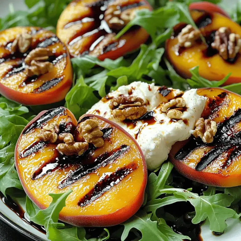 For this delightful grilled peach and burrata salad, you will need: - 4 ripe peaches, halved and pitted - 200g burrata cheese - 4 cups arugula (rocket) - 1/4 cup walnuts, toasted - 1/4 cup balsamic glaze - 2 tablespoons olive oil - Salt and pepper to taste - Fresh basil leaves for garnish Choosing the right ingredients is key for this salad's success. - Selecting the best peaches for grilling: Look for peaches that are firm but slightly soft when pressed. They should smell sweet and fruity. Avoid peaches with bruises or dark spots. Grilling enhances their sweetness. - Choosing fresh burrata cheese: Pick burrata that feels soft and moist. It should have a creamy center. Check the expiration date to ensure freshness. The flavor is rich and creamy, making it a perfect match for grilled peaches. - What type of balsamic glaze to use: Use a high-quality balsamic glaze. It should be thick and slightly sweet. Look for one that is made from aged balsamic vinegar for the best flavor. Now, let's look at the benefits of this salad. - Caloric breakdown of the salad: This salad serves four and has about 300 calories per serving. The calories mainly come from the burrata and walnuts. - Nutritional benefits of key ingredients: - Peaches are low in calories and high in vitamins A and C. - Arugula is a great source of fiber and antioxidants. - Walnuts provide healthy fats and protein, which support heart health. This salad not only looks good but also packs a nutritious punch! For the full recipe, check the recipe section above. First, grab your ripe peaches. Look for peaches that are slightly soft to the touch. They should smell sweet and fragrant. Next, cut each peach in half and remove the pit. This step is crucial as it allows the peach to absorb the grill's flavors. Now, brush the cut side of each peach half lightly with olive oil. This helps prevent sticking on the grill. Heat your grill or grill pan over medium-high heat. Place the peaches cut-side down on the grill. Grill them for about 4-5 minutes. You want nice grill marks and slightly soft peaches. Once done, remove them from the grill and let them cool. On a large serving platter, spread the arugula evenly. The peppery flavor of arugula adds a nice contrast to the sweet peaches. Tear the burrata cheese into pieces and arrange it over the arugula. The creamy burrata will blend beautifully with the grilled peaches. Next, cut the grilled peaches into wedges. Place them on top of the burrata and arugula. Sprinkle the toasted walnuts over the salad for a lovely crunch. Finally, drizzle balsamic glaze over the salad. Season it with salt and pepper to taste. For the finishing touch, garnish your salad with fresh basil leaves. They add a burst of color and a fragrant aroma. When plating, try to arrange the ingredients in a way that looks appealing. Use different heights and colors to make it pop. For extra flair, consider using a shallow bowl or a wooden board. This salad not only tastes great but also looks stunning on the table. You can find the full recipe for more detailed steps and tips. For the best grilled peaches, set your grill to medium-high heat. This ensures even cooking and great flavor. Brush the cut side of each peach half with olive oil. This helps prevent sticking and adds flavor. Place the peaches cut-side down on the grill. Grill them for about 4-5 minutes. Look for nice grill marks and a slight softness. This gives your peaches a sweet and smoky taste. To achieve perfect grill marks, don’t move the peaches while they cook. Let them sit until you see those beautiful lines. If you want extra caramelization, close the grill lid for a couple of minutes. This traps heat and enhances the grilling effect. This salad shines on its own but pairs well with grilled chicken or fish. Serve it alongside a chilled white wine or sparkling water for a refreshing meal. Ideal occasions for this dish include summer BBQs, picnics, or family gatherings. It brings a fresh touch to any table. To boost the flavor, consider adding fresh herbs. Basil or mint work well with peaches. You can also sprinkle a pinch of red pepper flakes for a little heat. If you want to make your dressing, mix olive oil, balsamic vinegar, and a touch of honey. This simple dressing enhances the salad’s taste without overpowering it. For a twist, try adding lemon zest for a citrus kick. For the full recipe of Grilled Peach and Burrata Salad, check the instructions above. {{image_2}} For a fun twist on the grilled peach and burrata salad, try swapping out fruits based on the season. In summer, peaches shine, but in fall, consider using apples or pears. These fruits grill nicely and add a sweet touch. In winter, try grilling citrus fruits like oranges or grapefruits for a bright flavor. You can also switch up the cheese. If you want a stronger taste, try goat cheese instead of burrata. It will bring a tangy punch to the salad. For a creamier option, use mascarpone cheese. Each cheese choice offers a unique flavor profile, so feel free to experiment! To make this salad vegan or dairy-free, you can replace burrata with vegan cheese. Look for creamy cashew-based cheese or tofu that mimics the texture. These options keep the salad rich and satisfying without dairy. If you have gluten concerns, this salad is naturally gluten-free. Just be sure to check any packaged ingredients, like balsamic glaze, for hidden gluten. You can enjoy this dish with confidence, knowing it fits your dietary needs. Make your salad stand out by serving it in jars. Layer arugula, burrata, and grilled peaches in a mason jar for a portable meal. This idea is perfect for picnics or meal prep. You can also use skewers for a fun, interactive twist. Alternate grilled peach pieces and burrata on skewers for easy eating. For garnishing, sprinkle microgreens or edible flowers on top. They add color and flair. Using unique serving platters can elevate your dish. A wooden board or colorful plate makes your salad even more appealing. To keep grilled peaches tasty, store them in an airtight container. This helps to lock in moisture and flavor. If you have leftover burrata, wrap it tightly in plastic wrap. You want to keep it fresh and creamy. Place both items in the fridge. This way, you can enjoy them later without losing quality. If you want to reheat grilled peaches, do it gently. Use a microwave for about 20 seconds. Check them often to avoid overcooking. You want them warm, not mushy. For burrata, it’s best to eat it cold. Reheating can change its texture. If you really want it warm, let it sit at room temperature for a few minutes. In the fridge, the salad stays fresh for about three days. After that, the peaches may get mushy, and the burrata can lose its creaminess. Watch for signs of spoilage. If the peaches turn brown or the burrata smells sour, it’s time to toss them out. Always trust your senses when it comes to food safety. Can I make this salad ahead of time? Yes, you can prep parts of this salad ahead. Grill the peaches and store them in the fridge. Mix the arugula and burrata on serving day for the best taste. What can I substitute for burrata cheese? If you can’t find burrata, fresh mozzarella is a great choice. It has a similar creamy texture. Goat cheese also works well for a tangy twist. Do I need to peel the peaches before grilling? No, you do not need to peel the peaches. The skin adds flavor and helps keep the peach intact while grilling. Can I use a stovetop grill pan instead of an outdoor grill? Absolutely! A stovetop grill pan gives you great grill marks. Just make sure to preheat it well before adding the peaches. What nuts can I use instead of walnuts? Pecans or sliced almonds are great substitutes. They add crunch and flavor without overpowering the dish. Is there a substitute for balsamic glaze? You can use a mix of balsamic vinegar and honey or maple syrup. This gives a sweet and tangy flavor similar to balsamic glaze. For the full recipe, check out the complete guide to this delicious salad! This article explored how to make a delicious grilled peach and burrata salad. We covered choosing ripe peaches, selecting fresh burrata, and adding flavorful extras. I shared step-by-step instructions, grilling tips, and ways to mix up the recipe. Don't hesitate to try new toppings or presentation ideas. This salad is fresh, tasty, and perfect for any occasion. Enjoy your cooking, and make it your own!