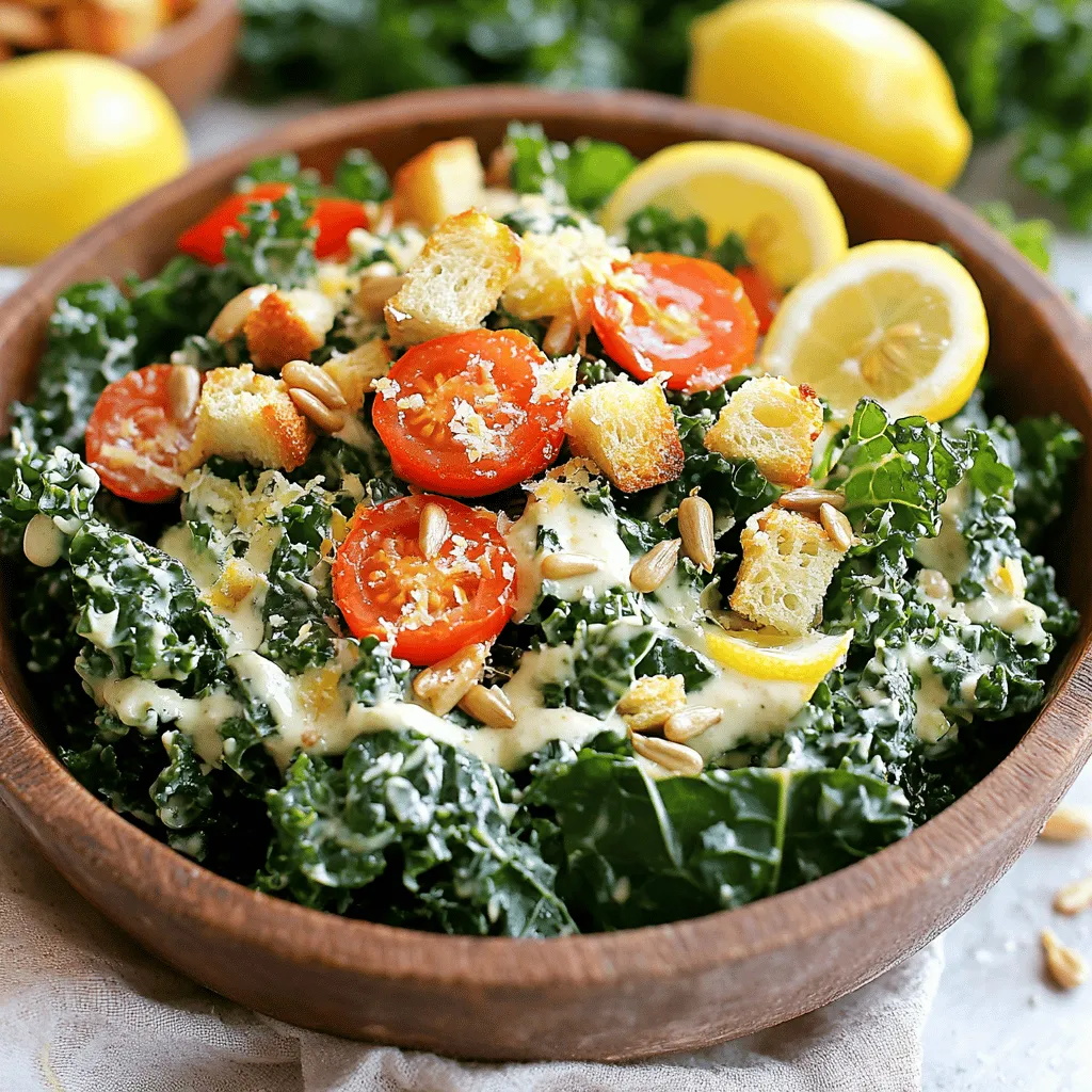 To create a delicious Kale Caesar Salad, gather the following ingredients: - 6 cups kale (stems removed and leaves torn) - 1 cup croutons (store-bought or homemade) - ¼ cup grated Parmesan cheese - 1 clove garlic (minced) - 2 tablespoons tahini - 2 tablespoons lemon juice - 2 tablespoons olive oil - 1 teaspoon Dijon mustard - Salt and pepper to taste - Optional garnishes: sliced cherry tomatoes and sunflower seeds These ingredients come together to make a fresh and flavorful dish. The kale serves as a healthy base, while the dressing adds creaminess. You can choose croutons to add crunch, and Parmesan offers a savory kick. Feel free to adapt the recipe to your taste. For the full recipe, check out the Kale Caesar Delight above. To start, you need to massage the kale leaves. Take 6 cups of kale and remove the stems. Tear the leaves into bite-sized pieces. Place them in a large bowl. Now, sprinkle a pinch of salt over the kale. Use your hands to massage the leaves for about 2-3 minutes. This process makes the kale tender and helps it absorb flavors. Salting is key here. It brings out the natural taste of the kale. Next, it’s time to make the dressing. In a small bowl, combine 1 clove of minced garlic, 2 tablespoons of tahini, 2 tablespoons of lemon juice, and 2 tablespoons of olive oil. Add 1 teaspoon of Dijon mustard, salt, and pepper to taste. Whisk all these ingredients together until the mixture is smooth and creamy. For a great texture, ensure you whisk well. Now, let’s put everything together. Pour the dressing over the massaged kale. Toss the kale well, so each leaf is coated in the dressing. Next, add 1 cup of croutons and ¼ cup of grated Parmesan cheese. Gently fold these ingredients in. If you want, you can add sliced cherry tomatoes and sunflower seeds for extra flavor. Taste your salad. You can adjust the seasoning if needed. Serve it right away for the best taste. Or, let it sit for 10 minutes for the flavors to blend. For the full recipe, check out the instructions above. - Recommended types of kale: I love using Lacinato kale for its rich flavor. It has flat, dark leaves that hold dressing well. Curly kale is also good, but it can be tougher. - How to store homemade dressing: Store any extra dressing in a jar. Keep it in the fridge for up to a week. Shake it well before using again. - Ideal pairings for the salad: This salad pairs well with grilled chicken or fish. It also goes great with a warm baguette. For a light lunch, enjoy it solo! - Presentation tips: Serve the salad in a big bowl. Top it with extra Parmesan and a lemon wedge. This makes it look fresh and inviting. - Customizing seasoning preferences: You can add more lemon juice for extra zing. If you like spice, add a pinch of red pepper flakes. Taste as you go! - Alternatives for tahini: If you don't have tahini, use Greek yogurt for creaminess. You can also try almond butter or sunflower seed butter for a nutty twist. For more detailed steps, check the Full Recipe. {{image_2}} You can boost your Kale Caesar Salad with protein. Grilled chicken is a great choice. It adds flavor and makes the salad more filling. Just slice it thin and mix it in. If you prefer vegetarian options, try adding chickpeas or tofu. Both give good protein and texture. Chickpeas add a nice crunch. Tofu can soak up the dressing well. Adding nuts or seeds can elevate the taste. Walnuts or sunflower seeds add a nice crunch. They also provide healthy fats. You can also experiment with different cheeses. While Parmesan is classic, feta or goat cheese can offer a new twist. Each cheese brings its unique flavor to the salad. Incorporating seasonal vegetables makes the salad fresh. Think of adding cherry tomatoes in summer or roasted butternut squash in fall. You can also adapt the salad for different times of the year. In winter, consider adding Brussels sprouts or apples for a sweet touch. Use whatever is fresh and available to keep your Kale Caesar Salad exciting. For the full recipe, check out the Kale Caesar Delight. To keep your Kale Caesar Salad fresh, place it in the fridge right away. Use an airtight container to prevent air from making it soggy. I like to use glass containers as they seal well and keep the flavors intact. If you have leftover dressing, store it in a separate container. This way, your salad stays crunchy. You can keep your salad in the fridge for about three days. After that, the quality starts to drop. Look for signs like wilting leaves or a strange smell. If the kale turns brown or slimy, it's time to toss it. While I recommend enjoying the salad fresh, if you want to reheat it, do so gently. Use a microwave on low power for short bursts. Heat just until warm, not hot. This keeps the kale from becoming mushy. Remember, the dressing tastes best cold, so skip reheating it. To maintain texture, add fresh croutons after reheating. Enjoy your meal! Kale is packed with nutrients. It is low in calories and high in fiber. One cup of kale has vitamins A, C, and K. It also offers calcium and iron. Eating kale can boost your immunity and improve your skin. These nutrients help your body fight diseases and stay strong. The antioxidants in kale protect your cells from damage. This leafy green can also support heart health. Yes, you can make this salad vegan! To do this, swap the Parmesan cheese for a plant-based version. You can also leave it out entirely. For the dressing, use vegan mayonnaise instead of tahini and check for vegan-friendly mustard. Look for croutons made without dairy or use toasted bread. Many stores offer great vegan options. You can lighten up the dressing easily. Try using Greek yogurt instead of tahini. This adds creaminess with fewer calories. You could also reduce the olive oil and increase lemon juice for flavor. Adding more herbs, like parsley or basil, can boost taste without extra fat. These swaps keep the dressing tasty and healthy. Kale Caesar salad combines fresh flavors and healthy ingredients. We explored recipes, tips, and variations to customize your dish. By choosing the right kale and adding proteins, you enhance nutrition and taste. Store leftovers properly to enjoy them longer. Remember, feel free to experiment with flavors and ingredients. This salad fits any meal and adapts to your lifestyle. Enjoy making your version and sharing it with others!