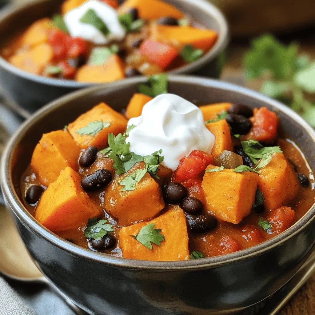 - 2 medium sweet potatoes, peeled and diced - 1 can (15 oz) black beans, rinsed and drained - 1 can (14 oz) diced tomatoes with green chilies - 1 medium onion, chopped - 3 cloves garlic, minced - 1 bell pepper (any color), chopped - 1 teaspoon ground cumin - 1 teaspoon smoked paprika - ½ teaspoon chili powder - 2 cups vegetable broth - 2 tablespoons olive oil - Salt and pepper to taste Sweet Potato Black Bean Chili is packed with flavors and colors. Sweet potatoes give it a nice, creamy texture. Black beans add protein and fiber, making it filling. Diced tomatoes with green chilies bring a slight kick. Onion and garlic provide a savory base. Spices like cumin and paprika elevate the taste. - Fresh cilantro - Sour cream or Greek yogurt - Additional toppings Feel free to add fresh cilantro for a burst of freshness. A dollop of sour cream or Greek yogurt can add creaminess. You can also try toppings like avocado, cheese, or tortilla strips. Enjoy customizing it to suit your taste! For the full recipe, check out the details in the recipe section. Start by gathering all your ingredients. You will need: - 2 medium sweet potatoes, peeled and diced - 1 can (15 oz) black beans, rinsed and drained - 1 can (14 oz) diced tomatoes with green chilies - 1 medium onion, chopped - 3 cloves garlic, minced - 1 bell pepper (any color), chopped - 1 teaspoon ground cumin - 1 teaspoon smoked paprika - ½ teaspoon chili powder - 2 cups vegetable broth - 2 tablespoons olive oil - Salt and pepper to taste - Fresh cilantro, for garnish - Sour cream or Greek yogurt (optional, for serving) Prep time is about 15 minutes, and the total cook time is 45 minutes. Make sure to have all your tools ready. This will help you move fast and enjoy cooking. 1. In a large pot, heat the olive oil over medium heat. 2. Add the chopped onion and bell pepper. Sauté for about 5 minutes until they soften. 3. Stir in the minced garlic. Cook for another minute until it smells great. 4. Next, add the diced sweet potatoes to the pot. Mix well with the veggies. Cook for about 5 minutes, stirring often. 5. Now, sprinkle in the cumin, smoked paprika, and chili powder. Stir to coat the sweet potatoes. Let the spices toast for about 2 minutes. 6. Pour in the vegetable broth. Add the can of diced tomatoes and the black beans. Mix everything well. 7. Bring the chili to a boil. Lower the heat and let it simmer for 20-25 minutes. Cook until the sweet potatoes are tender. Once done, season with salt and pepper to taste. Adjust the spices if you want more flavor. Remove from heat and let it cool slightly. For serving, scoop the chili into deep bowls. Garnish with fresh cilantro and a dollop of sour cream or Greek yogurt for extra creaminess. Enjoy it with crusty bread or tortilla chips. To get the best flavor from your Sweet Potato Black Bean Chili, focus on the spices. Start with the cumin, smoked paprika, and chili powder. Toast them briefly in the pot. This step boosts their taste and adds depth to your chili. Next, sauté your onion and bell pepper until soft. This forms a tasty base for your dish. For the perfect chili texture, do not rush the simmering stage. Let it cook for 20-25 minutes. This time helps the sweet potatoes become tender and allows the flavors to meld. Stir occasionally to prevent sticking and ensure even cooking. This chili shines when paired with crusty bread or tortilla chips. These sides add crunch and balance the dish's richness. For a fun twist, serve your chili in a bread bowl. It looks great and keeps everything warm. Garnishing can elevate your chili. Try fresh cilantro for color and freshness. A dollop of sour cream or Greek yogurt adds creaminess that contrasts well with the spices. You can also sprinkle some cheese on top for extra flavor. One common mistake is overcooking the sweet potatoes. Keep an eye on them while simmering. You want them soft but not mushy. If they break apart, your chili can turn too thick. Another issue is under-seasoning. Always taste your chili before serving. If it seems bland, add more salt or spices. A little adjustment can make a big difference in flavor. Enjoy your cooking! {{image_2}} You can change the beans in this chili. Instead of black beans, try pinto or kidney beans. They both add a tasty twist. You can also use chickpeas for a different texture. Feel free to swap vegetables too. If you don't have sweet potatoes, use butternut squash or carrots. Both options add sweetness. You can even throw in some zucchini or corn for extra color and flavor. To give your chili some heat, add fresh peppers. Jalapeños or serranos work well. Chop them up and mix them in with the onions. For a milder option, use diced bell peppers. You can also boost the flavor with spices. Try adding cayenne or crushed red pepper for more heat. If you want a warm depth, use ground coriander. It pairs nicely with the other spices. How you serve your chili can make it special. Try using rustic bread bowls for a fun twist. You can also serve it in deep plates with a side of tortilla chips. That adds crunch! For garnishing, think outside the box. Use avocado slices for creaminess. Crushed tortilla chips add texture. You can also sprinkle some queso fresco for a salty finish. Fresh cilantro brightens up the dish and adds color. For the full recipe, check out the Sweet Potato Black Bean Chili. After you cook your sweet potato black bean chili, let it cool. Then, store it in an airtight container. In the fridge, it will last about 4 to 5 days. This gives you time to enjoy it again! To freeze the chili, allow it to cool completely. Then, portion it into freezer-safe bags or containers. Remove as much air as possible to prevent freezer burn. Your chili can last up to 3 months in the freezer. When you’re ready to eat, thaw it overnight in the fridge. Reheat it on the stove or in the microwave until hot. You can get creative with leftover chili! Try using it as a topping for baked potatoes or nachos. It also works great in tacos or quesadillas. You can even stir it into rice or grain bowls for a complete meal. With so many options, you’ll never get bored! For the full recipe, check out the Sweet Potato Black Bean Chili recipe. Sweet Potato Black Bean Chili is a warm and filling dish. It combines sweet potatoes and black beans, which give it a rich texture. The chili has a mix of spices, tomatoes, and veggies, making it vibrant and tasty. You can enjoy it on its own or with bread. This dish is not only comforting but also very nutritious. It is perfect for a cozy dinner or a meal prep option. You can find the full recipe above to try it yourself! Yes, you can make this chili in a slow cooker! Here’s how: - Start by sautéing the onion and bell pepper in a pan. - Add these to your slow cooker. - Next, add the diced sweet potatoes, black beans, diced tomatoes, and spices. - Pour in the vegetable broth. - Set the slow cooker to low for 6-8 hours or high for 3-4 hours. - Stir occasionally if you can. The longer cooking time makes the flavors blend well. If you want more heat in your chili, here are some tips: - Add diced jalapeños or serrano peppers for a fresh kick. - Use a hotter chili powder or add cayenne pepper. - Stir in some hot sauce before serving to adjust the heat. - For more depth, add smoked chipotle peppers. These additions will give your chili a nice kick without changing the overall flavor too much. Enjoy experimenting! In this article, I covered how to make Sweet Potato Black Bean Chili. We explored key ingredients like sweet potatoes, black beans, and spices. I shared step-by-step cooking instructions to guide you in creating this dish. I also included tips for better flavor and common mistakes to avoid. Lastly, we discussed variations and storage info. Now you can enjoy this tasty, healthy meal. With practice, you’ll master the art of chili-making!