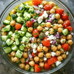 To make the Mediterranean Chickpea Salad, gather these ingredients: - 1 can (15 oz) chickpeas, drained and rinsed - 1 cucumber, diced - 1 cup cherry tomatoes, halved - 1 red bell pepper, diced - 1/2 red onion, finely chopped - 1/2 cup Kalamata olives, pitted and halved - 1/4 cup feta cheese, crumbled - 2 tablespoons fresh parsley, chopped - 1 tablespoon fresh oregano, chopped - 3 tablespoons olive oil - 2 tablespoons lemon juice - Salt and pepper to taste Fresh produce makes this salad shine. The cucumber adds crunch. Cherry tomatoes bring sweetness. Diced red bell pepper adds color and flavor. The red onion gives a nice bite. You can make this salad even more colorful by using yellow or orange peppers. Fresh herbs like parsley and oregano add aroma and taste. Use bright, ripe veggies for the best results. Chickpeas are the star of this salad. They provide protein and texture. Kalamata olives add a salty bite and earthy flavor. Feta cheese gives a creamy touch. Olive oil and lemon juice create a fresh dressing that ties it all together. Salt and pepper enhance the flavors. Each ingredient plays a role in making this dish tasty and satisfying. Check out the Full Recipe for more details on preparing this delightful salad. Start by washing your veggies. Use a clean knife and cutting board. First, dice the cucumber into small cubes. Next, chop the red bell pepper and red onion. Halve the cherry tomatoes, making them bite-sized. These fresh vegetables add crunch and color to your salad. In a large mixing bowl, combine all your veggies. Add the rinsed chickpeas, diced cucumber, cherry tomatoes, red bell pepper, red onion, and Kalamata olives. Stir them gently together. Make sure everything is mixed well for an even taste. In a small bowl, whisk together olive oil and lemon juice. Add a pinch of salt and pepper to this mix. This dressing gives your salad a zesty kick. Taste it and adjust if you want more flavor. Pour the dressing over the salad mixture. Toss everything gently to coat the salad well. Add the crumbled feta cheese, chopped parsley, and oregano. Fold these in carefully to keep the feta intact. Let the salad rest for about 15 minutes. This wait helps the flavors blend. Serve it in a bowl or individual cups for a pretty touch. Check the [Full Recipe] for more details on preparation. To make your Mediterranean chickpea salad shine, focus on fresh ingredients. Use ripe cherry tomatoes and crisp cucumbers. They add great texture and flavor. Make sure to rinse the chickpeas well. This removes extra salt and gives a clean taste. Always let your salad sit for a bit. Allowing the flavors to blend makes a big difference. Aim for about 15 minutes before serving. For the best taste, shop local. Visit farmer's markets for fresh produce. You’ll find vibrant vegetables and herbs there. Look for high-quality Kalamata olives and feta cheese. These can make or break your dish. Check the labels; go for products without additives. If you can, choose organic ingredients for better flavor and health. Don’t be afraid to mix things up! Add nuts for crunch, like almonds or walnuts. You can swap feta cheese for avocado for a creamier texture. Try adding spices like cumin or paprika for warmth. If you like heat, consider a pinch of red pepper flakes. Remember, your salad should reflect your tastes! Adjust the ingredients based on what you enjoy. For more ideas, check the Full Recipe for variations. {{image_2}} You can easily add quinoa to this salad. Quinoa boosts protein and fiber. Cook 1 cup of quinoa and let it cool. Mix it in with the chickpeas and veggies. This addition makes the salad more filling. It also adds a nice texture. This salad is naturally vegan and gluten-free. To keep it that way, skip the feta cheese. Instead, try avocado or a vegan cheese. These options keep the flavor but change the texture. Always check labels to ensure all ingredients are gluten-free. Using seasonal produce can make this salad even better. In spring, add fresh peas or asparagus. Summer is great for zucchini or bell peppers. In fall, consider using roasted sweet potatoes. Winter calls for hearty greens like kale or spinach. Swap ingredients based on what you have. This keeps the dish fresh and exciting. For the full recipe, check out the Mediterranean Chickpea Delight. To keep your Mediterranean chickpea salad fresh, store it in an airtight container. Place it in the fridge right after serving. This method will help keep the flavors and crunch. Use the salad within three days for the best taste. If you notice any watery liquid, drain it before serving again. When prepping, use fresh ingredients for the best flavor. Store your chickpeas in a cool, dry place. Keep veggies like cucumbers and bell peppers in the fridge. Wrap them in a damp paper towel to maintain moisture. For herbs like parsley and oregano, place them in a glass of water, covered loosely with a bag. This keeps them fresh longer. Prepare the salad base in advance but add the dressing just before serving. This keeps the salad crisp. You can mix the chickpeas, veggies, and herbs ahead of time. Store the dressing separately. When ready to eat, simply toss everything together. This simple step enhances flavor and texture. For a full recipe, check the Mediterranean Chickpea Delight. You can add many tasty ingredients to boost flavor. Try adding diced avocado for creaminess. Roasted red peppers can add a sweet touch. Fresh herbs like basil or mint can brighten the taste. You might also add grilled chicken or shrimp for protein. If you like spice, toss in some sliced jalapeños or red pepper flakes. These adjustments keep the salad fresh and fun. Yes, you can prepare this salad ahead of time. Making it a few hours before serving lets the flavors blend well. Just keep it in the fridge until you're ready to eat. If you make it a day in advance, that works too. Just add the feta cheese right before serving to keep it fresh. Your Mediterranean Chickpea Salad will last about 3 to 5 days in the fridge. Store it in an airtight container to keep it fresh. Over time, the salad may lose some crunch. If you notice the veggies getting soft, it’s time to eat it. Enjoy it as a light lunch or side dish. Yes, Mediterranean Chickpea Salad is low in calories. It is packed with healthy ingredients. Chickpeas provide protein and fiber, while veggies add nutrients without many calories. A serving has about 200 calories, depending on the dressing. This makes it a great choice for a light meal or snack. For the full recipe, check the details above. This blog covered all you need to know for a great Mediterranean Chickpea Salad. We explored the key ingredients, how to prepare and mix them, and tips for perfecting the dish. Variations provide options for different diets and seasonal ingredients. Proper storage keeps leftovers fresh and tasty. With this knowledge, you can easily create a delicious and healthy salad. Enjoy experimenting with flavors and textures. Your salad dreams are just a recipe away!