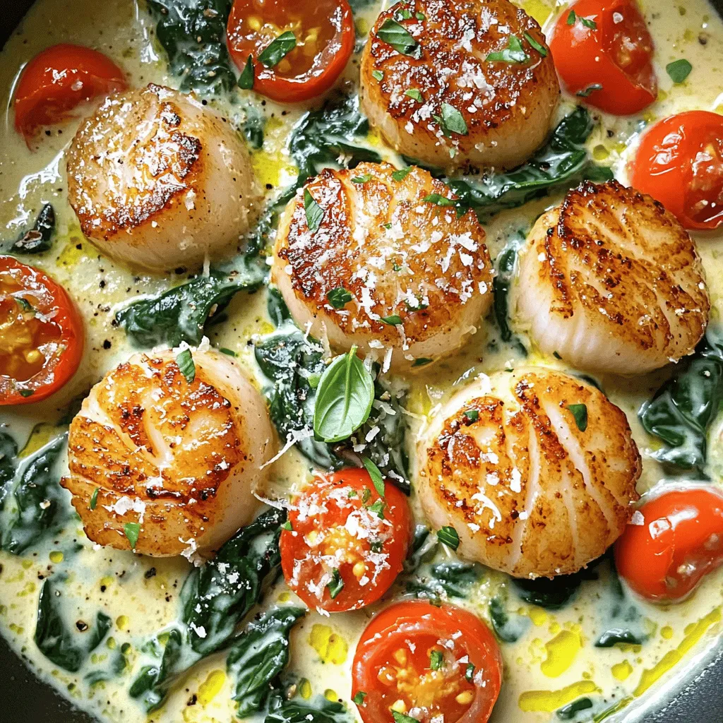 For the Creamy Tuscan Scallops, you will need: - 1 pound sea scallops, patted dry - 2 tablespoons olive oil - 2 tablespoons unsalted butter - 3 cloves garlic, minced - 1 cup cherry tomatoes, halved - 2 cups fresh spinach - 1 cup heavy cream - 1 teaspoon dried basil - 1 teaspoon dried oregano - Salt and pepper, to taste - Freshly grated Parmesan cheese, for garnish - Fresh basil for garnish (optional) Each ingredient plays a key role in creating rich flavors. The scallops bring a sweet taste, while garlic adds depth. Olive oil and butter provide a tasty base for cooking. The spinach and tomatoes add freshness and color to the dish. Heavy cream makes everything creamy and luscious. You can enhance your dish with these optional ingredients: - A splash of white wine for acidity - Red pepper flakes for heat - Lemon zest for brightness These extras can elevate the taste of your dish. A splash of wine adds a nice tang. Red pepper flakes give it a kick. Lemon zest brightens the flavors and adds freshness. If you have dietary needs, here are some substitutions: - Use vegetable broth instead of heavy cream for a lighter version. - Swap scallops with shrimp or chicken for different protein options. - Replace spinach with kale or Swiss chard if you prefer. These swaps keep the dish tasty while meeting your needs. Each option still brings great flavor and texture to the meal. For the full recipe, check out the complete guide above. Start by patting the scallops dry. This helps them sear better. Heat 2 tablespoons of olive oil in a large skillet over medium-high heat. Once the oil is hot, add the scallops in a single layer. Make sure they do not touch each other. Sear the scallops for about 2-3 minutes on one side. You want a golden brown crust. Season them with salt and pepper. Flip the scallops and cook for another 2 minutes. They should be opaque and cooked through. Remove the scallops from the skillet and keep them warm on a plate. In the same skillet, lower the heat to medium and add 2 tablespoons of unsalted butter. Let it melt, then add 3 cloves of minced garlic. Sauté the garlic for about 30 seconds until it smells good but does not brown. Next, add 1 cup of halved cherry tomatoes. Cook these for 2-3 minutes until they soften. Then, stir in 2 cups of fresh spinach and cook until it wilts, about 1-2 minutes. Now, pour in 1 cup of heavy cream and mix well. Add 1 teaspoon of dried basil and 1 teaspoon of dried oregano. Season the sauce with salt and pepper to taste. Allow the sauce to simmer for 3-4 minutes until it thickens slightly. Gently return the scallops to the skillet. Spoon the creamy sauce over them and let them warm for one more minute. Now, it’s time to serve! Plate the scallops and top them with freshly grated Parmesan cheese. For a touch of fresh flavor, add some fresh basil if you like. Enjoy this delicious meal with your favorite sides. For the complete recipe, check out the Full Recipe. To sear scallops well, start with dry scallops. Pat them dry with a paper towel. This helps them brown nicely. Heat your skillet until it's hot. Add olive oil and let it heat too. Place the scallops in a single layer. Don’t crowd them; this keeps them from steaming. Cook them for 2-3 minutes. You want a golden crust. Flip them gently and cook for another 2 minutes. This will give you a perfect sear. Creamy Tuscan scallops taste great with many sides. Here are some of my favorites: - Garlic bread: It soaks up that creamy sauce. - Pasta: Toss it with olive oil and herbs. - Rice: A fluffy rice complements the dish well. - Roasted vegetables: They add color and nutrients. - A fresh salad: A simple green salad adds crunch. Each of these pairs nicely with the rich flavors of the scallops. Avoid these common mistakes for the best results: - Don't skip drying the scallops: Wet scallops won't sear well. - Avoid overcrowding the pan: This leads to steaming instead of searing. - Don’t rush the cooking: Good sear takes time. - Taste your sauce: Adjust salt and pepper to your liking. - Serve immediately: Scallops taste best fresh from the pan. By following these tips, you will create a dish that impresses every time. For the full recipe, check the earlier section. {{image_2}} You can change the flavor of your Creamy Tuscan Scallops by adding different vegetables. Try bell peppers for a sweet crunch. Zucchini adds mild flavor and a nice color. Mushrooms bring an earthy taste. Simply sauté these veggies with garlic before adding the cream. This way, you create a delicious mix of tastes. Switch up the sauce for a new twist. Instead of heavy cream, use coconut milk for a dairy-free option. This adds a subtle sweetness. You can also try a lemon butter sauce for a brighter flavor. Just melt butter, mix in lemon juice, and pour it over the scallops. Each sauce gives a different feel to the dish. If you want to try something different, swap scallops with shrimp or chicken. Shrimp cooks fast and adds a nice flavor. Chicken thighs are juicy and work well in this recipe. Just make sure to adjust cooking times. You can still enjoy the creamy sauce with these protein swaps. Explore what you like best! For the full recipe, check out the Creamy Tuscan Scallops. To keep your creamy Tuscan scallops fresh, follow these steps: - Cool down: Let the scallops cool to room temperature. - Use an airtight container: Transfer them into a clean, airtight container. - Refrigerate: Store the container in the fridge. You should eat the leftovers within 2-3 days for the best taste. - Label: Write the date on the container to track freshness. Reheating your creamy Tuscan scallops can be simple and tasty. Here’s how: - Use a skillet: Heat a skillet over low to medium heat. - Add a splash of cream: This keeps the scallops moist. - Stir gently: Add the scallops and sauce to the skillet. Stir slowly until warmed through, about 5 minutes. - Avoid high heat: This can make the scallops tough and rubbery. Freezing creamy Tuscan scallops is not ideal, but you can do it. Here are the steps: - Cool completely: Make sure the scallops are cool before freezing. - Use freezer-safe bags: Place the scallops and sauce in freezer bags, removing as much air as possible. - Label and date: Write the date on the bags to remember when you froze them. - Store: Keep them in the freezer for up to 2 months. - Thaw before reheating: When ready, thaw them in the fridge overnight before reheating. Following these storage tips will help you enjoy your creamy Tuscan scallops even longer! For the full recipe, check the link above. You can serve Creamy Tuscan Scallops with many sides. Here are some great options: - Pasta: Spaghetti or fettuccine pairs well with the sauce. - Rice: White or brown rice soaks up the creamy sauce nicely. - Bread: A crusty loaf is perfect for dipping. - Salad: A fresh green salad adds a crisp contrast. These sides make your meal more filling and tasty. They balance the rich flavors of the scallops well. Yes, you can use frozen scallops! Just be sure to thaw them first. To thaw, place them in the fridge overnight or run them under cold water. Pat them dry before cooking. This helps achieve that nice sear. Frozen scallops may not have the same texture as fresh ones, but they will still taste great in this dish. Creamy Tuscan Scallops are not spicy. The dish has a mild flavor profile. The garlic and herbs enhance the taste without heat. If you want to add spice, consider a pinch of red pepper flakes. This can give the dish a nice kick without overpowering it. Enjoy your cooking adventure with this recipe! For the full recipe, check the details above. In this post, we covered how to make Creamy Tuscan Scallops. The detailed ingredient list can help your dish shine. I shared tips for perfect searing and common mistakes to avoid. You can try variations with different veggies and sauces to switch things up. Remember, proper storage keeps your leftovers tasty. For more info, check the FAQs to answer your questions. Enjoy your cooking and feel proud of your dish!