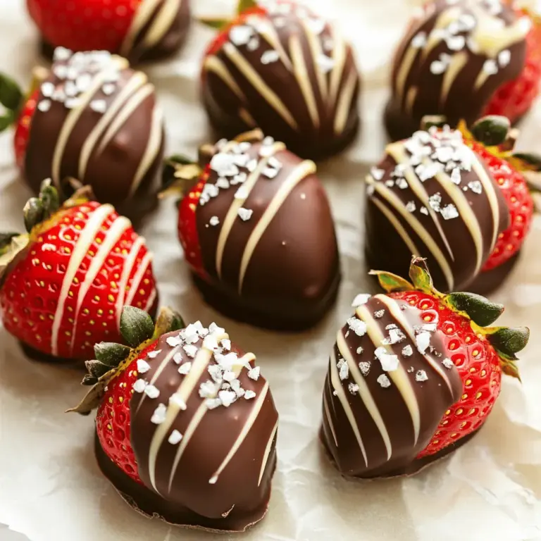 To make chocolate-covered strawberries, you need a few key items. Here’s a quick list: - 1 pound fresh strawberries, rinsed and dried - 8 ounces dark chocolate (at least 70% cocoa), chopped - 1 tablespoon coconut oil (optional, for a smooth finish) - 1/2 cup white chocolate, chopped (for drizzling) - Sea salt flakes (for garnish) These ingredients come together to create a sweet and rich treat. The strawberries should be ripe and firm for the best taste. When choosing chocolate, select high-quality brands. Look for chocolate with at least 70% cocoa. Brands like Ghirardelli and Callebaut work well. They melt smoothly and taste rich. For white chocolate, choose a brand that melts well. This ensures a lovely drizzle on your strawberries. You can spice up your chocolate-covered strawberries with fun add-ins. Here are some ideas: - Crushed nuts, like almonds or pistachios, for a crunchy texture - Colored sprinkles for a festive look - Shredded coconut for a tropical twist - A touch of flavored extract, like vanilla or almond, in the chocolate These add-ins make your treat unique and even more enjoyable. Feel free to get creative and try different combinations! Start with fresh strawberries. Rinse them gently under cool water. Use a paper towel to pat them dry. It’s important they are completely dry. If they are wet, the chocolate won’t stick well. Choose strawberries that are firm and bright red for the best taste. Next, we need to melt the dark chocolate. Take 8 ounces of dark chocolate and chop it into small pieces. Place the chocolate in a microwave-safe bowl. If you want a smooth finish, add 1 tablespoon of coconut oil. Microwave the chocolate in 30-second intervals. Stir after each interval until it is fully melted. Be careful not to overheat it, as burnt chocolate can ruin the taste. Hold each strawberry by the stem. Dip it into the melted dark chocolate. Tilt the bowl to cover the strawberry evenly. Allow any extra chocolate to drip off. Place the dipped strawberries on a baking sheet lined with parchment paper. For a fun touch, melt 1/2 cup of white chocolate in the same way. Transfer the melted white chocolate to a piping bag or a small zip-top bag. Cut a tiny corner and drizzle it over the dark chocolate-covered strawberries. While the chocolate is still soft, sprinkle a few sea salt flakes on top. This adds a nice flavor contrast. Now, refrigerate the strawberries for about 30 minutes. This helps the chocolate set completely, making them ready to enjoy. Enjoy the full recipe to explore more details and tips! To get a smooth finish, use good quality chocolate. I like dark chocolate with at least 70% cocoa. Chop the chocolate into small, even pieces. This helps it melt evenly. Add a tablespoon of coconut oil if you want a shiny look. Melt the chocolate in short bursts in the microwave. Stir it well between each burst. This method stops the chocolate from burning. One big mistake is not drying the strawberries. If they are wet, the chocolate won’t stick. Always rinse and dry them thoroughly. Another mistake is overheating the chocolate. It can burn quickly. If the chocolate gets too thick, add a bit more coconut oil. Don't rush the cooling process. Let the chocolate set in the fridge for at least 30 minutes. Store your chocolate-covered strawberries in the fridge. Use an airtight container to keep them fresh. If you stack them, place parchment paper between layers. This stops them from sticking together. Enjoy them within two days for the best taste. You can also freeze them, but the texture may change. For a special treat, try the Full Recipe for more detailed steps! {{image_2}} You can spice up your chocolate-covered strawberries with fun flavors. Try adding sprinkles for a pop of color. Nuts, like crushed almonds or hazelnuts, add a nice crunch. You can also use flavored chocolates, like orange or mint. These options make your treat more exciting and unique. Chocolate-covered strawberries can be made with various chocolates. You can use milk chocolate for a sweet taste. White chocolate offers a creamy flavor, while dark chocolate gives a rich bite. Ruby chocolate is a newer option with a fruity taste. Experimenting with these chocolates can change the whole experience. Make themed strawberries for special occasions. For Valentine's Day, add heart-shaped sprinkles. At Halloween, use orange and black candies. For Christmas, try red and green colored chocolate. These fun touches make your strawberries stand out. They are great for parties and events. Want to try this? Check out the Full Recipe to get started! To keep your chocolate-covered strawberries fresh, store them in the fridge. Use an airtight container to avoid moisture. Place parchment paper between layers if stacking. This prevents sticking and keeps them looking great. Never leave them out at room temperature. Heat can cause the chocolate to melt and lose its shine. Chocolate-covered strawberries taste best within 24 hours of making them. They can last up to three days in the fridge. After that, the strawberries can lose their firmness. The chocolate may also start to dull. Always check for any signs of spoilage before eating. Freezing chocolate-covered strawberries is possible but may change their texture. To freeze, place them on a baking sheet in a single layer. Freeze until solid, then transfer to a freezer bag. They can last for up to three months in the freezer. When ready to eat, thaw them in the fridge for a few hours. Enjoy them as a cool treat! For the full recipe, refer to the Decadent Chocolate-Covered Strawberries section. You can skip coconut oil. Just melt the chocolate without it. The chocolate will still coat the strawberries well. It might be a bit thicker, but it will taste great. Melting chocolate slowly helps keep it smooth. Use a microwave or a double boiler for this. Yes, you can use store-bought chocolate sauce. It saves time and is easy to use. Just warm it up so it’s easy to dip the strawberries. Make sure it’s not too hot. It should coat the strawberries nicely. Use fresh, ripe strawberries for the best taste. Look for strawberries that are firm and shiny. They should have a bright red color. Avoid any with bruises or soft spots. Smaller strawberries are easier to dip, but larger ones make a great treat too. To stop chocolate from cracking, let it cool slowly. After dipping, place the strawberries on parchment paper. Keep them in a cool spot, but not too cold. If the chocolate is too warm when you dip, it can crack as it cools. A smooth melt helps too. In this post, we covered how to make delicious chocolate-covered strawberries. We discussed the essential ingredients and brands to choose. I shared step-by-step instructions for preparing and dipping. You learned tips for a smooth finish and common mistakes to avoid. We also explored fun variations and proper storage methods. Now you can impress friends with your tasty treats. Enjoy crafting and savoring these chocolate delights!