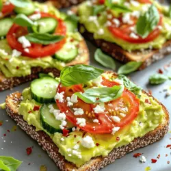 To make the best avocado toast, start with fresh, ripe avocados. They give the toast a creamy texture and rich taste. Here’s what you need for my Avocado Toast Fiesta recipe: - 2 ripe avocados - 4 slices of whole grain or sourdough bread - 1 medium tomato, sliced - 1 small cucumber, diced - 1/4 cup feta cheese, crumbled - 1/4 teaspoon garlic powder - 1 tablespoon lemon juice - 1 tablespoon olive oil - Salt and pepper to taste - Fresh basil leaves for garnish Toppings can make your avocado toast even better. Here are some ideas to add zest: - Red pepper flakes for heat - Sesame seeds for crunch - Microgreens for freshness These toppings can elevate your dish, adding new flavors and textures. Choosing the right bread can change your toast game. Whole grain bread is a great option. It is high in fiber and nutrients. Sourdough also works well, bringing a tangy taste. You can even use gluten-free bread if you prefer. Just pick what fits your diet best. For the full experience, check out the Full Recipe for precise steps. To make the best avocado toast, start with fresh ingredients. Follow these simple steps for a great meal: 1. Toast the Bread: Take 4 slices of whole grain or sourdough bread. Toast them until crunchy. You can use a toaster or an oven. 2. Mash the Avocado: Grab 2 ripe avocados. Scoop them into a bowl. Use a fork to mash them. Add 1/4 teaspoon of garlic powder and 1 tablespoon of lemon juice. Drizzle 1 tablespoon of olive oil on top. Season with salt and pepper. Mix until creamy. 3. Spread the Mixture: Use a knife to spread the avocado mix on each toasted slice. Make sure to cover it well. 4. Add Fresh Toppings: Slice 1 medium tomato and dice 1 small cucumber. Place these on top of the avocado. This adds a nice crunch. 5. Sprinkle Cheese: Crumble 1/4 cup of feta cheese over the tomato and cucumber. This adds a salty kick. 6. Finish Up: Sprinkle a bit of salt and pepper. You can also add red pepper flakes or sesame seeds for extra flavor. 7. Garnish: Finally, add fresh basil leaves on top for a pop of color and taste. If you want to save time, here are some quick tips: - Pre-cut Toppings: Wash and cut your vegetables in advance. Store them in the fridge. This way, you can quickly grab them when you need them. - Use Store-bought Mixes: You can buy pre-made guacamole instead of mashing avocados. Just spread it on the toast. - Toast Bread Ahead: Toast your bread in batches. You can make extra and store them for later. Just reheat them when you're ready to eat. How you serve your avocado toast matters. Here are some fun ideas: - Plate Nicely: Use a clean white plate to make the colors pop. Arrange the toast in a line or a circle for beauty. - Add Color: Use colorful vegetables for a vibrant look. Cherry tomatoes or radishes work well. - Garnish Creatively: Use herbs like cilantro or parsley. You can also drizzle some balsamic glaze on top for flair. With these tips, you can create a tasty and healthy avocado toast feast. For the full recipe, check the section above! Avocados are more than tasty. They offer many health perks. They are rich in healthy fats, fiber, and vitamins. The good fats help your heart. Fiber aids digestion and keeps you full. Vitamins like E and K boost your skin health. Eating avocados may lower bad cholesterol. They help with weight control too. Choosing the best avocados is key. Look for ripe ones. The skin should be dark and slightly soft. Press gently; it should give a little. Avoid avocados with dark spots or wrinkles. If they feel too hard, they need more time to ripen. You can speed up ripening by placing them in a brown bag. This traps the ethylene gas and helps them ripen faster. Mixing in seasonal ingredients makes your avocado toast fun. In spring, try fresh radishes and herbs. In summer, add juicy tomatoes and basil. Fall calls for roasted pumpkin seeds or apples. Winter is great for pomegranate seeds or citrus slices. Use the Full Recipe as a base and get creative. You can change flavors to match your mood or the season. {{image_2}} For a taste of the Mediterranean, I love this avocado toast. Start with a slice of toasted whole grain or sourdough bread. Spread creamy avocado mixed with garlic powder and lemon juice on top. Add fresh tomato slices and diced cucumber for a crunch. Crumbled feta cheese adds a salty kick. Don’t forget to sprinkle fresh basil leaves for a burst of flavor. This dish is colorful and packed with nutrients. You can check the Full Recipe for exact steps and tips! If you like heat, spicy avocado toast is for you. After you mash the avocado, mix in some red pepper flakes. You can also top your toast with sliced jalapeños for extra spice. A drizzle of sriracha or hot sauce will wake up your taste buds. Pair it with creamy goat cheese for a rich contrast. This toast is perfect for those who enjoy bold flavors. For a twist, try sweet and savory toppings. Start with your base of smashed avocado. Then, add sliced strawberries or figs. A drizzle of honey on top gives a sweet touch. Sprinkle some sea salt to balance the flavors. You could also add a dollop of ricotta cheese for creaminess. This combo makes for a delightful breakfast or snack. Don't be afraid to mix and match flavors! Storing leftover avocado toast can be tricky. The bread gets soggy, and the avocado turns brown. To keep it fresh, store the avocado mixture and bread separately. Place the toast in an airtight container. This helps keep the bread crisp. For the avocado mixture, use a small bowl. Cover it tightly with plastic wrap, pressing it against the surface. This reduces air exposure. I recommend eating leftovers within a day for the best taste. Avocado browning happens due to oxidation. To slow this down, add lemon or lime juice to the avocado mixture. The acid helps keep the color bright. If you have leftover slices, brush them with lemon juice too. Another trick is to store the avocado with onion. Place a slice of onion in the container. The gases from the onion can help keep the avocado green. Making avocado mixtures ahead of time saves time. You can prepare them up to two days in advance. Just follow these tips. Start by mashing ripe avocados in a bowl. Mix in lemon juice and garlic powder. Then, store it in an airtight container. Press plastic wrap onto the mixture to keep air out. You can also try adding yogurt or cottage cheese for a creamy twist. This adds protein and keeps the mixture fresh. When ready to eat, spread it on your favorite bread. Enjoy a quick and healthy meal anytime! For more delicious ideas, check out the Full Recipe for Avocado Toast Fiesta. Avocado toast offers many health benefits. First, avocados are rich in healthy fats. These fats can help lower bad cholesterol. They also provide fiber, which aids in digestion. Avocados are full of vitamins like K, E, and C. These vitamins support skin health and boost immunity. Eating avocado toast can also keep you full longer. This helps you avoid unhealthy snacks later. Overall, it makes for a nutritious and tasty meal. To make your avocado toast vegan, skip any dairy toppings like cheese. Use plant-based options instead. For example, try nutritional yeast for a cheesy flavor or spread hummus for creaminess. You can also add fresh herbs like cilantro or dill for extra taste. Another great idea is to use sliced radishes or pickled vegetables as toppings. These add crunch and flavor without any animal products. This way, you keep it healthy and plant-based! The best toppings for avocado toast depend on your taste. Here are some popular choices: - Sliced tomatoes - Diced cucumbers - Crumbled feta cheese - Red pepper flakes - Sesame seeds - Microgreens - Fresh herbs like basil or cilantro - Sliced radishes - Pickled onions Mix and match these toppings to create your favorite flavor. You can also try sweet options like honey or sliced fruits for a unique twist. For a full recipe, check out Avocado Toast Fiesta. Avocado toast is a tasty, healthy dish you can make in many ways. We explored key ingredients, toppings, and bread choices. You learned how to prepare it perfectly and save time. We also shared tips on health benefits and storing leftovers. Overall, avocado toast is easy to customize and fun to eat. Try different flavors and enjoy the health perks. Your next meal can be tasty and good for you. Enjoy your avocado adventure!