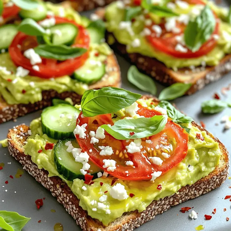 To make the best avocado toast, start with fresh, ripe avocados. They give the toast a creamy texture and rich taste. Here’s what you need for my Avocado Toast Fiesta recipe: - 2 ripe avocados - 4 slices of whole grain or sourdough bread - 1 medium tomato, sliced - 1 small cucumber, diced - 1/4 cup feta cheese, crumbled - 1/4 teaspoon garlic powder - 1 tablespoon lemon juice - 1 tablespoon olive oil - Salt and pepper to taste - Fresh basil leaves for garnish Toppings can make your avocado toast even better. Here are some ideas to add zest: - Red pepper flakes for heat - Sesame seeds for crunch - Microgreens for freshness These toppings can elevate your dish, adding new flavors and textures. Choosing the right bread can change your toast game. Whole grain bread is a great option. It is high in fiber and nutrients. Sourdough also works well, bringing a tangy taste. You can even use gluten-free bread if you prefer. Just pick what fits your diet best. For the full experience, check out the Full Recipe for precise steps. To make the best avocado toast, start with fresh ingredients. Follow these simple steps for a great meal: 1. Toast the Bread: Take 4 slices of whole grain or sourdough bread. Toast them until crunchy. You can use a toaster or an oven. 2. Mash the Avocado: Grab 2 ripe avocados. Scoop them into a bowl. Use a fork to mash them. Add 1/4 teaspoon of garlic powder and 1 tablespoon of lemon juice. Drizzle 1 tablespoon of olive oil on top. Season with salt and pepper. Mix until creamy. 3. Spread the Mixture: Use a knife to spread the avocado mix on each toasted slice. Make sure to cover it well. 4. Add Fresh Toppings: Slice 1 medium tomato and dice 1 small cucumber. Place these on top of the avocado. This adds a nice crunch. 5. Sprinkle Cheese: Crumble 1/4 cup of feta cheese over the tomato and cucumber. This adds a salty kick. 6. Finish Up: Sprinkle a bit of salt and pepper. You can also add red pepper flakes or sesame seeds for extra flavor. 7. Garnish: Finally, add fresh basil leaves on top for a pop of color and taste. If you want to save time, here are some quick tips: - Pre-cut Toppings: Wash and cut your vegetables in advance. Store them in the fridge. This way, you can quickly grab them when you need them. - Use Store-bought Mixes: You can buy pre-made guacamole instead of mashing avocados. Just spread it on the toast. - Toast Bread Ahead: Toast your bread in batches. You can make extra and store them for later. Just reheat them when you're ready to eat. How you serve your avocado toast matters. Here are some fun ideas: - Plate Nicely: Use a clean white plate to make the colors pop. Arrange the toast in a line or a circle for beauty. - Add Color: Use colorful vegetables for a vibrant look. Cherry tomatoes or radishes work well. - Garnish Creatively: Use herbs like cilantro or parsley. You can also drizzle some balsamic glaze on top for flair. With these tips, you can create a tasty and healthy avocado toast feast. For the full recipe, check the section above! Avocados are more than tasty. They offer many health perks. They are rich in healthy fats, fiber, and vitamins. The good fats help your heart. Fiber aids digestion and keeps you full. Vitamins like E and K boost your skin health. Eating avocados may lower bad cholesterol. They help with weight control too. Choosing the best avocados is key. Look for ripe ones. The skin should be dark and slightly soft. Press gently; it should give a little. Avoid avocados with dark spots or wrinkles. If they feel too hard, they need more time to ripen. You can speed up ripening by placing them in a brown bag. This traps the ethylene gas and helps them ripen faster. Mixing in seasonal ingredients makes your avocado toast fun. In spring, try fresh radishes and herbs. In summer, add juicy tomatoes and basil. Fall calls for roasted pumpkin seeds or apples. Winter is great for pomegranate seeds or citrus slices. Use the Full Recipe as a base and get creative. You can change flavors to match your mood or the season. {{image_2}} For a taste of the Mediterranean, I love this avocado toast. Start with a slice of toasted whole grain or sourdough bread. Spread creamy avocado mixed with garlic powder and lemon juice on top. Add fresh tomato slices and diced cucumber for a crunch. Crumbled feta cheese adds a salty kick. Don’t forget to sprinkle fresh basil leaves for a burst of flavor. This dish is colorful and packed with nutrients. You can check the Full Recipe for exact steps and tips! If you like heat, spicy avocado toast is for you. After you mash the avocado, mix in some red pepper flakes. You can also top your toast with sliced jalapeños for extra spice. A drizzle of sriracha or hot sauce will wake up your taste buds. Pair it with creamy goat cheese for a rich contrast. This toast is perfect for those who enjoy bold flavors. For a twist, try sweet and savory toppings. Start with your base of smashed avocado. Then, add sliced strawberries or figs. A drizzle of honey on top gives a sweet touch. Sprinkle some sea salt to balance the flavors. You could also add a dollop of ricotta cheese for creaminess. This combo makes for a delightful breakfast or snack. Don't be afraid to mix and match flavors! Storing leftover avocado toast can be tricky. The bread gets soggy, and the avocado turns brown. To keep it fresh, store the avocado mixture and bread separately. Place the toast in an airtight container. This helps keep the bread crisp. For the avocado mixture, use a small bowl. Cover it tightly with plastic wrap, pressing it against the surface. This reduces air exposure. I recommend eating leftovers within a day for the best taste. Avocado browning happens due to oxidation. To slow this down, add lemon or lime juice to the avocado mixture. The acid helps keep the color bright. If you have leftover slices, brush them with lemon juice too. Another trick is to store the avocado with onion. Place a slice of onion in the container. The gases from the onion can help keep the avocado green. Making avocado mixtures ahead of time saves time. You can prepare them up to two days in advance. Just follow these tips. Start by mashing ripe avocados in a bowl. Mix in lemon juice and garlic powder. Then, store it in an airtight container. Press plastic wrap onto the mixture to keep air out. You can also try adding yogurt or cottage cheese for a creamy twist. This adds protein and keeps the mixture fresh. When ready to eat, spread it on your favorite bread. Enjoy a quick and healthy meal anytime! For more delicious ideas, check out the Full Recipe for Avocado Toast Fiesta. Avocado toast offers many health benefits. First, avocados are rich in healthy fats. These fats can help lower bad cholesterol. They also provide fiber, which aids in digestion. Avocados are full of vitamins like K, E, and C. These vitamins support skin health and boost immunity. Eating avocado toast can also keep you full longer. This helps you avoid unhealthy snacks later. Overall, it makes for a nutritious and tasty meal. To make your avocado toast vegan, skip any dairy toppings like cheese. Use plant-based options instead. For example, try nutritional yeast for a cheesy flavor or spread hummus for creaminess. You can also add fresh herbs like cilantro or dill for extra taste. Another great idea is to use sliced radishes or pickled vegetables as toppings. These add crunch and flavor without any animal products. This way, you keep it healthy and plant-based! The best toppings for avocado toast depend on your taste. Here are some popular choices: - Sliced tomatoes - Diced cucumbers - Crumbled feta cheese - Red pepper flakes - Sesame seeds - Microgreens - Fresh herbs like basil or cilantro - Sliced radishes - Pickled onions Mix and match these toppings to create your favorite flavor. You can also try sweet options like honey or sliced fruits for a unique twist. For a full recipe, check out Avocado Toast Fiesta. Avocado toast is a tasty, healthy dish you can make in many ways. We explored key ingredients, toppings, and bread choices. You learned how to prepare it perfectly and save time. We also shared tips on health benefits and storing leftovers. Overall, avocado toast is easy to customize and fun to eat. Try different flavors and enjoy the health perks. Your next meal can be tasty and good for you. Enjoy your avocado adventure!