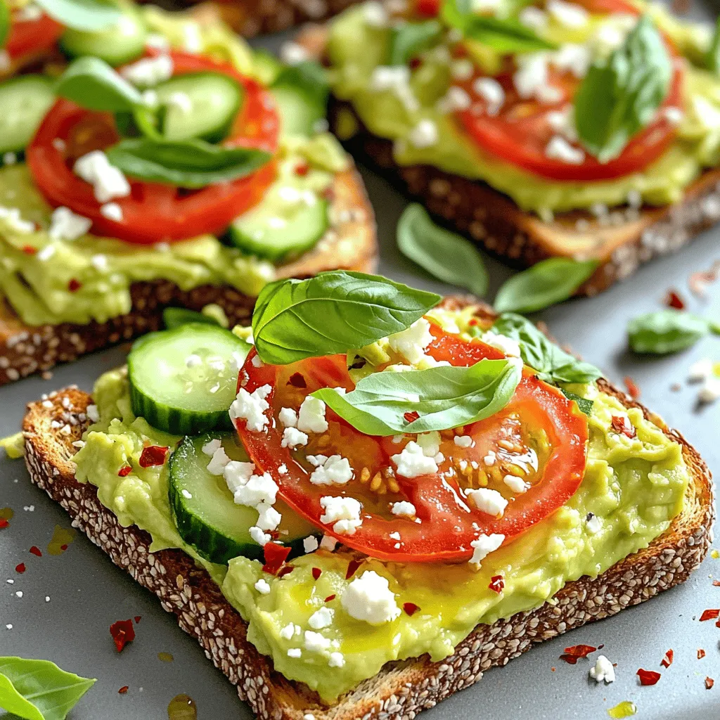 To make the best avocado toast, start with fresh, ripe avocados. They give the toast a creamy texture and rich taste. Here’s what you need for my Avocado Toast Fiesta recipe: - 2 ripe avocados - 4 slices of whole grain or sourdough bread - 1 medium tomato, sliced - 1 small cucumber, diced - 1/4 cup feta cheese, crumbled - 1/4 teaspoon garlic powder - 1 tablespoon lemon juice - 1 tablespoon olive oil - Salt and pepper to taste - Fresh basil leaves for garnish Toppings can make your avocado toast even better. Here are some ideas to add zest: - Red pepper flakes for heat - Sesame seeds for crunch - Microgreens for freshness These toppings can elevate your dish, adding new flavors and textures. Choosing the right bread can change your toast game. Whole grain bread is a great option. It is high in fiber and nutrients. Sourdough also works well, bringing a tangy taste. You can even use gluten-free bread if you prefer. Just pick what fits your diet best. For the full experience, check out the Full Recipe for precise steps. To make the best avocado toast, start with fresh ingredients. Follow these simple steps for a great meal: 1. Toast the Bread: Take 4 slices of whole grain or sourdough bread. Toast them until crunchy. You can use a toaster or an oven. 2. Mash the Avocado: Grab 2 ripe avocados. Scoop them into a bowl. Use a fork to mash them. Add 1/4 teaspoon of garlic powder and 1 tablespoon of lemon juice. Drizzle 1 tablespoon of olive oil on top. Season with salt and pepper. Mix until creamy. 3. Spread the Mixture: Use a knife to spread the avocado mix on each toasted slice. Make sure to cover it well. 4. Add Fresh Toppings: Slice 1 medium tomato and dice 1 small cucumber. Place these on top of the avocado. This adds a nice crunch. 5. Sprinkle Cheese: Crumble 1/4 cup of feta cheese over the tomato and cucumber. This adds a salty kick. 6. Finish Up: Sprinkle a bit of salt and pepper. You can also add red pepper flakes or sesame seeds for extra flavor. 7. Garnish: Finally, add fresh basil leaves on top for a pop of color and taste. If you want to save time, here are some quick tips: - Pre-cut Toppings: Wash and cut your vegetables in advance. Store them in the fridge. This way, you can quickly grab them when you need them. - Use Store-bought Mixes: You can buy pre-made guacamole instead of mashing avocados. Just spread it on the toast. - Toast Bread Ahead: Toast your bread in batches. You can make extra and store them for later. Just reheat them when you're ready to eat. How you serve your avocado toast matters. Here are some fun ideas: - Plate Nicely: Use a clean white plate to make the colors pop. Arrange the toast in a line or a circle for beauty. - Add Color: Use colorful vegetables for a vibrant look. Cherry tomatoes or radishes work well. - Garnish Creatively: Use herbs like cilantro or parsley. You can also drizzle some balsamic glaze on top for flair. With these tips, you can create a tasty and healthy avocado toast feast. For the full recipe, check the section above! Avocados are more than tasty. They offer many health perks. They are rich in healthy fats, fiber, and vitamins. The good fats help your heart. Fiber aids digestion and keeps you full. Vitamins like E and K boost your skin health. Eating avocados may lower bad cholesterol. They help with weight control too. Choosing the best avocados is key. Look for ripe ones. The skin should be dark and slightly soft. Press gently; it should give a little. Avoid avocados with dark spots or wrinkles. If they feel too hard, they need more time to ripen. You can speed up ripening by placing them in a brown bag. This traps the ethylene gas and helps them ripen faster. Mixing in seasonal ingredients makes your avocado toast fun. In spring, try fresh radishes and herbs. In summer, add juicy tomatoes and basil. Fall calls for roasted pumpkin seeds or apples. Winter is great for pomegranate seeds or citrus slices. Use the Full Recipe as a base and get creative. You can change flavors to match your mood or the season. {{image_2}} For a taste of the Mediterranean, I love this avocado toast. Start with a slice of toasted whole grain or sourdough bread. Spread creamy avocado mixed with garlic powder and lemon juice on top. Add fresh tomato slices and diced cucumber for a crunch. Crumbled feta cheese adds a salty kick. Don’t forget to sprinkle fresh basil leaves for a burst of flavor. This dish is colorful and packed with nutrients. You can check the Full Recipe for exact steps and tips! If you like heat, spicy avocado toast is for you. After you mash the avocado, mix in some red pepper flakes. You can also top your toast with sliced jalapeños for extra spice. A drizzle of sriracha or hot sauce will wake up your taste buds. Pair it with creamy goat cheese for a rich contrast. This toast is perfect for those who enjoy bold flavors. For a twist, try sweet and savory toppings. Start with your base of smashed avocado. Then, add sliced strawberries or figs. A drizzle of honey on top gives a sweet touch. Sprinkle some sea salt to balance the flavors. You could also add a dollop of ricotta cheese for creaminess. This combo makes for a delightful breakfast or snack. Don't be afraid to mix and match flavors! Storing leftover avocado toast can be tricky. The bread gets soggy, and the avocado turns brown. To keep it fresh, store the avocado mixture and bread separately. Place the toast in an airtight container. This helps keep the bread crisp. For the avocado mixture, use a small bowl. Cover it tightly with plastic wrap, pressing it against the surface. This reduces air exposure. I recommend eating leftovers within a day for the best taste. Avocado browning happens due to oxidation. To slow this down, add lemon or lime juice to the avocado mixture. The acid helps keep the color bright. If you have leftover slices, brush them with lemon juice too. Another trick is to store the avocado with onion. Place a slice of onion in the container. The gases from the onion can help keep the avocado green. Making avocado mixtures ahead of time saves time. You can prepare them up to two days in advance. Just follow these tips. Start by mashing ripe avocados in a bowl. Mix in lemon juice and garlic powder. Then, store it in an airtight container. Press plastic wrap onto the mixture to keep air out. You can also try adding yogurt or cottage cheese for a creamy twist. This adds protein and keeps the mixture fresh. When ready to eat, spread it on your favorite bread. Enjoy a quick and healthy meal anytime! For more delicious ideas, check out the Full Recipe for Avocado Toast Fiesta. Avocado toast offers many health benefits. First, avocados are rich in healthy fats. These fats can help lower bad cholesterol. They also provide fiber, which aids in digestion. Avocados are full of vitamins like K, E, and C. These vitamins support skin health and boost immunity. Eating avocado toast can also keep you full longer. This helps you avoid unhealthy snacks later. Overall, it makes for a nutritious and tasty meal. To make your avocado toast vegan, skip any dairy toppings like cheese. Use plant-based options instead. For example, try nutritional yeast for a cheesy flavor or spread hummus for creaminess. You can also add fresh herbs like cilantro or dill for extra taste. Another great idea is to use sliced radishes or pickled vegetables as toppings. These add crunch and flavor without any animal products. This way, you keep it healthy and plant-based! The best toppings for avocado toast depend on your taste. Here are some popular choices: - Sliced tomatoes - Diced cucumbers - Crumbled feta cheese - Red pepper flakes - Sesame seeds - Microgreens - Fresh herbs like basil or cilantro - Sliced radishes - Pickled onions Mix and match these toppings to create your favorite flavor. You can also try sweet options like honey or sliced fruits for a unique twist. For a full recipe, check out Avocado Toast Fiesta. Avocado toast is a tasty, healthy dish you can make in many ways. We explored key ingredients, toppings, and bread choices. You learned how to prepare it perfectly and save time. We also shared tips on health benefits and storing leftovers. Overall, avocado toast is easy to customize and fun to eat. Try different flavors and enjoy the health perks. Your next meal can be tasty and good for you. Enjoy your avocado adventure!