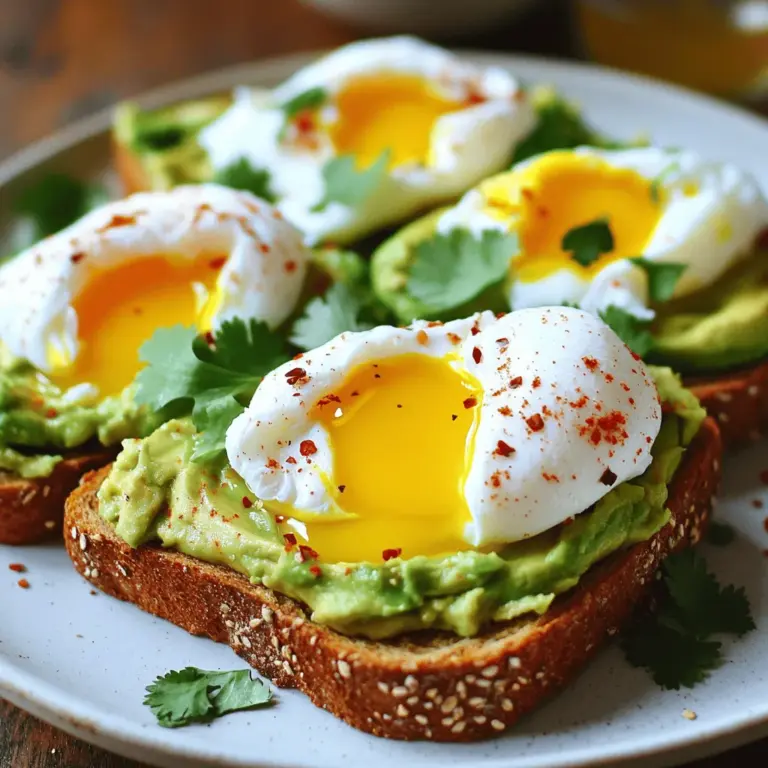 - 2 slices of whole grain bread - 1 ripe avocado - 2 large eggs - 1 tablespoon olive oil - 1 tablespoon lemon juice - Salt and pepper to taste - 1/4 teaspoon red pepper flakes (optional) - Fresh herbs (such as cilantro or parsley) for garnish To create a great avocado toast with poached egg, you need simple ingredients. Whole grain bread gives you a hearty base. The ripe avocado adds creaminess and healthy fats. Eggs provide protein and richness. Olive oil and lemon juice brighten the flavors. Salt and pepper enhance taste, while red pepper flakes add a kick. Fresh herbs finish the dish with color and freshness. Gather these ingredients for a wholesome breakfast. You can find them at your local grocery store. For more details on preparing this dish, check the Full Recipe. 1. Start by toasting two slices of whole grain bread. Use your toaster or a pan. 2. Toast the bread until it turns golden and crispy. This takes about 3-5 minutes. 3. Once toasted, set the bread aside on a plate. 1. In a small pot, bring water to a gentle simmer. Add a pinch of salt. 2. Crack each egg into a small cup or ramekin. 3. With a spoon, stir the water to create a gentle whirlpool. 4. Quickly pour each egg into the center of the whirlpool. 5. Poach the eggs for about 3-4 minutes if you want a runny yolk. For a firmer yolk, cook for 5 minutes. 1. While the eggs poach, scoop the ripe avocado into a small bowl. 2. Mash the avocado with a fork until smooth but slightly chunky. 3. Mix in one tablespoon of olive oil, one tablespoon of lemon juice, salt, and pepper. Adjust to taste. 1. Spread the mashed avocado evenly over the toasted bread. 2. Carefully place one poached egg on each slice of avocado toast. 3. If you like, sprinkle red pepper flakes on top for a bit of heat. 4. Add fresh herbs for a burst of flavor and color. For the complete details, check the Full Recipe. Enjoy this flavorful breakfast dish! To get the best poached egg, focus on two key things: water temperature and timing. - Temperature of water: Keep the water at a gentle simmer. Too hot, and the eggs will break apart. Too cold, and they won’t cook right. A simmer at around 180°F works wonders. - Time adjustments for yolk consistency: For a runny yolk, cook the eggs for about 3-4 minutes. If you prefer a firmer yolk, aim for about 5 minutes. Timing is key! To make your avocado toast pop, add some fun seasonings and toppings. - Suggested seasonings and toppings: Sprinkle salt and pepper for balance. If you like heat, try red pepper flakes. Fresh herbs like cilantro or parsley also add a burst of flavor. - Pairing with beverages: A fresh juice or herbal tea pairs well. For coffee lovers, a light roast coffee can complement the dish nicely. The right bread and toasting method can elevate your dish. - Types of bread for varying textures: Whole grain bread offers hearty flavor. Sourdough or rye gives a tangy twist. Choose what you love! - Tips for achieving the perfect toast: Toast until golden brown and crispy. This keeps the bread from getting soggy when you add the avocado. Keep an eye on it to avoid burning! For the full recipe, check out the detailed instructions above! {{image_2}} You can make your avocado toast even more exciting with fun toppings. Try adding sliced radishes or juicy tomatoes for crunch and color. These fresh vegetables give a nice contrast to the creamy avocado. You can also use feta cheese for a tangy twist or smoked salmon for a touch of luxury. Both add flavor and make your toast feel special. Want to change up the taste? Consider adding garlic or spices to your avocado. A little garlic powder or a pinch of cayenne can bring a kick. You could also try different oils or vinegars. Drizzling some balsamic vinegar or using flavored olive oil can enhance the overall taste. These small changes can make a big difference in your breakfast. If you have dietary needs, you can still enjoy this dish. For gluten-free options, use gluten-free bread. Many brands offer tasty choices that work well. If you prefer a vegan version, skip the eggs and use chickpea flour instead. You can make a chickpea scramble that mimics the texture of eggs. With these modifications, everyone can enjoy this delicious meal. Want the full recipe? Check out the Full Recipe for more details! After enjoying your avocado toast, you may have leftovers. To store them correctly, follow these tips: - Separate the Elements: Keep the toast and avocado spread apart. Storing them together can make the toast soggy. - Use Airtight Containers: Place the avocado in a small airtight container. This helps prevent browning. - Refrigerate Promptly: Put the leftovers in the fridge quickly. They stay fresh longer when cold. For avocado, use it within 1-2 days. The toast is best eaten within a day. Reheating avocado toast requires care. Here are the best methods: - Toast the Bread Again: Use a toaster or oven to warm the bread. This keeps it crispy, which is key. - Reheat the Avocado: Avoid reheating the avocado. It can change the taste and texture. - Poached Eggs: To reheat poached eggs, place them in warm water for a few minutes. This warms them gently without cooking them more. With these tips, you can enjoy your avocado toast again, just as delicious as before. For a full recipe, check the Full Recipe section. To make Avocado Toast with Poached Egg, follow this simple method. First, toast two slices of whole grain bread until golden. While the bread toasts, bring a small pot of water to a gentle simmer. Crack two eggs into separate cups. Create a whirlpool in the water and gently drop the eggs in. Poach for 3-4 minutes for runny yolks or 5 for firmer ones. Meanwhile, mash one ripe avocado with olive oil, lemon juice, salt, and pepper. Once the eggs are ready, place the avocado mix on toast and top with the poached eggs. Enjoy your dish! For the full recipe, check the section above. Yes, you can prepare the avocado ahead of time. To keep it fresh, mash it just before serving. If you must prep in advance, add some lemon juice to prevent browning. Store it in an airtight container in the fridge. Use plastic wrap pressed against the mashed avocado to limit exposure to air. This helps keep it green for a longer time. Avocados are great for you! They are packed with healthy fats, fiber, and vitamins. These fats can help lower bad cholesterol. Fiber aids in digestion and keeps you full longer. Avocados also contain vitamins C, E, and K, which help support your immune system and skin health. Plus, they are delicious and very versatile in meals. To know if an avocado is ripe, gently squeeze it in your hand. It should feel slightly soft but not mushy. You can also check the color; ripe avocados are dark green to almost black. If the stem comes off easily and you see green underneath, it's ready to eat. If it’s hard, give it a few days to ripen. Avocado toast with poached egg is simple and tasty. We covered the ingredients needed, like whole grain bread and fresh herbs. I provided step-by-step instructions for preparing the toast and poaching eggs perfectly. Tips for flavor and texture enhancement add variety to your dish. We also discussed storage and reheating options to keep leftovers fresh. With these ideas and techniques, you can enjoy this meal anytime. Try new variations to suit your taste and enjoy every bite.