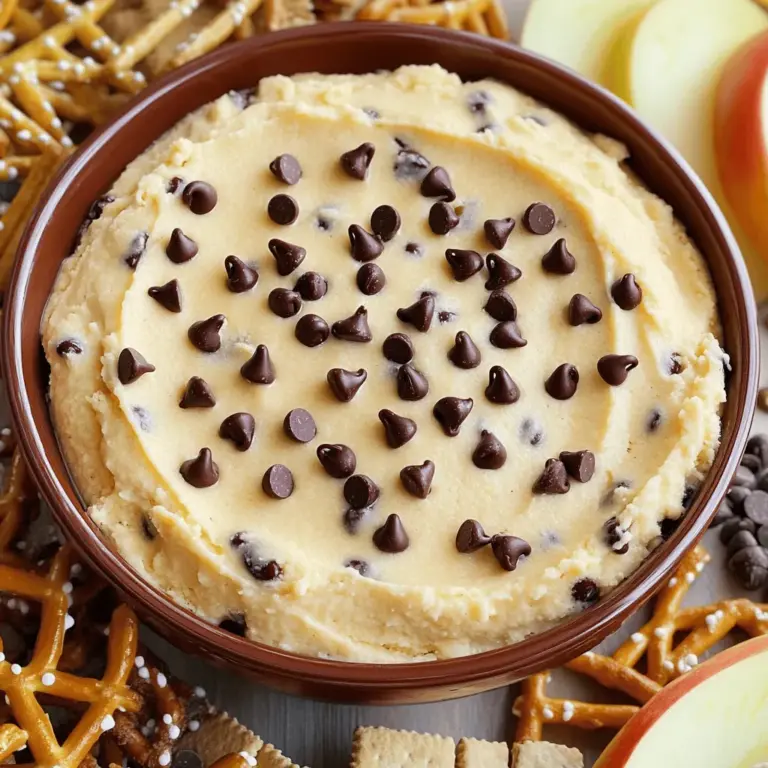 To whip up this delightful Chocolate Chip Cookie Dough Dip, you’ll need the following ingredients: - 1 cup all-purpose flour - 1/2 cup unsalted butter, softened - 1/2 cup brown sugar, packed - 1/4 cup granulated sugar - 1 teaspoon vanilla extract - 1/4 teaspoon salt - 1 (8 oz) package cream cheese, softened - 1/2 cup mini chocolate chips - 1/4 cup chopped nuts (optional) - Assorted dippers (e.g., graham crackers, pretzels, apple slices) The key to a great dip is in the base. You need flour, butter, and both sugars. These create a creamy and sweet flavor. Cream cheese adds richness, while vanilla gives a lovely aroma. Mini chocolate chips bring bursts of chocolate in every bite. This blend gives you the classic cookie dough taste everyone loves. You can get creative with your dip! Chopped nuts add crunch and depth. I love using walnuts or pecans. If you want a twist, try adding a pinch of cinnamon or a splash of almond extract. For a fun touch, serve the dip with various dippers like pretzels, fruit slices, or graham crackers. Each choice adds a new layer of flavor and texture to this irresistible treat. To start, gather your ingredients. You will need flour, butter, sugars, vanilla, salt, cream cheese, chocolate chips, and nuts if you want them. First, whisk the flour and salt in a bowl. This helps mix them well. In a larger bowl, beat the softened butter, brown sugar, and granulated sugar with an electric mixer until it looks creamy. This step is key for a smooth dip. Next, add the cream cheese and vanilla to your mix. Beat them together until it is all smooth. Now, take your flour mix and slowly add it to the wet ingredients. Keep mixing until everything is fully combined. You should have no lumps at this point. Now, fold in the mini chocolate chips and nuts, if you chose to use them. When mixing, use medium speed on your mixer. This helps air get in and makes the dip light. If you beat too fast, the mixture may splatter everywhere. You want a creamy texture without any lumps. Make sure your butter and cream cheese are at room temperature. This makes them easier to mix. If they are too cold, your dip will be lumpy. Once your dip is mixed, it's time to chill it. Transfer the dip to a serving bowl and smooth the top with a spatula. You can add extra chocolate chips on top for a nice touch. Cover the bowl with plastic wrap or a lid. Chill it in the fridge for about 30 minutes. This step is important! Chilling allows the flavors to blend together. When you serve it, it will taste even better. You can find the full recipe for this tasty treat above. To get the best dip, focus on your cream cheese. It should be soft, not cold. Softening it helps mix in smoothly. Mix the butter and sugars until light and fluffy. This step adds air into the dip, making it light. Gradually add the flour mixture. Avoid over-mixing; this keeps the dip creamy. Finally, fold in the chocolate chips gently. This keeps them whole and adds nice bites of chocolate. A few common mistakes can ruin your dip. First, using cold butter or cream cheese leads to lumps. Always let them sit out for a bit. Second, don’t skip the chilling step! Chilling helps the dip set and the flavors blend. Lastly, be careful not to add too much flour. If you do, the dip becomes dry. Stick to the recipe for the best results. When serving, present the dip in a nice bowl. Smooth the top for a clean look. You can add a sprinkle of chocolate chips on top for flair. Arrange your dippers around the bowl, so it looks inviting. I love using graham crackers, pretzels, and apple slices. These options add a mix of sweet and salty. Serve it cold for the best taste. For a fun twist, let guests choose their dippers! {{image_2}} To make a gluten-free version, swap all-purpose flour for almond flour or gluten-free flour. These options work well and keep the dip creamy. Just make sure the flour you choose is certified gluten-free. The taste remains rich, and you won't miss the regular flour. For a vegan twist, use plant-based butter and cream cheese. Coconut oil can replace butter, and cashew cream is a great substitute for cream cheese. Sweeten with maple syrup instead of brown sugar. This dip stays delicious and creamy while being dairy-free. You can customize your dip with unique flavors. Try adding a pinch of cinnamon or nutmeg for warmth. Peanut butter or almond butter can give it a nutty taste. You might even mix in some crushed cookies for a fun crunch. Explore various chocolate types, like dark or white chocolate chips, to switch up the flavor profile. The options are endless! For the complete recipe, check out the Full Recipe section above. To keep your chocolate chip cookie dough dip fresh, store it in an airtight container. This helps prevent it from drying out. Make sure the lid seals tightly. Place the container in the fridge. The dip stays good for about three to five days. Yes, you can freeze this dip! To do this, scoop it into a freezer-safe container. Leave some space at the top, as the dip may expand when frozen. Cover it tightly with plastic wrap, then add the lid. It can last up to three months in the freezer. When you're ready to enjoy it, let it thaw in the fridge overnight. You typically don’t need to reheat chocolate chip cookie dough dip. It’s best served cold or at room temperature. If you prefer it warm, you can microwave it in short bursts. Heat it for about 10-15 seconds at a time. Stir after each burst to prevent hot spots. Just be careful, as it can get hot quickly! Chocolate Chip Cookie Dough Dip can last up to five days in the fridge. Make sure to store it in an airtight container. This keeps it fresh and tasty. When you want a snack, simply take it out. If it seems a bit thick, stir it gently. This dip is still safe to eat if it has been stored properly. Yes, you can use regular sugar in place of brown sugar. However, brown sugar gives the dip a rich flavor and a soft texture. If you choose to use regular sugar, your dip will be a bit different. It may not have the same depth of flavor, but it will still taste good. You can also mix both sugars for a balanced taste. The best dippers for this dip are fun and varied! Here are some tasty options: - Graham crackers - Pretzels - Apple slices - Carrot sticks - Vanilla wafers You can also try other snacks you enjoy. Each dipper adds a unique taste to the creamy dip. Get creative and mix it up! For the full recipe, check out the Full Recipe section above. You've learned how to make a tasty Chocolate Chip Cookie Dough Dip. We covered the ingredients, step-by-step instructions, tips for the best results, and fun variations. Each section aims to help you create a dip that impresses everyone. Remember, small tweaks can make your dip unique. Whether you go for gluten-free or vegan options, enjoy experimenting. Keep this recipe handy for your next gathering or snack time. Happy dipping!