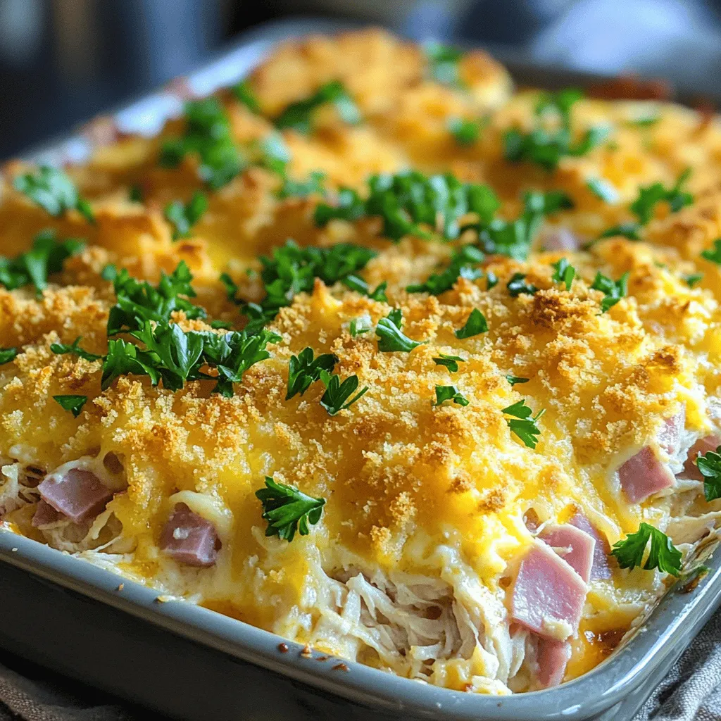- 2 cups cooked chicken, shredded - 1 cup ham, diced - 1 cup Swiss cheese, shredded - 1 cup panko breadcrumbs - 1 cup heavy cream - 1 cup chicken broth - 3 tablespoons Dijon mustard - 2 tablespoons olive oil - 1 teaspoon garlic powder - 1 teaspoon onion powder - ½ teaspoon black pepper - ½ teaspoon salt - Fresh parsley, chopped (for garnish) This Chicken Cordon Bleu Casserole uses simple, tasty ingredients. First, we have cooked chicken. It adds great protein and flavor. Next, we use diced ham for that classic taste. Swiss cheese melts beautifully and gives a creamy texture. Panko breadcrumbs add a nice crunch on top. Heavy cream and chicken broth create a rich sauce. Dijon mustard adds a tangy kick. The garlic and onion powders bring out the best in the dish. Finally, we sprinkle fresh parsley for color and freshness. You can find the full recipe above. Using these ingredients, you will make a cozy meal that your family will love. - Preheat the oven to 375°F (190°C). - Grease the baking dish with cooking spray or olive oil. Start by getting your oven ready. Preheating it ensures even cooking. Next, grease your baking dish. This step helps the casserole not stick. A 9x13-inch dish works best for this recipe. - Mix chicken, ham, and Swiss cheese. - Whisk together cream, broth, mustard, and spices. In a large bowl, combine the cooked chicken, diced ham, and half of the Swiss cheese. Stir well. In another bowl, whisk together the heavy cream, chicken broth, Dijon mustard, garlic powder, onion powder, black pepper, and salt. This mixture will add flavor and creaminess to your casserole. - Pour cream mixture over chicken and ham. - Spread mixture in the baking dish. - Prepare breading. Now, pour the cream mixture over the chicken and ham. Stir until everything is well coated. Transfer this mixture into the greased baking dish, spreading it out evenly. In a small bowl, mix the panko breadcrumbs with olive oil. This will give a nice crunch on top. Sprinkle the remaining Swiss cheese and the breadcrumb mixture over the casserole. - Bake for 30-35 minutes. - Cool before serving. Place the casserole in the preheated oven. Bake it for 30-35 minutes. You want the top to be golden brown and bubbly. After baking, let it cool for about 5-10 minutes. This cooling time helps the flavors settle. For the full recipe, check the details above. Enjoy your cooking! To make your Chicken Cordon Bleu Casserole shine, consider using leftover chicken or rotisserie chicken. This saves time and adds great flavor. Just shred the chicken into bite-sized pieces. You can also adjust the types of cheese you use. Swiss cheese is classic, but feel free to mix in cheddar or gouda for a new twist. One common mistake is overmixing the ingredients. You want to gently combine them, so they stay tender. Another mistake is not paying attention to baking time and temperature. Always bake at 375°F (190°C) for 30-35 minutes. Check for a golden top and bubbly edges to know it’s done. For a complete meal, pair your casserole with sides like a fresh salad or steamed vegetables. A light, crisp salad balances the rich flavors of the casserole. You can also serve it with roasted veggies. This adds color and nutrients to your plate. Enjoy your delicious meal! {{image_2}} You can change up the meats in your casserole. Try using turkey instead of chicken. Turkey gives a leaner option with a great taste. You can even use bacon for a smoky flavor. Just cook the bacon first, then chop it up. If you want non-dairy options, you can use coconut cream or almond milk. These work well in place of heavy cream. You may need to adjust the amount of seasoning since these alternatives can change the flavor a bit. To add some fun, try spices like paprika or cayenne. They give a nice kick to your dish. Fresh herbs, like thyme or rosemary, can also elevate the taste. Just add them to your cream mixture or sprinkle on top before baking. You can also sneak in some greens. Adding spinach or broccoli not only boosts nutrition but also adds color. Just chop them up and mix them in with the chicken and ham. They will cook nicely in the oven and keep the casserole moist. For the full recipe, check out the Cheesy Chicken Cordon Bleu Casserole. To keep your Chicken Cordon Bleu Casserole fresh, store it in the fridge. Use an airtight container. It stays good for about 3 to 4 days. Make sure it cools down before sealing. If you want to freeze it, use a freezer-safe container. Wrap it tightly in plastic wrap and then foil. It can last up to 3 months in the freezer. When you're ready to eat, let it thaw in the fridge overnight. For the best taste and texture, I recommend using the oven. Preheat it to 350°F (175°C). Place the casserole in an oven-safe dish and cover it. Bake for about 20 minutes or until warm. The microwave is quicker but can make the casserole soggy. If you choose this method, heat it in short bursts. Check every minute until it's hot. Enjoy your savory meal! For the Full Recipe, check the linked section above. Chicken Cordon Bleu Casserole is a tasty dish that combines chicken, ham, and cheese. This dish is creamy and rich, perfect for family dinners. You get the flavors of the classic Chicken Cordon Bleu but in a warm, comforting casserole form. Yes, you can prepare this casserole in advance. Just assemble it, cover it well, and store it in the fridge. You can make it a day ahead. If you want to freeze it, do not bake it first. Wrap it tightly and store it for up to three months. When ready, thaw it overnight in the fridge and then bake. To make this casserole healthier, you can use lean chicken and low-fat cheese. You can also reduce the heavy cream by using chicken broth or a low-fat milk option. Adding veggies like broccoli or spinach can boost nutrition without adding many calories. This casserole pairs well with many sides. A crisp green salad or steamed vegetables work great. For drinks, a light white wine or sparkling water with lemon can complement the flavors nicely. Enjoy it with friends or family for a complete meal! This blog post shared how to make a Chicken Cordon Bleu Casserole. You learned about the key ingredients and the step-by-step process. We covered important tips to ensure your dish turns out great. You can also try delicious variations and know how to store leftovers correctly. In the end, this casserole is easy to make and full of flavor. Enjoy creating this dish at home and impress your family!