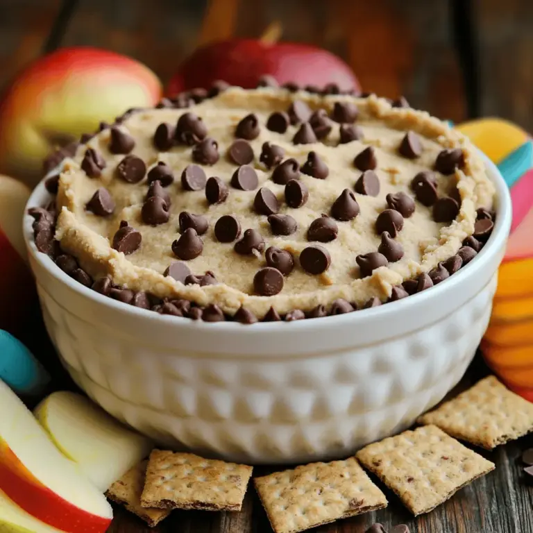 To make the best chocolate chip cookie dough dip, gather these simple ingredients: - 1 cup all-purpose flour - ½ cup brown sugar, packed - ½ cup granulated sugar - 1 teaspoon vanilla extract - ½ cup unsalted butter, softened - 1 (8 oz) package cream cheese, softened - ½ cup mini chocolate chips - 2-3 tablespoons milk (as needed) - Pinch of salt Choosing fresh ingredients is key to a great dip. Here are some tips: - Flour: Look for all-purpose flour that is free from lumps. Check the expiration date. - Sugars: Use brown sugar that feels moist and has no hard clumps. - Butter: Pick unsalted butter that is soft but not melted. - Cream Cheese: Choose a fresh package with no cracks or discoloration. - Vanilla Extract: Always opt for pure vanilla extract over imitation for better flavor. You can easily swap some ingredients if needed: - Flour: Almond flour works in place of all-purpose flour for a nutty taste. - Sugars: Coconut sugar can replace brown and granulated sugar for a unique flavor. - Butter: Coconut oil can substitute for butter if you're looking for a dairy-free option. - Cream Cheese: Use a dairy-free cream cheese for a vegan version. - Chocolate Chips: Dark chocolate or white chocolate chips can add a fun twist. For the full recipe, follow the steps to create this tasty dip! Start by gathering your ingredients. You will need cream cheese and butter. Let them soften at room temperature. In a medium bowl, add the softened cream cheese and butter. Use a hand mixer to beat them together. Mix until the blend is smooth and creamy. Then, add brown sugar and granulated sugar. Beat again until the mixture is fluffy. Finally, stir in a teaspoon of vanilla extract and a pinch of salt. This adds great flavor! Next, we need to toast the flour. Heat a skillet over medium heat. Add all-purpose flour to the skillet. Stir it often for about five minutes. This step helps remove the raw taste of the flour. Once it is lightly golden, remove the skillet from heat and let it cool a bit. Now, fold the cooled flour into your cream cheese mixture. Mix well until everything is combined smoothly. After mixing, it’s time to add the chocolate chips. Gently stir in the mini chocolate chips until they are evenly spread. If your dip feels too thick, you can add milk. Start with one tablespoon and mix. Keep adding milk until you reach your desired thickness. Once done, transfer your dip to a serving bowl. Chill it in the fridge for at least 30 minutes. This helps the flavors meld together. For the full recipe, check out the section above! To make your Chocolate Chip Cookie Dough Dip even better, focus on quality. Use fresh ingredients like real vanilla extract. This adds a warm, rich flavor. Consider adding a pinch of cinnamon for a hint of spice. It can elevate the taste without overpowering it. Mix in different types of chocolate chips. You can try dark, milk, or even white chocolate. Each type brings its own flair. For a nutty twist, add chopped walnuts or pecans. This will give your dip extra texture and taste. One common mistake is using raw flour. Always toast it first. This step removes the raw taste and makes the dip safer to eat. Another mistake is not chilling the dip. Letting it sit in the fridge for at least 30 minutes blends the flavors better. Make sure to measure your ingredients carefully. Too much butter can make the dip greasy, while too little can make it dry. Always use softened cream cheese for a smooth texture. Choose a variety of dippers to keep things fun. Classic options include graham crackers and pretzels. Fresh fruit adds a nice contrast. Try apple slices or strawberries for a sweet touch. Chocolate wafer cookies are perfect for chocolate lovers. For a crunch, serve with rice cakes or pita chips. You can also use mini cones for a playful twist. Keep the presentation fun! Add a sprinkle of mini chocolate chips on top. This makes your dip look even more inviting. For more ideas, check the Full Recipe for serving tips. {{image_2}} You can have fun by changing up the flavor of your dip. Try adding: - Chopped nuts for a crunchy twist - Peanut butter for a nutty taste - Coconut flakes for a tropical vibe - Different types of chocolate chips, like dark or white chocolate Mix and match these add-ins to find your favorite flavor. Each option adds a new layer of taste and texture to your dip. Want a lighter version? You can swap some ingredients to make it healthier. Here are some ideas: - Use reduced-fat cream cheese for fewer calories - Substitute sugar with stevia or monk fruit for a sugar-free option - Replace some butter with applesauce to cut fat These changes keep the dip tasty while being kinder to your waistline. Enjoy guilt-free snacking! Make your dip fit the season! Here are some fun themes: - Fall: Add pumpkin spice and serve in mini pumpkin bowls. - Winter: Mix in peppermint extract and top with crushed candy canes. - Spring: Use pastel-colored sprinkles and serve with fruit dippers. - Summer: Blend in fresh berries for a refreshing taste. These seasonal ideas can brighten up your gatherings and make the dip even more fun. Try them out for a festive touch! To keep your chocolate chip cookie dough dip fresh, store it in an airtight container. This helps keep the moisture in and prevents it from drying out. Make sure the dip is cool before sealing the container. You can enjoy it chilled or at room temperature later. The dip lasts for about 5 days in the fridge. If you want to keep it longer, you can freeze it. Place the dip in a freezer-safe container and seal it well. It can last for up to 3 months in the freezer. When ready to use, let it thaw in the fridge overnight. You don't need to reheat this dip. If it feels too thick after storing, add a splash of milk to refresh it. Stir well until it reaches your desired creaminess. This will bring back the smooth texture, making it ready to serve again. For best results, enjoy it cold! For the full recipe, check the section above. No, you should not use raw flour. Raw flour may carry bacteria that can make you sick. Instead, lightly toast the flour in a skillet. This step removes the raw taste and makes it safe to eat. Just heat it for about five minutes, stirring often. Let it cool before mixing it in. You can serve this dip with many fun dippers. Here are some great options: - Graham crackers - Apple slices - Pretzels - Chocolate wafer cookies - Vanilla cookies These dippers add crunch and sweetness. They also make every bite more exciting. You can mix and match for a fun platter. To make this dip dairy-free, swap out the cream cheese and butter. Use dairy-free cream cheese and a plant-based butter. These substitutes will keep the flavor rich. You can also add extra vanilla for more taste. Just follow the full recipe, and you’ll have a tasty dairy-free version. This blog post covers key steps to make a tasty Chocolate Chip Cookie Dough Dip. We explored ingredient choices, tips for preparation, and ways to enhance flavor. I shared common mistakes to avoid and serving ideas for great dippers. You can also try variations and learn how to store the dip properly. Remember, the best dip comes from fresh ingredients and careful steps. Enjoy making your own delicious dip!