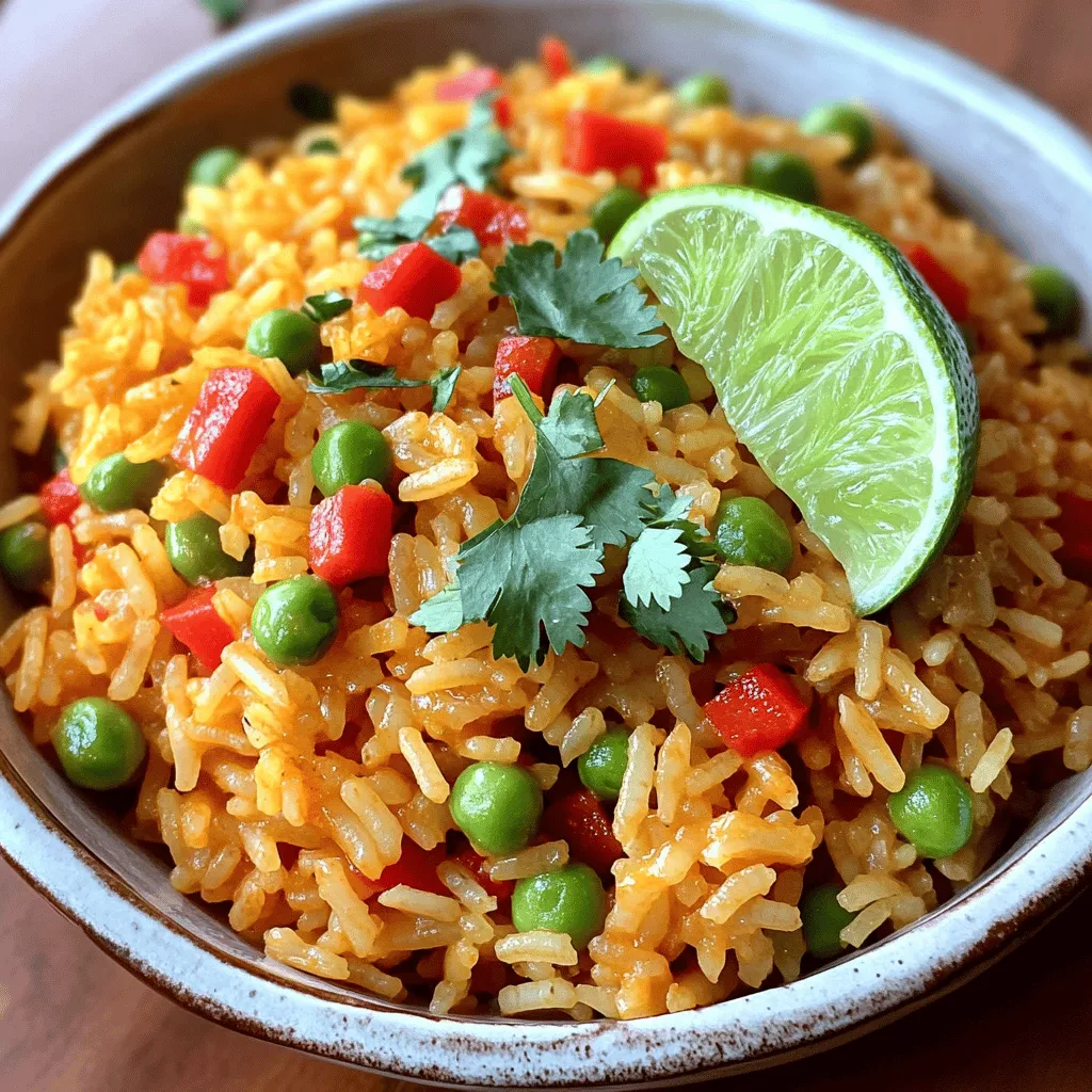 To make tasty Spanish rice, you need some key items. Here is what you will need: - 1 cup long-grain rice - 2 cups vegetable broth (or chicken broth) - 1 tablespoon olive oil - 1 medium onion, finely chopped - 1 red bell pepper, diced - 2 cloves garlic, minced - 1 can (14 oz) diced tomatoes, drained - 1 teaspoon smoked paprika - 1 teaspoon ground cumin - 1/2 teaspoon chili powder - Salt to taste - 1/4 cup frozen peas - 1/4 cup fresh cilantro, chopped (for garnish) These ingredients create a rich taste and great texture in your dish. You can get creative with your Spanish rice. Here are some optional items: - Add corn for sweetness. - Use green bell pepper for a different flavor. - Swap in brown rice for more fiber. - Try adding beans for protein. - Use fresh tomatoes if you prefer them over canned. Feel free to mix and match to suit your taste. Spanish rice can be a healthy choice. Here is a breakdown of the nutrition per serving: - Calories: About 200 - Protein: 4 grams - Carbohydrates: 36 grams - Fat: 6 grams - Fiber: 3 grams This dish is a great source of energy and flavor! For the full recipe, check out the details above. Start by rinsing 1 cup of long-grain rice under cold water. This removes extra starch. Rinse until the water runs clear. It helps make the rice fluffier. Next, chop 1 medium onion and 1 red bell pepper. Mince 2 cloves of garlic. Gather all your ingredients for ease. In a large skillet, heat 1 tablespoon of olive oil over medium heat. Add the chopped onion and red bell pepper. Sauté them for about 5 minutes until they soften. Then, add the minced garlic and cook for 1 more minute. Watch carefully to avoid burning. Now, add the rinsed rice to the skillet. Toast it for about 2 minutes, stirring often until it turns golden. After that, stir in 1 can of drained diced tomatoes, 2 cups of vegetable broth, 1 teaspoon of smoked paprika, 1 teaspoon of ground cumin, and 1/2 teaspoon of chili powder. Season with salt to taste. Increase the heat to high and bring everything to a boil. Once it boils, reduce the heat to low. Cover the skillet and let it simmer for 18-20 minutes. The rice should absorb the liquid by this time. In the last 5 minutes, sprinkle 1/4 cup of frozen peas on top. Cover again to warm them up. Once cooked, remove the skillet from heat. Let it sit covered for another 5 minutes. This step helps the rice finish cooking. Afterward, fluff the rice gently with a fork. Serve the Spanish rice in a shallow bowl. Top it with fresh cilantro for a burst of flavor. You can also add a slice of lime on the side for a colorful touch. Enjoy your flavorful meal! Check the Full Recipe for more details. When making Spanish rice, a few mistakes can ruin your dish. One common error is not rinsing the rice. Rinsing removes excess starch. This helps make the rice fluffy. Another mistake is cooking on too high heat. High heat can burn the rice or make it sticky. Always use medium to low heat for best results. Lastly, avoid skipping the simmering step. If you don’t let it simmer, the rice won’t cook evenly. To make your rice fluffier, start by rinsing it well. Rinse until the water runs clear. This helps remove the starch that can make the rice gummy. Next, toast the rice in oil before adding liquids. Toasting gives a nice flavor and helps keep the grains separate. Finally, let the rice rest after cooking. Cover it and leave it for five minutes before fluffing it. This allows the moisture to even out. Boost your Spanish rice with a few simple tricks. Adding spices like saffron or turmeric can give it a lovely color. You can also toss in some fresh herbs, like parsley or oregano, for extra flavor. If you like a kick, try adding jalapeños or a dash of hot sauce. For a richer taste, use chicken broth instead of vegetable broth. These small changes can make a big difference in taste. For the full recipe, check out the detailed instructions above. {{image_2}} You can easily make Spanish rice vegetarian or vegan. Just use vegetable broth instead of chicken broth. The recipe already has lots of veggies. You can add more! Try adding corn, zucchini, or even black beans. This adds more color and nutrition. If you want a richer taste, toss in some nutritional yeast for a cheesy flavor. If you love heat, spice up your Spanish rice. Add diced jalapeños or serrano peppers when you cook the onions. You can also increase the chili powder. For a smoky kick, add a dash of cayenne pepper. You could even mix in some hot sauce at the end. This will give your rice a fun, fiery taste. Don’t be afraid to switch things up! You can swap the rice for quinoa or cauliflower rice. This gives a new texture and flavor. Instead of diced tomatoes, try using salsa for a zestier base. You can also experiment with different herbs. Try adding oregano or thyme for a fresh twist. Each swap can create a unique dish that’s still tasty. For the full recipe, check out the Festive Spanish Rice Fiesta. To store leftover Spanish rice, let it cool first. Place it in an airtight container. Make sure to seal it well to keep out moisture. You can store it in the fridge for up to four days. If you want it to last longer, freezing is a great option. When you're ready to eat, you can reheat your Spanish rice. Place it in a skillet over medium heat. Add a splash of water or broth to keep it moist. Stir it often until it's heated through. You can also use the microwave. Just cover the bowl with a damp paper towel. Heat in short bursts, stirring in between, until hot. Freezing Spanish rice is easy. Portion it into small containers or freezer bags. Make sure to remove as much air as you can before sealing. Label each bag with the date. You can freeze it for up to three months. When you're ready to enjoy it, thaw it overnight in the fridge. Reheat it as mentioned earlier. For the full recipe, check out the Festive Spanish Rice Fiesta. Spanish rice and Mexican rice are often confused. Spanish rice is usually cooked with tomatoes. It has a bright red color and a rich flavor. Mexican rice, on the other hand, often uses a different spice mix. It can be a little spicier and may include peas or carrots. Both are delicious, but they have different tastes and looks. Knowing the differences helps you choose the right dish for your meal. Yes, you can use brown rice, but it will take longer to cook. Brown rice is chewier and has a nuttier flavor. You’ll need to adjust the cooking time. Use 2 ½ cups of broth instead of 2 cups for better moisture. Cook it for about 30-35 minutes instead of 18-20 minutes. This gives the rice time to soften and absorb all the flavors. Experimenting with brown rice can give you a tasty twist on this classic dish. You can make Spanish rice without tomatoes by using broth and spices. Omit the tomatoes from the recipe. Add more broth for moisture and flavor. Use extra garlic, smoked paprika, and cumin to boost taste. You can also add diced bell peppers or peas for color and texture. This version will still be hearty and satisfying, even without tomatoes. Enjoy the simplicity while still getting great flavor! For a complete recipe, check out the Full Recipe. In this guide, we covered key ingredients for Spanish rice, from essentials to tweaks. I shared easy steps for preparation, cooking, and serving, ensuring a fluffy outcome. We discussed common mistakes and tips to enhance flavor. Variations cater to different diets and spice levels. Finally, I detailed storage methods for leftovers and answered common questions. Spanish rice is simple and versatile. With these tips, you can create delicious meals. Enjoy your cooking!