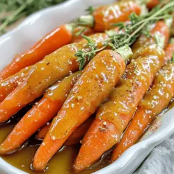 When making maple glazed roasted carrots, you can choose between baby carrots and regular carrots. Baby carrots are sweet and tender. They cook quickly and need no peeling. Regular carrots, on the other hand, have a stronger taste and a firmer texture. You must peel and slice them, but they offer a nice crunch. The main sweetener in this recipe is pure maple syrup. It adds a rich flavor that complements the carrots. You can use honey or agave syrup, but they will change the taste a bit. Pure maple syrup is best for that sweet, earthy touch. For seasoning, we use ground cinnamon, nutmeg, salt, and pepper. Cinnamon brings warmth, while nutmeg adds a hint of spice. Salt and pepper enhance all the flavors. These spices work together to make the carrots even more delicious. You can elevate your dish with fresh herbs like thyme or parsley. Thyme has a strong, earthy flavor, while parsley is fresh and bright. Both add color and taste, so choose your favorite. Adding nuts or seeds gives your dish some crunch. Chopped walnuts or pumpkin seeds can add a nice texture contrast. They also bring healthy fats and protein, making your roasted carrots even better. For the full recipe, check out the [Full Recipe]. Preheat your oven to 425°F (220°C). This step is key. A hot oven helps the carrots roast evenly. It brings out their natural sweetness and makes them tender. Now, let’s mix the maple glaze. In a large bowl, combine: - 3 tablespoons pure maple syrup - 2 tablespoons olive oil - 1 teaspoon ground cinnamon - 1/2 teaspoon nutmeg - Salt and pepper to taste Whisk these ingredients together until smooth. This glaze gives the carrots a lovely shine and flavor. Next, prepare the carrots. If using baby carrots, you can leave them whole. If using regular carrots, peel and slice them into even pieces. This helps them cook at the same rate. Spread the carrots on a baking sheet lined with parchment paper. Make sure they are in a single layer. This spacing allows for even cooking and caramelization. Roast the carrots for 25 to 30 minutes. Halfway through, stir them to promote even cooking. To check for doneness, insert a fork. The carrots should feel tender but not mushy. Once done, take the carrots out of the oven and let them cool slightly. Transfer them to a serving dish. For a pop of color, garnish with fresh thyme or parsley. These maple glazed carrots pair well with many meals. Serve them alongside roasted chicken or grilled fish. They also make a great side for holiday dinners. Enjoy this delightful treat with family and friends! To get that perfect caramelization, the right texture is key. You want your carrots to be tender but still have a slight bite. This balance brings out their natural sweetness. Start by cutting your carrots evenly. This helps them cook at the same rate. Stirring halfway through cooking is very important. This ensures that all sides of the carrots get that lovely golden brown color. When you stir, you also mix the maple glaze evenly. This way, every carrot is coated in that sweet goodness. Don't be afraid to experiment with spices or herbs. Adding a pinch of smoked paprika can give your carrots a nice twist. You might also try fresh rosemary or oregano for a different flavor profile. These herbs can enhance the dish and make it even tastier. A drizzle of balsamic vinegar can add depth to the flavor. It brings a tangy sweetness that pairs well with the maple. Just a little splash goes a long way. Try this method for a fun twist on the classic recipe. For the full recipe, check out the details above. {{image_2}} You can switch up the main veggie for a new taste. Try using parsnips, sweet potatoes, or even beets. Each root vegetable adds its own flavor and texture. For a sweeter touch, you can also use agave syrup instead of maple syrup. Agave has a milder taste and works well in this recipe. You can cook these carrots in different ways. An Instant Pot is fast and easy. It locks in flavor and moisture. Simply add the carrots and the glaze, then cook on high pressure for about 5 minutes. If you prefer a smoky flavor, try grilling. Toss the carrots in the glaze and place them on the grill. Grill each side for about 5-7 minutes until they are charred and tender. This method gives a nice depth to the flavor. Experiment with these variations to find what you like best. For the full recipe, check out the Maple Glazed Roasted Carrots section above. You can store roasted carrots in the fridge for up to five days. To keep them fresh, place the carrots in a proper airtight container. This will help prevent moisture loss and keep them from drying out. To reheat your carrots without losing their nice texture, I recommend using the oven. Preheat it to 350°F (175°C) and place the carrots on a baking sheet. Heat for about 10-15 minutes, stirring halfway through. This method keeps the carrots tender and warm. If you have leftovers, think about adding them to a salad or soup. You can chop them up and mix them with greens. They also work well in a stir-fry with other veggies. This way, you can enjoy them in new and tasty ways! Can I use frozen carrots? Yes, you can use frozen carrots. However, they may not roast as well as fresh ones. Frozen carrots often have more water. This can make them softer and less caramelized. If you choose frozen, thaw them first and pat dry. What is the best way to prepare carrots for roasting? Start by washing the carrots well. For baby carrots, just trim the tops. If you use regular carrots, peel and slice them into even pieces. This helps them cook evenly. Toss your prepared carrots in the maple glaze for a lovely flavor. Are roasted carrots healthy? Roasted carrots are very healthy! They are low in calories and high in vitamins. Carrots provide beta-carotene, which is good for your eyes. The maple syrup adds a natural sweetness without refined sugars. Calories in maple glazed roasted carrots One serving of maple glazed roasted carrots has about 150 calories. This includes the maple syrup and olive oil. It’s a tasty way to enjoy veggies without feeling guilty. Vegan options for this recipe This recipe is already vegan! Use pure maple syrup and olive oil, both of which are plant-based. You can enjoy this dish without any animal products. Gluten-free alternatives and tips Good news! This recipe is naturally gluten-free. Just ensure your maple syrup is pure. Some brands may add gluten-containing ingredients. Always check the label to be safe. This blog post explored how to make delicious maple glazed roasted carrots. We compared baby and regular carrots, discussed sweeteners and spices, and shared tips on garnishing. You learned key steps for prep, roasting, and serving. I offered tricks for perfect caramelization and flavoring. We also covered variations and storage options. Roasted carrots are easy and fun to make. With these tips, you can impress anyone with this dish. Try different flavors and enjoy your cooking adventure.