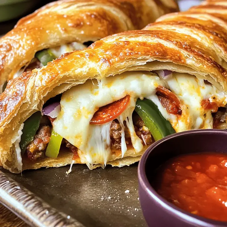 - 1 pound pizza dough (store-bought or homemade) - 1 cup mozzarella cheese, shredded - 1/2 cup provolone cheese, shredded - 1/2 cup sliced pepperoni - 1/2 cup cooked Italian sausage, crumbled - 1/4 cup green bell pepper, finely chopped - 1/4 cup red onion, finely chopped - 1/4 cup olives, sliced (optional) - 1 tablespoon Italian seasoning - 1 egg, beaten (for egg wash) - Marinara sauce, for dipping To make my easy stromboli, I gather all the ingredients first. Using fresh, quality items makes a big difference. The dough can be store-bought or homemade. If you choose homemade, make sure it’s well-kneaded and rested. I love using mozzarella and provolone cheese for a rich flavor. The pepperoni and Italian sausage add a hearty touch. You can mix and match meats based on your preference. I often use green bell pepper and red onion for a nice crunch. Olives are optional but can add a salty punch if you enjoy them. Italian seasoning brings everything together. It adds depth and aroma to the dish. I always keep some in my kitchen. Lastly, the egg wash gives the stromboli a lovely golden color when baked. Don't forget the marinara sauce! It complements the stromboli perfectly and adds a delicious dipping option. For the full recipe, check out the Easy Stromboli Delight section. - Preheat the Oven: Start by preheating your oven to 400°F (200°C). This ensures a crispy crust. Line a baking sheet with parchment paper. This helps with easy cleanup. - Roll Out the Dough: On a lightly floured surface, roll out your pizza dough. Aim for a large rectangle, about 1/4 inch thick. You want it even to cook well. - Layer the Cheese and Fillings: Evenly sprinkle shredded mozzarella and provolone cheeses over the dough. Then, layer your sliced pepperoni, crumbled Italian sausage, green bell pepper, red onion, and optional olives. Lastly, sprinkle Italian seasoning on top for extra flavor. - Rolling the Dough: Starting from one long edge, carefully roll the dough away from you into a tight log. Ensure you roll it up tightly for best results. - Sealing the Edges: Pinch the seams to seal the stromboli. Tuck the ends in to keep the fillings inside. A tight roll helps keep everything together while baking. - Placing on the Baking Sheet: Place your rolled stromboli seam-side down on the prepared baking sheet. This prevents it from unrolling. - Brushing with Egg Wash: Brush the top of the stromboli with beaten egg. This will give it a lovely golden brown finish when baked. - Baking Time: Bake in the preheated oven for 20-25 minutes. Watch for a golden brown color to know it's ready. Follow these steps, and you will create a delicious Easy Stromboli Delight! For the full recipe, check the previous section. How to Roll Out Evenly To roll out the dough evenly, start with a lightly floured surface. Use a rolling pin to press out the dough. Keep it about a quarter inch thick. Turn the dough as you roll. This helps keep it even. Avoiding Soggy Bottoms To avoid a soggy bottom, pre-bake the dough for about 5 minutes. This gives it a head start. Once you add the fillings, make sure they are not too wet. Drain any extra liquid from vegetables or meats. Adding Vegetables You can add more veggies to your stromboli. Spinach, mushrooms, or zucchini work well. Just chop them small and layer them with the other fillings. This adds flavor and nutrition. Substituting Meats Feel free to change the meats in this recipe. You can use chicken or ham instead of pepperoni or sausage. This gives you a chance to try new flavors. Side Dishes to Pair Stromboli goes great with many side dishes. A fresh salad is perfect. You might also serve garlic bread or roasted veggies. These sides add color and taste to your meal. Creative Dipping Sauces Marinara sauce is classic, but you can try more. Ranch dressing or garlic butter makes a fun dip. You can even mix sriracha into mayo for a spicy option. These sauces will make your dinner even better. {{image_2}} You can make stromboli in many ways. A vegetarian option is great for those who want a meat-free meal. Use a mix of your favorite veggies. Spinach, mushrooms, and artichokes work well. Add some cheese for a creamy texture. This option is tasty and colorful. Another fun choice is breakfast stromboli. You can fill it with scrambled eggs, cheese, and your choice of meats. Try adding bacon or ham. For veggies, bell peppers and spinach are delicious. This makes a hearty breakfast or brunch dish. If you want to mix things up, try Mediterranean-inspired stromboli. Use feta cheese, olives, and sun-dried tomatoes. Add some fresh herbs like basil or oregano. This will give your dish a bright, zesty flavor. Another exciting option is BBQ chicken stromboli. Start with cooked chicken and mix it with barbecue sauce. Add mozzarella cheese and some red onions for crunch. This unique twist brings a smoky, sweet flavor to your meal. Explore these variations to make your easy stromboli dinner even more fun! You can find the full recipe for more details and steps. To keep your stromboli fresh, wrap it well. Use plastic wrap or aluminum foil. This helps keep air out. Place it in the fridge for up to three days. If you want to store it longer, freezing is a great option. - Refrigeration Techniques - Wrap each slice in plastic wrap. - Place the wrapped slices in an airtight container. - Store in the fridge for up to three days. - Freezing Options - Wrap the whole stromboli tightly in plastic wrap. - Then, wrap it in aluminum foil for extra protection. - Label it with the date. - Freeze for up to three months. When you’re ready to enjoy your leftovers, reheating is key. You want to keep that tasty texture. - Best Methods for Reheating - Oven: Preheat your oven to 350°F (175°C). Place the stromboli on a baking sheet. Bake for about 10-15 minutes. This warms it through and keeps it crispy. - Microwave: If you’re in a hurry, use the microwave. Place a slice on a plate. Cover it with a damp paper towel. Heat on medium for about 30 seconds to 1 minute. - Maintaining Freshness To keep the crust crunchy, avoid the microwave if you can. The oven works great for that crispy finish. Always check the inside temperature. It should reach 165°F (74°C) for safe eating. Enjoy your Easy Stromboli Delight by keeping it fresh and tasty! What is the Difference Between Stromboli and Calzone? Stromboli and calzone are both Italian dishes, but they differ in shape and filling. Stromboli is rolled like a log, while calzone is folded over. Stromboli has layers of fillings inside, which can include meats, cheeses, and veggies. Calzones are usually filled with cheese and sometimes sauce. Can I Make Stromboli Ahead of Time? Yes, you can make stromboli ahead of time. You can prepare it the night before and store it in the fridge. Just remember to wrap it well to keep it fresh. When you are ready to eat, bake it as directed. This makes dinner easy on busy nights. Why is My Stromboli Dough Tough? If your stromboli dough is tough, it might be overworked. Kneading the dough too much can develop gluten, making it chewy. To avoid this, handle the dough gently and let it rest before rolling. This helps relax the gluten and keeps your dough soft. What Can I Use Instead of Pizza Dough? If you do not have pizza dough, you can use puff pastry or crescent roll dough. These options give you a flaky texture. You can also use bread dough for a heartier stromboli. Just ensure the dough is rolled out to a similar thickness. In this blog post, we explored how to make stromboli from scratch. You learned about the key ingredients needed, from dough to meats and veggies. We also covered step-by-step instructions for preparation, assembly, and baking. Plus, I shared tips for perfect dough and various filling ideas. The sky's the limit with flavors and variations. So, get creative! Enjoy your homemade stromboli today. It’s a tasty dish for any occasion.