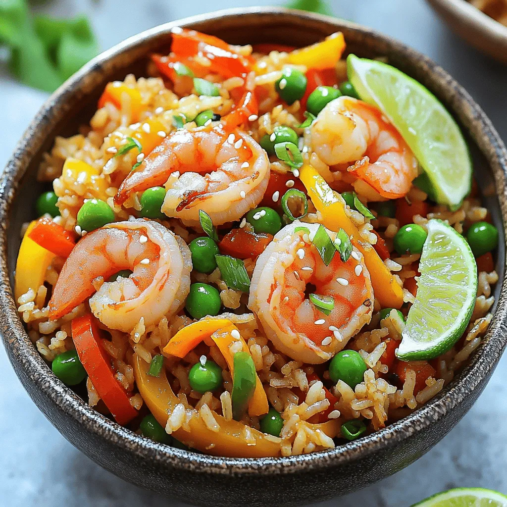 - 2 cups cooked jasmine rice (preferably day-old) - 1 pound shrimp, peeled and deveined - 2 tablespoons vegetable oil - 2 cloves garlic, minced - 1 small onion, finely chopped - 1 cup mixed bell peppers (red, yellow, and green), diced - 1 cup peas and carrots (fresh or frozen) - 3 tablespoons soy sauce - 1 tablespoon oyster sauce (optional) - 2 eggs, beaten - 3 green onions, sliced - 1 teaspoon sesame oil - Salt and pepper to taste When you make shrimp fried rice, fresh ingredients shine. Using day-old rice is key. It helps avoid mushy fried rice. Fresh shrimp makes the dish tasty. You can swap shrimp for tofu or chicken if needed. You can use tofu or chicken instead of shrimp. For veggies, try zucchini or mushrooms. This gives you many choices. Adjust to what you like best. Shrimp fried rice is not just tasty; it's also healthy. Shrimp gives you protein while veggies add fiber. Each serving has about 350 calories. You get vitamins from bell peppers and peas. This meal can be part of a balanced diet. To make shrimp fried rice, start with jasmine rice. Cook it according to package instructions, then let it cool. Cooling the rice helps it firm up, making it easier to fry. For the best results, use day-old rice. It has a drier texture, which helps achieve that perfect fried rice. Cook the shrimp first. Heat 1 tablespoon of vegetable oil in a large skillet over medium-high heat. Add the shrimp and cook until they are pink, about 2-3 minutes. Remove the shrimp and set them aside. In the same pan, add another tablespoon of oil. Sauté minced garlic and chopped onion until they smell great, around 2 minutes. Next, toss in diced bell peppers. Cook them for another 2 minutes until they soften. Add peas and carrots, cooking for an extra minute. Push the veggies to one side of the pan. Pour beaten eggs into the empty side and scramble them until fully cooked. Mix the eggs with the veggies. Now, add the cooled jasmine rice. Break up any clumps as you mix everything. Pour in the soy sauce and optional oyster sauce. Stir well to coat the rice and veggies. Return the cooked shrimp to the pan and mix again. Drizzle with sesame oil and season with salt and pepper. Finally, fold in sliced green onions for a fresh finish. Cook for another minute until everything is heated through. To serve, you can present the shrimp fried rice in a large bowl or on individual plates. For a nice touch, sprinkle sesame seeds on top. Add a lime wedge on the side for a zesty kick. This dish pairs well with a fresh salad or steamed broccoli for a balanced meal. For the complete recipe, check out the Full Recipe section. To make perfect shrimp fried rice, use day-old jasmine rice. This rice is drier and keeps its shape better. Fresh rice can be too sticky. Keep the heat high during cooking. High heat gives you that nice, slightly crispy texture. Stir often but don’t overdo it. Timing is key here. Cook the shrimp just until they turn pink to keep them tender. For added flavor, use soy sauce and oyster sauce. These sauces give your dish a savory kick. Sprinkle in some garlic powder or crushed red pepper for heat. Balancing flavors is important. Taste as you cook. If it's too salty, add a bit of sugar to balance it out. Soggy rice is a common problem. To avoid this, make sure your rice is cold and dry. Spread it out on a tray before cooking. Ensure even cooking of shrimp and veggies by cutting them into uniform sizes. This way, everything cooks at the same rate. Use a large pan to avoid crowding. This helps everything cook evenly. {{image_2}} You can swap shrimp for other proteins. Chicken is a great choice. Just cube it and cook until brown. Beef works too; use thin strips for quick cooking. If you want a vegetarian option, try tofu. Press and cube it before adding for a nice texture. Feel free to mix in seasonal veggies. In spring, add fresh peas and asparagus. Summer is perfect for zucchini and corn. In fall, use squash and Brussels sprouts. Winter calls for hearty greens like kale. A mix of carrots, broccoli, and bell peppers is always a winner. Shrimp fried rice changes by region. In Thailand, they add a touch of curry for flavor. Chinese versions often use soy sauce and sesame oil. Japanese styles might include a drizzle of teriyaki sauce. Each style brings its own twist to this dish. Explore these different tastes to find your favorite. For a complete guide, check out the Full Recipe. To store leftover shrimp fried rice, let it cool first. Place it in an airtight container. This helps keep out air and moisture. You can keep it in the fridge for up to four days. If you want to store it longer, freeze it. In the freezer, it can last for about three months. When reheating, add a splash of water to keep it moist. Heat it gently on the stove or in the microwave. This way, your fried rice stays flavorful. For the best storage, use glass or plastic containers with tight lids. Glass is great for keeping food fresh. Plastic is lightweight and easy to move. Make sure the containers are airtight. This helps stop any smells from getting in. Proper seals help maintain the taste and texture of your shrimp fried rice. Shrimp fried rice lasts about four days in the fridge. In the freezer, it can last up to three months. Always check for signs of spoilage. If it smells off or has a strange color, throw it away. Fresh shrimp fried rice should have a bright look and a nice aroma. Enjoy your meal without worries by storing it properly! The best type of rice for fried rice is jasmine rice. Jasmine rice has a light floral scent and a slightly sticky texture. This makes it perfect for fried rice. Its softness allows it to absorb flavors well. Using day-old jasmine rice is key. It is drier, which helps prevent clumps when frying. This rice gives your shrimp fried rice the best taste and texture. Yes, you can make shrimp fried rice ahead of time. Prepare the rice and shrimp in advance. Store them separately in the fridge. This keeps the rice from getting soggy. When you are ready to eat, just heat the shrimp and rice together. Add some fresh vegetables to refresh the dish. You can also freeze it for later. Just make sure to use airtight containers. Shrimp fried rice can be a healthy meal. It has protein from shrimp and nutrients from vegetables. Jasmine rice provides carbs for energy. You can choose to add less oil to cut down on fat. Using lots of veggies boosts the health factor too. Just watch the soy sauce, as it can be high in sodium. To make shrimp fried rice less greasy, use less oil when cooking. Start with a non-stick pan. This helps reduce the amount of oil needed. You should also cook on high heat. This allows the rice to fry quickly without absorbing too much oil. Using day-old rice will help too, as it has less moisture. You can add many things to shrimp fried rice for extra flavor. Some popular choices include: - Fresh herbs like cilantro or basil. - Chili paste for heat. - Peanuts for crunch. - Lime juice for a zesty kick. - Eggs for extra protein and richness. These ingredients can enhance the taste and make your dish unique. For the full recipe, check the earlier section. In this blog post, we explored how to make shrimp fried rice. We covered the key ingredients, like jasmine rice and shrimp, and shared alternatives for flexibility. I detailed the preparation steps, cooking process, and serving tips. Also, we discussed best practices for delicious results and how to store leftovers. Remember, this dish is easy to customize. Feel free to swap proteins and veggies based on your taste. With this guide, you can enjoy a tasty homemade meal anytime.