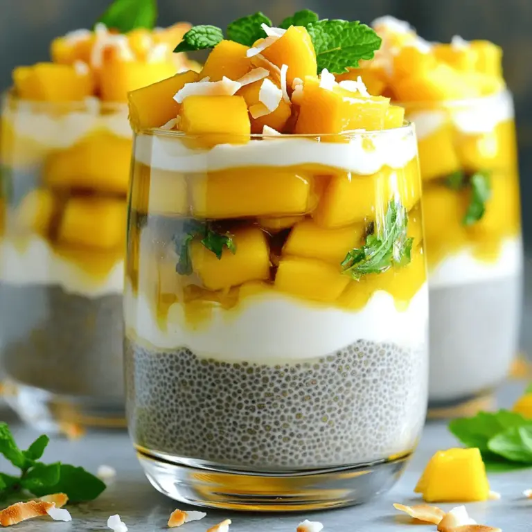 - Coconut milk (canned or carton) - Almond milk (or more coconut milk) - Chia seeds - Maple syrup or honey - Ripe mango - Vanilla extract - Salt - Toasted coconut flakes - Fresh mint leaves To make Mango Coconut Chia Pudding, gather all your ingredients first. Each one adds flavor and texture. I love using coconut milk for its rich taste. You can choose between canned or carton. Both work well. Almond milk adds a nice creaminess, but feel free to use more coconut milk if you prefer. Chia seeds are the magic here. They absorb liquid and create that pudding-like texture. Maple syrup or honey sweetens the mix. Use more or less based on your taste. A ripe mango adds a burst of flavor and color. Don’t forget vanilla extract! Just a little makes everything taste better. A pinch of salt brings out the sweetness of the mango. For the finishing touch, sprinkle on toasted coconut flakes. They add crunch and a lovely aroma. Fresh mint leaves also brighten up the dish. Make sure you have all these ingredients ready before you start. This way, your pudding will turn out perfect every time. If you want the full recipe, just follow the link. To make Mango Coconut Chia Pudding, start by mixing your ingredients. Grab a medium mixing bowl. Add 1 cup of coconut milk, 1/2 cup of almond milk, 1/4 cup of chia seeds, 2 tablespoons of maple syrup (or honey), 1/4 teaspoon of vanilla extract, and a pinch of salt. Stir them together well. Next, whisk the mixture for about 1-2 minutes. This helps the chia seeds absorb some liquid and thicken the mix. You want a nice blend, with no lumps. Now, cover your bowl with plastic wrap. Place it in the fridge for at least 4 hours, or overnight. This waiting time is key for the pudding to set and get creamy. Once your pudding is ready, it's time to serve. Divide the chia pudding into bowls or glasses. I like using clear glasses to show off the layers. For toppings, I suggest fresh diced mango on top. Drizzle a little extra maple syrup if you like it sweeter. You can also add toasted coconut flakes for a nice crunch. Fresh mint leaves make a great garnish too. They add color and flavor! To recap, you mix coconut milk, almond milk, chia seeds, maple syrup, vanilla, and salt. Whisk for 1-2 minutes, then refrigerate for at least 4 hours. Serve in bowls, topped with mango, toasted coconut, and mint. Enjoy your healthy treat! For the full recipe, check out the details above. To get the perfect texture, start with the right ratio of chia seeds to liquid. Use 1/4 cup of chia seeds for every 1 1/2 cups of liquid. This gives your pudding a thick, creamy feel. If you want it thinner, add a little more coconut or almond milk. When it comes to substitutions, feel free to mix and match. Instead of almond milk, you can try oat milk or soy milk. If you want a sweeter taste, use agave syrup instead of maple syrup or honey. You can also swap mango for other fruits like berries or bananas. Garnishing your pudding makes it look fancy. I love topping it with toasted coconut flakes and fresh mint leaves. It adds color and texture. You can also add a slice of mango on top for a vibrant touch. For serving, use clear bowls or glasses. This way, guests can see the beautiful layers of pudding and fruit. You can also make mini parfaits in small jars for a fun twist. This is a great way to impress your friends or family. {{image_2}} You can make mango coconut chia pudding even more fun with different flavors. Try adding berries like strawberries or blueberries. These fruits add color and taste. Bananas are another tasty choice. They give a creamy texture that pairs well with mango. Adding spices can also change the flavor. A little cinnamon or nutmeg can bring warmth to the dish. These spices are simple but make a big difference. Just a pinch can elevate your pudding to a new level. This recipe fits many diets. It is vegan and gluten-free, making it great for everyone. You can use maple syrup or honey based on your needs. If you want a lower sugar option, use less maple syrup or honey. You can also swap in a sugar substitute. This way, you keep the sweetness without the extra sugar. Feel free to explore your options and make this pudding your own. You can even check the full recipe for more ideas. To keep your Mango Coconut Chia Pudding fresh, store it in the fridge. Use airtight containers. Glass jars or plastic containers work well. Make sure the lid fits tight to keep air out. This helps avoid any unwanted smells or flavors. The pudding can last up to five days in the fridge. If you see any discoloration or an odd smell, it’s best to toss it out. Yes, you can freeze Mango Coconut Chia Pudding. However, the texture may change. It might become a bit grainy after thawing. To freeze, pour the pudding into freezer-safe containers. Leave some space at the top to allow for expansion. When you're ready to enjoy it, take it out of the freezer. To properly thaw, place it in the fridge overnight. For a quicker option, you can use the microwave. Just defrost it in short bursts, stirring in between. Once thawed, give it a good stir. If it seems too thick, add a splash of coconut or almond milk to bring back the creaminess. Enjoy your pudding! What other milks can be used instead of coconut or almond? You can use oat milk, soy milk, or cashew milk. Each milk adds a unique taste. Oat milk gives a creamy texture, while soy milk offers more protein. Test different types to find your favorite! How long does chia pudding last in the fridge? Chia pudding can last up to five days in the fridge. Store it in an airtight container for best results. Always check for any off smells or changes in texture before eating. Can I use frozen mango instead of fresh? Yes, you can use frozen mango! Just thaw the mango before adding it to your pudding. This can save time and still give you great flavor. Nutritional value of chia seeds and ingredients Chia seeds are full of fiber, protein, and healthy fats. They help keep you full and aid digestion. Coconut milk adds healthy fats, while mango provides vitamins A and C. This dish is packed with nutrients! How does this dish fit into a healthy diet? Mango coconut chia pudding is a great snack or breakfast option. It is low in sugar and high in fiber. This makes it a smart choice for anyone looking to eat healthier. Are there any allergies to be aware of? Some people may have allergies to nuts, so watch out for the almond milk. If you are unsure, use coconut milk only. Always check labels for any hidden allergens. Enjoy this treat safely! Making Mango Coconut Chia Pudding is simple and fun. We covered the key ingredients, easy steps, and handy tips. You can explore different flavors and ways to store leftovers too. Chia pudding is nutritious and versatile. Whether you enjoy it for breakfast or dessert, it fits many diets. I encourage you to try this recipe and make it your own. Enjoy your tasty creation!
