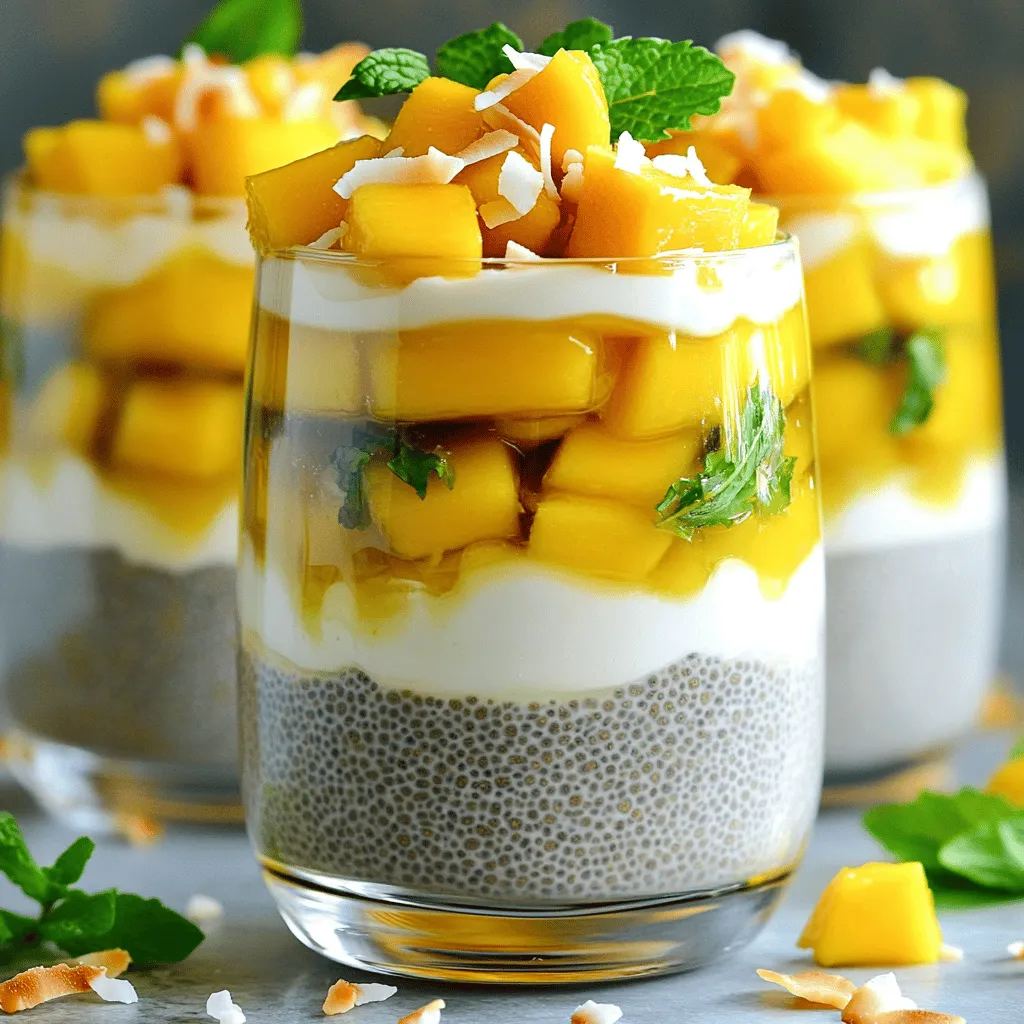 - Coconut milk (canned or carton) - Almond milk (or more coconut milk) - Chia seeds - Maple syrup or honey - Ripe mango - Vanilla extract - Salt - Toasted coconut flakes - Fresh mint leaves To make Mango Coconut Chia Pudding, gather all your ingredients first. Each one adds flavor and texture. I love using coconut milk for its rich taste. You can choose between canned or carton. Both work well. Almond milk adds a nice creaminess, but feel free to use more coconut milk if you prefer. Chia seeds are the magic here. They absorb liquid and create that pudding-like texture. Maple syrup or honey sweetens the mix. Use more or less based on your taste. A ripe mango adds a burst of flavor and color. Don’t forget vanilla extract! Just a little makes everything taste better. A pinch of salt brings out the sweetness of the mango. For the finishing touch, sprinkle on toasted coconut flakes. They add crunch and a lovely aroma. Fresh mint leaves also brighten up the dish. Make sure you have all these ingredients ready before you start. This way, your pudding will turn out perfect every time. If you want the full recipe, just follow the link. To make Mango Coconut Chia Pudding, start by mixing your ingredients. Grab a medium mixing bowl. Add 1 cup of coconut milk, 1/2 cup of almond milk, 1/4 cup of chia seeds, 2 tablespoons of maple syrup (or honey), 1/4 teaspoon of vanilla extract, and a pinch of salt. Stir them together well. Next, whisk the mixture for about 1-2 minutes. This helps the chia seeds absorb some liquid and thicken the mix. You want a nice blend, with no lumps. Now, cover your bowl with plastic wrap. Place it in the fridge for at least 4 hours, or overnight. This waiting time is key for the pudding to set and get creamy. Once your pudding is ready, it's time to serve. Divide the chia pudding into bowls or glasses. I like using clear glasses to show off the layers. For toppings, I suggest fresh diced mango on top. Drizzle a little extra maple syrup if you like it sweeter. You can also add toasted coconut flakes for a nice crunch. Fresh mint leaves make a great garnish too. They add color and flavor! To recap, you mix coconut milk, almond milk, chia seeds, maple syrup, vanilla, and salt. Whisk for 1-2 minutes, then refrigerate for at least 4 hours. Serve in bowls, topped with mango, toasted coconut, and mint. Enjoy your healthy treat! For the full recipe, check out the details above. To get the perfect texture, start with the right ratio of chia seeds to liquid. Use 1/4 cup of chia seeds for every 1 1/2 cups of liquid. This gives your pudding a thick, creamy feel. If you want it thinner, add a little more coconut or almond milk. When it comes to substitutions, feel free to mix and match. Instead of almond milk, you can try oat milk or soy milk. If you want a sweeter taste, use agave syrup instead of maple syrup or honey. You can also swap mango for other fruits like berries or bananas. Garnishing your pudding makes it look fancy. I love topping it with toasted coconut flakes and fresh mint leaves. It adds color and texture. You can also add a slice of mango on top for a vibrant touch. For serving, use clear bowls or glasses. This way, guests can see the beautiful layers of pudding and fruit. You can also make mini parfaits in small jars for a fun twist. This is a great way to impress your friends or family. {{image_2}} You can make mango coconut chia pudding even more fun with different flavors. Try adding berries like strawberries or blueberries. These fruits add color and taste. Bananas are another tasty choice. They give a creamy texture that pairs well with mango. Adding spices can also change the flavor. A little cinnamon or nutmeg can bring warmth to the dish. These spices are simple but make a big difference. Just a pinch can elevate your pudding to a new level. This recipe fits many diets. It is vegan and gluten-free, making it great for everyone. You can use maple syrup or honey based on your needs. If you want a lower sugar option, use less maple syrup or honey. You can also swap in a sugar substitute. This way, you keep the sweetness without the extra sugar. Feel free to explore your options and make this pudding your own. You can even check the full recipe for more ideas. To keep your Mango Coconut Chia Pudding fresh, store it in the fridge. Use airtight containers. Glass jars or plastic containers work well. Make sure the lid fits tight to keep air out. This helps avoid any unwanted smells or flavors. The pudding can last up to five days in the fridge. If you see any discoloration or an odd smell, it’s best to toss it out. Yes, you can freeze Mango Coconut Chia Pudding. However, the texture may change. It might become a bit grainy after thawing. To freeze, pour the pudding into freezer-safe containers. Leave some space at the top to allow for expansion. When you're ready to enjoy it, take it out of the freezer. To properly thaw, place it in the fridge overnight. For a quicker option, you can use the microwave. Just defrost it in short bursts, stirring in between. Once thawed, give it a good stir. If it seems too thick, add a splash of coconut or almond milk to bring back the creaminess. Enjoy your pudding! What other milks can be used instead of coconut or almond? You can use oat milk, soy milk, or cashew milk. Each milk adds a unique taste. Oat milk gives a creamy texture, while soy milk offers more protein. Test different types to find your favorite! How long does chia pudding last in the fridge? Chia pudding can last up to five days in the fridge. Store it in an airtight container for best results. Always check for any off smells or changes in texture before eating. Can I use frozen mango instead of fresh? Yes, you can use frozen mango! Just thaw the mango before adding it to your pudding. This can save time and still give you great flavor. Nutritional value of chia seeds and ingredients Chia seeds are full of fiber, protein, and healthy fats. They help keep you full and aid digestion. Coconut milk adds healthy fats, while mango provides vitamins A and C. This dish is packed with nutrients! How does this dish fit into a healthy diet? Mango coconut chia pudding is a great snack or breakfast option. It is low in sugar and high in fiber. This makes it a smart choice for anyone looking to eat healthier. Are there any allergies to be aware of? Some people may have allergies to nuts, so watch out for the almond milk. If you are unsure, use coconut milk only. Always check labels for any hidden allergens. Enjoy this treat safely! Making Mango Coconut Chia Pudding is simple and fun. We covered the key ingredients, easy steps, and handy tips. You can explore different flavors and ways to store leftovers too. Chia pudding is nutritious and versatile. Whether you enjoy it for breakfast or dessert, it fits many diets. I encourage you to try this recipe and make it your own. Enjoy your tasty creation!