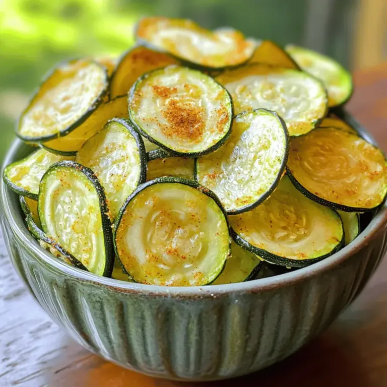 To make tasty zucchini chips, you need a few basic items: - 2 medium zucchinis, sliced thinly (about 1/8 inch) - 2 tablespoons olive oil - 1 teaspoon garlic powder - 1 teaspoon onion powder - 1 teaspoon smoked paprika - 1/2 teaspoon salt - 1/4 teaspoon black pepper These ingredients come together to create a crisp and flavorful snack. If you want to add more taste, try these extras: - 1/4 cup grated Parmesan cheese - Fresh herbs like thyme or oregano - A squeeze of lemon juice Adding Parmesan gives a cheesy bite. Fresh herbs can brighten the chips with flavor. Zucchini is low in calories but high in water. This makes it a great snack option. Here’s a quick look at some of the nutrition: - Zucchini: Low in calories, high in vitamin C - Olive oil: Healthy fats, good for heart health - Garlic powder: May boost your immune system These ingredients not only taste great but also offer health benefits. You can enjoy the chips guilt-free. For the full recipe, check out the provided link. Start by washing your zucchinis well. I like to use medium-sized ones for the best flavor. Slice them thinly, about 1/8 inch thick. A sharp knife or mandoline makes this easy. Thin slices help them get crispy. Next, place the slices in a large bowl. Drizzle 2 tablespoons of olive oil over the zucchini slices. Then, add 1 teaspoon each of garlic powder, onion powder, and smoked paprika. Toss everything well. Make sure each slice gets coated. This step adds great flavor. Sprinkle 1/2 teaspoon of salt and 1/4 teaspoon of black pepper for taste. If you want extra flavor, add 1/4 cup of grated Parmesan cheese. Preheat your oven to 225°F (110°C). Line two baking sheets with parchment paper. Spread the zucchini slices in a single layer on the sheets. They should not overlap. This ensures even crisping. Bake them for about 2 hours. Check them after 1.5 hours. They should look golden and crisp, but not browned. Time may change based on slice thickness. After baking, let them cool for a few minutes. They will get crispier as they cool. Enjoy your crispy zucchini chips! For the complete recipe, see [Full Recipe]. To get the best oven-baked zucchini chips, slice the zucchinis thinly. I recommend about 1/8 inch thick. Thin slices cook faster and become crispier. Arrange the slices in a single layer on the baking sheet. This step is key! Overlapping slices can lead to soggy chips. If you have extra zucchini, bake in batches for even crisping. Keep your zucchini chips in an airtight container. This helps them stay crisp for up to a week. If you want them extra crunchy, add a silica gel packet to the container. This absorbs moisture. Avoid storing them in the fridge, as it can make them soft. Instead, a cool, dry place works best. Pair your chips with fun dips! Ranch dressing adds a creamy touch. Tzatziki sauce brings a fresh flavor to the table. You can also try salsa or guacamole for a twist. For a simple taste, serve with hummus. These dips enhance the flavor and make snacking even more fun! For more ideas, check out the Full Recipe for more inspiration. {{image_2}} You can change up the flavor of your zucchini chips with different seasonings. Try using Italian herbs like oregano and basil for a Mediterranean twist. You can also go spicy with cayenne or chili powder for a kick. If you enjoy a sweet flavor, sprinkle a bit of cinnamon before baking. The options are endless, so feel free to experiment! If you prefer dairy-free snacks, skip the Parmesan cheese. Instead, try nutritional yeast for a cheesy flavor without the dairy. It adds a nice nutty taste and is packed with nutrients. You can also use a dairy-free cheese substitute. This way, you can enjoy crispy chips while keeping them plant-based. Zucchini chips taste great on their own, but you can mix in other veggies too! Sweet potatoes, carrots, or beets make excellent choices. Just slice them thinly, like the zucchini, to ensure they cook evenly. Each vegetable adds its unique flavor and color, making for a fun and vibrant snack. For the full recipe, you can check out the complete guide. To keep your leftover chips fresh, place them in an airtight container. Avoid stacking them, as this can make them soggy. I like to use parchment paper between layers. This helps keep them crisp for longer. Make sure the container is completely sealed to block out air. Store the container in a cool, dry place. When you're ready to enjoy your chips again, the oven is your best friend. Preheat your oven to 350°F (175°C). Spread the chips in a single layer on a baking sheet. Heat them for about 5 to 10 minutes. This method restores their crunch. You can also use an air fryer for quick reheating. Just a few minutes will do the trick! These tasty chips can last up to a week when stored properly. After that, they may lose their crispness or flavor. If you notice any signs of moisture or a change in smell, it’s best to toss them. I find that they taste best when enjoyed fresh, so try to eat them within a few days for maximum flavor and crunch. Bake zucchini chips for about 2 hours at 225°F (110°C). Check them after 1.5 hours. The chips should be golden and crisp, but not brown. Baking time can vary based on how thick you slice the zucchini. Yes, you can use other squash like yellow squash or butternut squash. Each type has a unique taste and texture. Just remember to slice them thinly, like the zucchini. This helps them bake evenly and become nice and crunchy. Use a sharp knife or a mandoline slicer to cut zucchini. Aim for slices about 1/8 inch thick. This thickness ensures the chips cook well and get crispy. Try to keep the slices even for the best results. Oven-baked zucchini chips are a healthy snack choice. They have fewer calories than regular chips and offer vitamins and fiber. Using olive oil and seasonings adds flavor without extra fat or calories. They make a nutritious choice for any snack time. You can freeze zucchini chips, but they may lose some crunch. Start by baking them first, then cool and store in an airtight container. When you're ready to eat, reheat them in the oven for a few minutes. This helps restore some crispness. For the full recipe, check the earlier section. Oven-baked zucchini chips are a tasty and healthy snack. We covered the main ingredients, how to make them, and tips for the perfect crunch. I shared storage tips and variations to keep it fun. You can even customize them with your favorite flavors. Remember, these chips are best enjoyed fresh, but they can be stored for later. Enjoy making your own crispy snacks. Dive into this recipe and taste the goodness yourself!