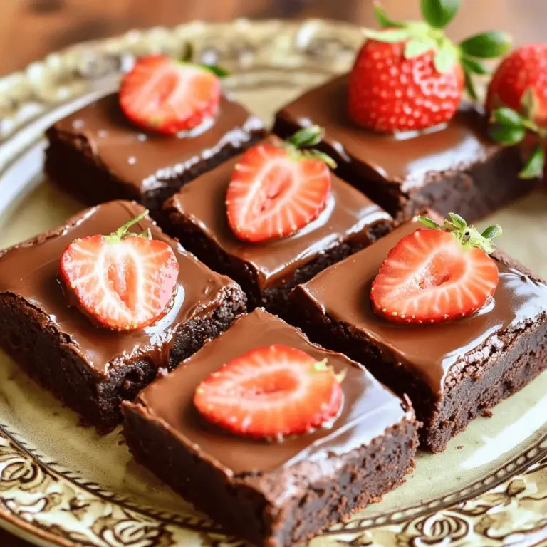 To make chocolate covered strawberry brownies, you need these key ingredients: - 1 cup unsalted butter, melted - 2 cups granulated sugar - 4 large eggs - 1 teaspoon vanilla extract - 1 cup all-purpose flour - 1/2 cup unsweetened cocoa powder - 1/4 teaspoon salt - 1 cup fresh strawberries, hulled and halved - 1 cup chocolate chips (semi-sweet or dark) - 1/2 cup heavy cream - Additional strawberries for garnish (optional) If you need to make substitutions, here are some ideas: - Use coconut oil instead of butter for a dairy-free option. - Substitute brown sugar for granulated sugar for a richer flavor. - Try almond flour instead of all-purpose flour for a gluten-free option. - If you don’t have strawberries, use raspberries or cherries for a different twist. For this recipe, you will need some essential kitchen tools: - A large mixing bowl for combining ingredients. - A whisk for mixing the wet ingredients. - A spatula for folding in the strawberries and spreading the batter. - A 9x13 inch baking pan for baking the brownies. - A small saucepan for making the chocolate ganache. - Parchment paper (optional) for easy brownie removal from the pan. Use good quality baking tools to ensure even cooking and easy cleanup. A non-stick pan helps prevent sticking, but greasing it is always a good choice. To start, you need to mix the wet ingredients. In a large bowl, combine the melted butter and granulated sugar. Whisk them together until the mixture is smooth. Next, add the eggs one by one, mixing well after each one. Finally, stir in the vanilla extract for flavor. Now, let’s combine the dry ingredients. In another bowl, sift together the flour, cocoa powder, and salt. Gradually add this dry mix to your wet ingredients. Mix just until combined; don’t overmix! This helps keep the brownies soft. Gently fold in the halved strawberries. Be careful not to crush them. Preheat your oven to 350°F (175°C). Grease a 9x13 inch baking pan or line it with parchment paper. Pour the brownie batter into the pan, spreading it evenly. Bake for 25-30 minutes. To check for doneness, insert a toothpick in the center. If it comes out mostly clean, your brownies are ready! While the brownies bake, you can prepare the chocolate ganache. In a small saucepan over low heat, mix the heavy cream and chocolate chips. Stir until melted and smooth. Make sure to watch it closely to avoid burning. Once melted, remove it from the heat and let it cool slightly. After the brownies cool for about 10 minutes, pour the warm ganache over them. Spread it evenly with a spatula. This adds a lovely, rich layer to your brownies. Top with additional strawberries, pressing them lightly into the ganache. This step makes them look even more delicious! You can find the full recipe above for all the details. Baking tips for perfect brownies - Always measure your ingredients. Use a kitchen scale for accuracy. - Don't overmix the batter. Mix just until combined for fudgy brownies. - Check your oven temperature with an oven thermometer. It ensures even baking. - Use quality cocoa powder for rich flavor. Avoid expired ingredients. Dos and don’ts for strawberry preparation - Do use fresh strawberries. They taste better and look great. - Don’t wash strawberries too early. This can make them soggy. - Do hull strawberries carefully. A sharp knife helps keep them intact. - Don’t cut strawberries too small. Halves work well for topping. Creative ways to serve Chocolate Covered Strawberry Brownies - Serve warm brownies with a scoop of vanilla ice cream. - Stack brownies with whipped cream and fresh strawberries. - Drizzle extra chocolate ganache over each slice for flair. - Present brownies on a colorful plate with whole strawberries. Perfect pairings for beverages - Pair brownies with a cup of hot coffee. The balance is delightful. - Enjoy with a glass of cold milk for a classic treat. - Try them with a fruity tea for a refreshing contrast. - Serve with a rich dessert wine for a special touch. For the full recipe, check out the [Full Recipe]. {{image_2}} You can easily make gluten-free brownies. Use a gluten-free flour blend instead of all-purpose flour. This swap keeps the texture rich and moist. Check that the blend works for baking to ensure great results. For vegan options, replace the eggs with flax eggs. Mix one tablespoon of ground flaxseed with three tablespoons of water for each egg. Let it sit for a few minutes until it thickens. Substitute the butter with coconut oil or a vegan butter. You can also use plant-based milk in the ganache instead of heavy cream. Want to jazz up your brownies? Add a teaspoon of mint extract for a fresh twist. You can also mix in zest from an orange for a bright flavor. Both options pair well with chocolate and strawberries. Incorporating nuts can add texture and flavor. Try adding chopped walnuts or almonds to the batter. You can also sprinkle them on top of the ganache for added crunch. Don’t shy away from experimenting with toppings, like crushed cookies or shredded coconut. Each addition makes the brownies unique and fun! For the full recipe, check out the complete guide on making Chocolate Covered Strawberry Brownies. To keep your brownies fresh, store them in an airtight container. Place parchment paper between layers to prevent sticking. You can store them in the refrigerator for up to a week. For longer storage, freeze them. Wrap each brownie in plastic wrap, then place them in a freezer-safe bag. This method helps maintain their taste and texture. To reheat brownies, take them out of the fridge or freezer. If frozen, let them thaw at room temp for about 30 minutes. For warming, place them in the microwave for 10-15 seconds. Check to see if they’re warm but not hot. This keeps them soft and gooey. These brownies last about 5 to 7 days in the fridge. In the freezer, they can last up to three months. Always check for signs of spoilage. Watch for mold, a bad smell, or a dry texture. If you notice any of these signs, it's best to toss them. Enjoy your Chocolate Covered Strawberry Brownies while they’re fresh for the best taste! If you run out of heavy cream, you have options. You can use milk and butter. Mix 3/4 cup of milk with 1/4 cup of melted butter. This will mimic heavy cream's thickness. Another option is to use half-and-half. It won't be as rich, but it works well too. You can also try coconut cream for a dairy-free version. Just chill a can of coconut milk, and scoop out the cream. Yes, you can use frozen strawberries! They work great in brownies. Just remember to thaw them first. Pat them dry with a paper towel. This helps reduce extra moisture in the brownies. Frozen strawberries may be softer than fresh ones. They might not hold their shape as well, but they still taste delicious. You can even blend them into the batter for a fruity twist! To get the perfect brownie texture, you need to follow a few tips. If you want fudgy brownies, use less flour and more butter. Bake them just until a toothpick comes out mostly clean. For cakey brownies, add a bit more flour and bake longer. Don't overmix the batter; just combine until smooth. Let them cool completely before cutting. This helps set the texture. Yes, you can easily halve this recipe. Just use half of each ingredient. For example, use 1/2 cup of butter and 1 cup of sugar. Bake the brownies in a smaller pan, like an 8x8 inch one. Keep an eye on the baking time, as it may change. Start checking for doneness a little earlier than the original recipe states. Enjoy your smaller batch of chocolate covered strawberry brownies! For the full recipe, check the details above. In this post, I shared how to make Chocolate Covered Strawberry Brownies. We covered ingredients, tools, and step-by-step instructions. I also gave tips to avoid common mistakes and suggestions for creative servings. Remember, baking is about having fun. Try different flavors and don’t stress if it’s not perfect the first time. Enjoy your treats and share them with others! Happy baking!