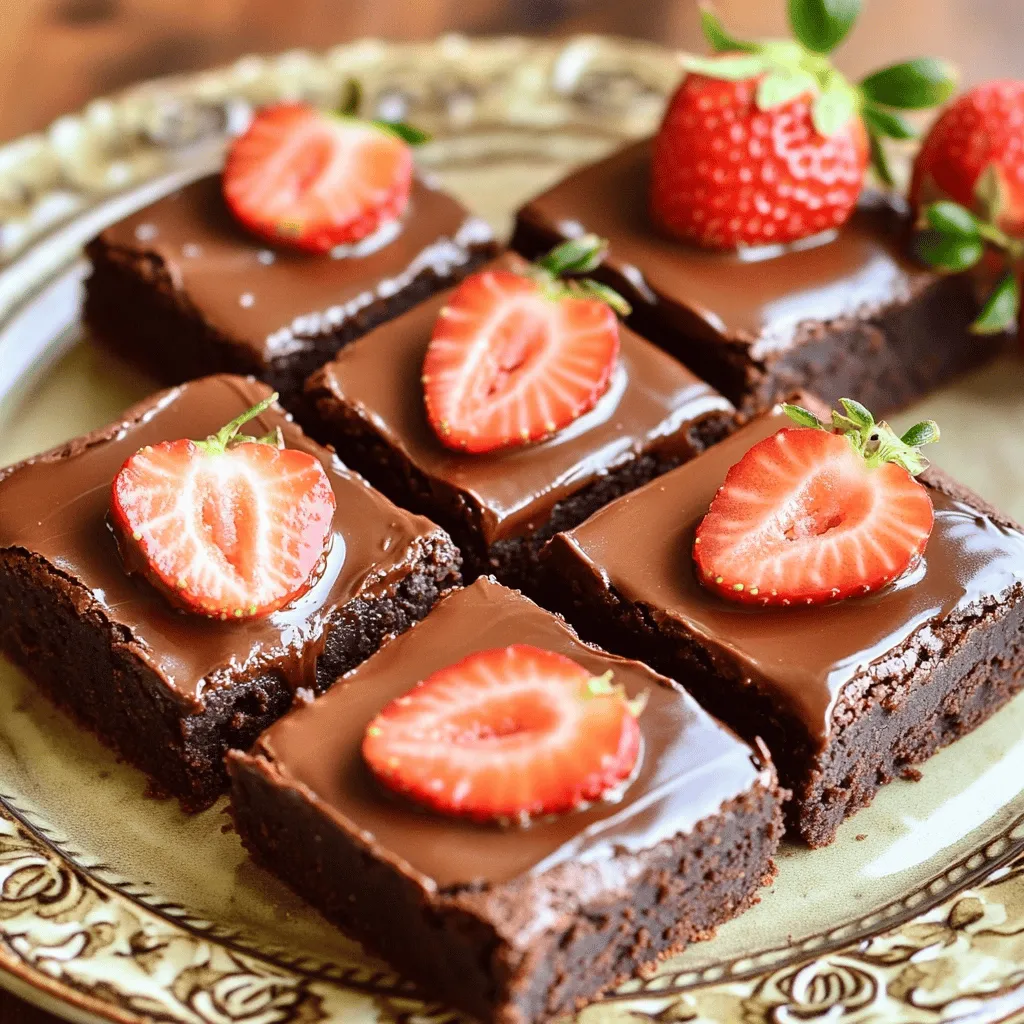 To make chocolate covered strawberry brownies, you need these key ingredients: - 1 cup unsalted butter, melted - 2 cups granulated sugar - 4 large eggs - 1 teaspoon vanilla extract - 1 cup all-purpose flour - 1/2 cup unsweetened cocoa powder - 1/4 teaspoon salt - 1 cup fresh strawberries, hulled and halved - 1 cup chocolate chips (semi-sweet or dark) - 1/2 cup heavy cream - Additional strawberries for garnish (optional) If you need to make substitutions, here are some ideas: - Use coconut oil instead of butter for a dairy-free option. - Substitute brown sugar for granulated sugar for a richer flavor. - Try almond flour instead of all-purpose flour for a gluten-free option. - If you don’t have strawberries, use raspberries or cherries for a different twist. For this recipe, you will need some essential kitchen tools: - A large mixing bowl for combining ingredients. - A whisk for mixing the wet ingredients. - A spatula for folding in the strawberries and spreading the batter. - A 9x13 inch baking pan for baking the brownies. - A small saucepan for making the chocolate ganache. - Parchment paper (optional) for easy brownie removal from the pan. Use good quality baking tools to ensure even cooking and easy cleanup. A non-stick pan helps prevent sticking, but greasing it is always a good choice. To start, you need to mix the wet ingredients. In a large bowl, combine the melted butter and granulated sugar. Whisk them together until the mixture is smooth. Next, add the eggs one by one, mixing well after each one. Finally, stir in the vanilla extract for flavor. Now, let’s combine the dry ingredients. In another bowl, sift together the flour, cocoa powder, and salt. Gradually add this dry mix to your wet ingredients. Mix just until combined; don’t overmix! This helps keep the brownies soft. Gently fold in the halved strawberries. Be careful not to crush them. Preheat your oven to 350°F (175°C). Grease a 9x13 inch baking pan or line it with parchment paper. Pour the brownie batter into the pan, spreading it evenly. Bake for 25-30 minutes. To check for doneness, insert a toothpick in the center. If it comes out mostly clean, your brownies are ready! While the brownies bake, you can prepare the chocolate ganache. In a small saucepan over low heat, mix the heavy cream and chocolate chips. Stir until melted and smooth. Make sure to watch it closely to avoid burning. Once melted, remove it from the heat and let it cool slightly. After the brownies cool for about 10 minutes, pour the warm ganache over them. Spread it evenly with a spatula. This adds a lovely, rich layer to your brownies. Top with additional strawberries, pressing them lightly into the ganache. This step makes them look even more delicious! You can find the full recipe above for all the details. Baking tips for perfect brownies - Always measure your ingredients. Use a kitchen scale for accuracy. - Don't overmix the batter. Mix just until combined for fudgy brownies. - Check your oven temperature with an oven thermometer. It ensures even baking. - Use quality cocoa powder for rich flavor. Avoid expired ingredients. Dos and don’ts for strawberry preparation - Do use fresh strawberries. They taste better and look great. - Don’t wash strawberries too early. This can make them soggy. - Do hull strawberries carefully. A sharp knife helps keep them intact. - Don’t cut strawberries too small. Halves work well for topping. Creative ways to serve Chocolate Covered Strawberry Brownies - Serve warm brownies with a scoop of vanilla ice cream. - Stack brownies with whipped cream and fresh strawberries. - Drizzle extra chocolate ganache over each slice for flair. - Present brownies on a colorful plate with whole strawberries. Perfect pairings for beverages - Pair brownies with a cup of hot coffee. The balance is delightful. - Enjoy with a glass of cold milk for a classic treat. - Try them with a fruity tea for a refreshing contrast. - Serve with a rich dessert wine for a special touch. For the full recipe, check out the [Full Recipe]. {{image_2}} You can easily make gluten-free brownies. Use a gluten-free flour blend instead of all-purpose flour. This swap keeps the texture rich and moist. Check that the blend works for baking to ensure great results. For vegan options, replace the eggs with flax eggs. Mix one tablespoon of ground flaxseed with three tablespoons of water for each egg. Let it sit for a few minutes until it thickens. Substitute the butter with coconut oil or a vegan butter. You can also use plant-based milk in the ganache instead of heavy cream. Want to jazz up your brownies? Add a teaspoon of mint extract for a fresh twist. You can also mix in zest from an orange for a bright flavor. Both options pair well with chocolate and strawberries. Incorporating nuts can add texture and flavor. Try adding chopped walnuts or almonds to the batter. You can also sprinkle them on top of the ganache for added crunch. Don’t shy away from experimenting with toppings, like crushed cookies or shredded coconut. Each addition makes the brownies unique and fun! For the full recipe, check out the complete guide on making Chocolate Covered Strawberry Brownies. To keep your brownies fresh, store them in an airtight container. Place parchment paper between layers to prevent sticking. You can store them in the refrigerator for up to a week. For longer storage, freeze them. Wrap each brownie in plastic wrap, then place them in a freezer-safe bag. This method helps maintain their taste and texture. To reheat brownies, take them out of the fridge or freezer. If frozen, let them thaw at room temp for about 30 minutes. For warming, place them in the microwave for 10-15 seconds. Check to see if they’re warm but not hot. This keeps them soft and gooey. These brownies last about 5 to 7 days in the fridge. In the freezer, they can last up to three months. Always check for signs of spoilage. Watch for mold, a bad smell, or a dry texture. If you notice any of these signs, it's best to toss them. Enjoy your Chocolate Covered Strawberry Brownies while they’re fresh for the best taste! If you run out of heavy cream, you have options. You can use milk and butter. Mix 3/4 cup of milk with 1/4 cup of melted butter. This will mimic heavy cream's thickness. Another option is to use half-and-half. It won't be as rich, but it works well too. You can also try coconut cream for a dairy-free version. Just chill a can of coconut milk, and scoop out the cream. Yes, you can use frozen strawberries! They work great in brownies. Just remember to thaw them first. Pat them dry with a paper towel. This helps reduce extra moisture in the brownies. Frozen strawberries may be softer than fresh ones. They might not hold their shape as well, but they still taste delicious. You can even blend them into the batter for a fruity twist! To get the perfect brownie texture, you need to follow a few tips. If you want fudgy brownies, use less flour and more butter. Bake them just until a toothpick comes out mostly clean. For cakey brownies, add a bit more flour and bake longer. Don't overmix the batter; just combine until smooth. Let them cool completely before cutting. This helps set the texture. Yes, you can easily halve this recipe. Just use half of each ingredient. For example, use 1/2 cup of butter and 1 cup of sugar. Bake the brownies in a smaller pan, like an 8x8 inch one. Keep an eye on the baking time, as it may change. Start checking for doneness a little earlier than the original recipe states. Enjoy your smaller batch of chocolate covered strawberry brownies! For the full recipe, check the details above. In this post, I shared how to make Chocolate Covered Strawberry Brownies. We covered ingredients, tools, and step-by-step instructions. I also gave tips to avoid common mistakes and suggestions for creative servings. Remember, baking is about having fun. Try different flavors and don’t stress if it’s not perfect the first time. Enjoy your treats and share them with others! Happy baking!