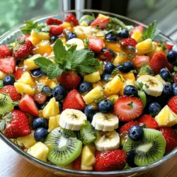 This Honey Lime Fruit Salad bursts with fresh flavors. You need some simple ingredients to create this delight. - Fresh fruits: - 1 cup strawberries, hulled and sliced - 1 cup pineapple, diced - 1 cup blueberries - 1 cup kiwi, peeled and sliced - 1 ripe banana, sliced - Honey and lime mixture: - 1/4 cup honey - 2 tablespoons lime juice - Zest of 1 lime - Garnish options: - Fresh mint leaves Using ripe fruits makes a big difference. Each fruit adds its own taste and texture. The honey and lime mixture gives the fruit a sweet and tangy kick. The mint leaves add a fresh touch. You can mix and match fruits based on what you have. This recipe is versatile, and you can find more in the Full Recipe section. Enjoy the burst of flavors in every bite! To make this Honey Lime Fruit Salad, start with the fruits. First, hull the strawberries and slice them into bite-sized pieces. Next, dice the pineapple into small chunks. Rinse the blueberries under cool water and set them aside. For the kiwi, peel it and slice it into thin rounds. Lastly, slice the ripe banana. Now, let’s mix the honey lime dressing. In a small bowl, whisk together 1/4 cup of honey, 2 tablespoons of lime juice, and the zest of one lime. Mix until smooth and well combined. Once you have your fruit and dressing ready, combine them in a large mixing bowl. Pour the honey lime dressing over the fruit. Gently toss the fruit until every piece is coated with the dressing. This step is key to getting that bright flavor in each bite. Let the salad sit for about 10 minutes to let the flavors meld together. When it comes to serving, you have options. You can serve the fruit salad in a large glass bowl to show off the beautiful colors. Alternatively, you can portion it into individual cups for a more elegant look. To make your salad even more appealing, consider garnishing it with fresh mint leaves. Lay a few mint leaves on top for a pop of green. This adds freshness and a lovely aroma. You can also sprinkle some extra lime zest on top for added flair. This recipe is all about enjoyment, so take your time and have fun with it. For the complete recipe, check out the Full Recipe section. To make your Honey Lime Fruit Salad even better, adjust the sweetness and acidity. If you want more sweetness, add extra honey. For more zing, add a splash of lime juice. This balance makes each bite pop with flavor. I recommend letting the salad sit for about 10 minutes after mixing. This resting time helps the flavors meld beautifully. Preventing browning in fruits is easy. Use fresh lemon juice on cut fruits like apples and bananas. It stops them from turning brown and keeps them fresh. When combining fruits of different textures, think about their firmness. Mix softer fruits, like bananas, with firmer ones, like kiwi, gently. This keeps everything intact and looking great. {{image_2}} You can switch up the fruits in your salad to match the season. In spring, try adding ripe peaches or nectarines. In fall, crisp apples or pears work well. For a tropical twist, use mango or papaya. If you love berries, mix in raspberries or blackberries. These options add new flavors and keep things fresh. To make this salad vegan, simply use agave syrup instead of honey. This keeps the sweet taste while making it plant-based. If you need it lower in sugar, cut the honey by half, or use a sugar substitute. For gluten-free needs, this salad is naturally gluten-free. Just ensure any sweetener you use is gluten-free as well. To keep your Honey Lime Fruit Salad fresh, store it in an airtight container. This helps keep the fruit from browning and losing its flavor. Place the container in the fridge. Your salad will last for about 2-3 days. After that, the fruits may start to get mushy. Always check for freshness before eating. Can you freeze Honey Lime Fruit Salad? It’s not recommended. Freezing changes the texture of fruits. They become mushy and watery when thawed. If you still want to freeze it, prepare the fruit first. Cut and freeze fruits like blueberries and pineapple separately. Then, mix them with the honey lime dressing after thawing. This way, you keep the flavors and textures better. - Can I use different sweeteners instead of honey? Yes, you can use other sweeteners like agave syrup or maple syrup. These options work well. Just adjust the amount to taste. Honey adds a unique flavor, but other sweeteners can also shine. - Is it necessary to use fresh lime juice? Fresh lime juice gives the best flavor. It adds brightness and zest. Bottled lime juice lacks the depth of fresh juice. If you must use bottled juice, choose a high-quality brand. - How do I make it ahead of time? You can prepare the fruit salad a few hours ahead. Mix the fruits and dressing, but wait to toss them together until closer to serving. This keeps everything fresh and vibrant. - What to do if fruits become too soggy? If your fruits get soggy, try draining excess liquid. You can also add more fresh fruits to balance the texture. A bit of lime zest can also help refresh the flavors. - How to revive a fruit salad that has lost its freshness? To revive a tired fruit salad, add a splash of lime juice. This can brighten flavors and make it taste fresh again. Also, consider tossing in some fresh mint leaves for a burst of aroma. In this blog post, we explored how to create a delicious Honey Lime Fruit Salad. We covered ingredient selection, preparation steps, and serving ideas. I shared tips for enhancing flavor and preventing browning. You can also find variations to suit any diet. Finally, I explained how best to store leftovers. With these simple steps, you can enjoy a fresh, vibrant fruit salad any time. Just remember, fresh fruits and a tasty dressing make all the difference in flavor and presentation. Enjoy your fruit salad!