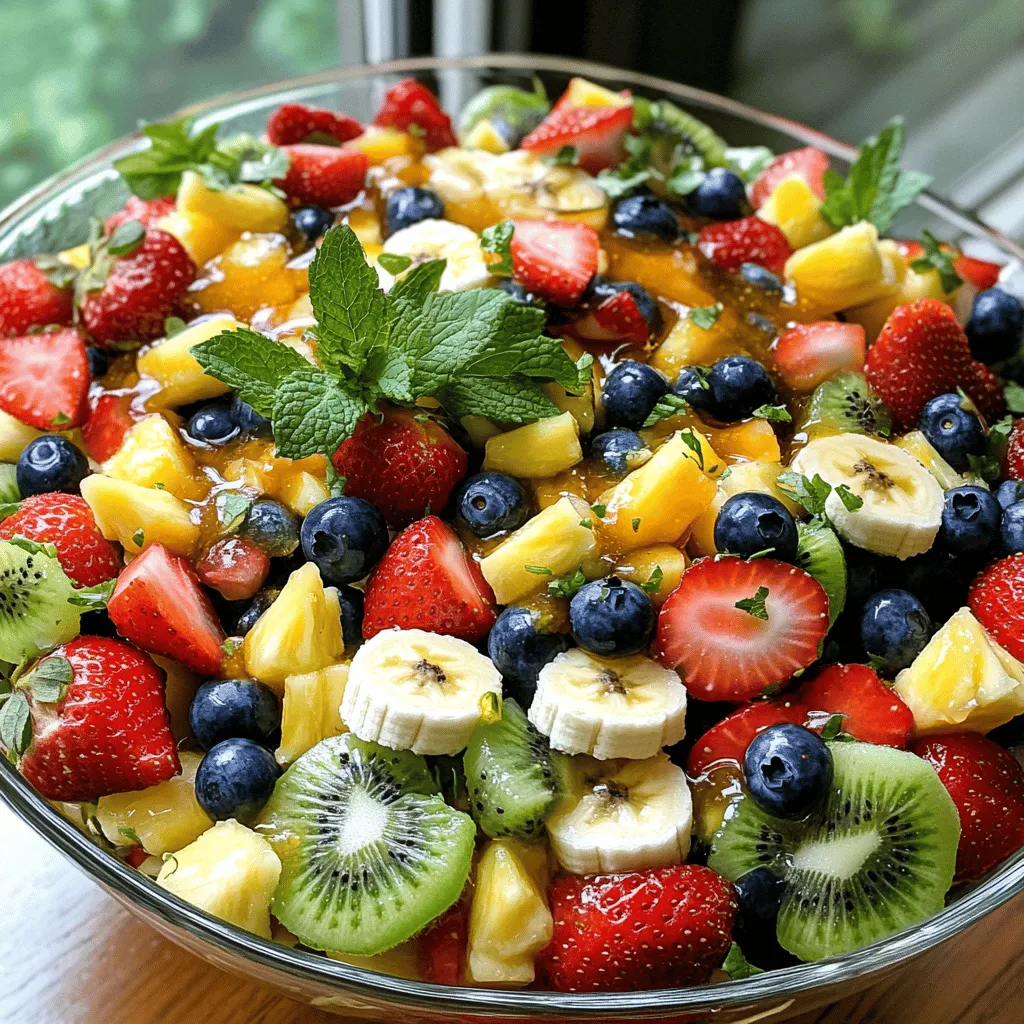 This Honey Lime Fruit Salad bursts with fresh flavors. You need some simple ingredients to create this delight. - Fresh fruits: - 1 cup strawberries, hulled and sliced - 1 cup pineapple, diced - 1 cup blueberries - 1 cup kiwi, peeled and sliced - 1 ripe banana, sliced - Honey and lime mixture: - 1/4 cup honey - 2 tablespoons lime juice - Zest of 1 lime - Garnish options: - Fresh mint leaves Using ripe fruits makes a big difference. Each fruit adds its own taste and texture. The honey and lime mixture gives the fruit a sweet and tangy kick. The mint leaves add a fresh touch. You can mix and match fruits based on what you have. This recipe is versatile, and you can find more in the Full Recipe section. Enjoy the burst of flavors in every bite! To make this Honey Lime Fruit Salad, start with the fruits. First, hull the strawberries and slice them into bite-sized pieces. Next, dice the pineapple into small chunks. Rinse the blueberries under cool water and set them aside. For the kiwi, peel it and slice it into thin rounds. Lastly, slice the ripe banana. Now, let’s mix the honey lime dressing. In a small bowl, whisk together 1/4 cup of honey, 2 tablespoons of lime juice, and the zest of one lime. Mix until smooth and well combined. Once you have your fruit and dressing ready, combine them in a large mixing bowl. Pour the honey lime dressing over the fruit. Gently toss the fruit until every piece is coated with the dressing. This step is key to getting that bright flavor in each bite. Let the salad sit for about 10 minutes to let the flavors meld together. When it comes to serving, you have options. You can serve the fruit salad in a large glass bowl to show off the beautiful colors. Alternatively, you can portion it into individual cups for a more elegant look. To make your salad even more appealing, consider garnishing it with fresh mint leaves. Lay a few mint leaves on top for a pop of green. This adds freshness and a lovely aroma. You can also sprinkle some extra lime zest on top for added flair. This recipe is all about enjoyment, so take your time and have fun with it. For the complete recipe, check out the Full Recipe section. To make your Honey Lime Fruit Salad even better, adjust the sweetness and acidity. If you want more sweetness, add extra honey. For more zing, add a splash of lime juice. This balance makes each bite pop with flavor. I recommend letting the salad sit for about 10 minutes after mixing. This resting time helps the flavors meld beautifully. Preventing browning in fruits is easy. Use fresh lemon juice on cut fruits like apples and bananas. It stops them from turning brown and keeps them fresh. When combining fruits of different textures, think about their firmness. Mix softer fruits, like bananas, with firmer ones, like kiwi, gently. This keeps everything intact and looking great. {{image_2}} You can switch up the fruits in your salad to match the season. In spring, try adding ripe peaches or nectarines. In fall, crisp apples or pears work well. For a tropical twist, use mango or papaya. If you love berries, mix in raspberries or blackberries. These options add new flavors and keep things fresh. To make this salad vegan, simply use agave syrup instead of honey. This keeps the sweet taste while making it plant-based. If you need it lower in sugar, cut the honey by half, or use a sugar substitute. For gluten-free needs, this salad is naturally gluten-free. Just ensure any sweetener you use is gluten-free as well. To keep your Honey Lime Fruit Salad fresh, store it in an airtight container. This helps keep the fruit from browning and losing its flavor. Place the container in the fridge. Your salad will last for about 2-3 days. After that, the fruits may start to get mushy. Always check for freshness before eating. Can you freeze Honey Lime Fruit Salad? It’s not recommended. Freezing changes the texture of fruits. They become mushy and watery when thawed. If you still want to freeze it, prepare the fruit first. Cut and freeze fruits like blueberries and pineapple separately. Then, mix them with the honey lime dressing after thawing. This way, you keep the flavors and textures better. - Can I use different sweeteners instead of honey? Yes, you can use other sweeteners like agave syrup or maple syrup. These options work well. Just adjust the amount to taste. Honey adds a unique flavor, but other sweeteners can also shine. - Is it necessary to use fresh lime juice? Fresh lime juice gives the best flavor. It adds brightness and zest. Bottled lime juice lacks the depth of fresh juice. If you must use bottled juice, choose a high-quality brand. - How do I make it ahead of time? You can prepare the fruit salad a few hours ahead. Mix the fruits and dressing, but wait to toss them together until closer to serving. This keeps everything fresh and vibrant. - What to do if fruits become too soggy? If your fruits get soggy, try draining excess liquid. You can also add more fresh fruits to balance the texture. A bit of lime zest can also help refresh the flavors. - How to revive a fruit salad that has lost its freshness? To revive a tired fruit salad, add a splash of lime juice. This can brighten flavors and make it taste fresh again. Also, consider tossing in some fresh mint leaves for a burst of aroma. In this blog post, we explored how to create a delicious Honey Lime Fruit Salad. We covered ingredient selection, preparation steps, and serving ideas. I shared tips for enhancing flavor and preventing browning. You can also find variations to suit any diet. Finally, I explained how best to store leftovers. With these simple steps, you can enjoy a fresh, vibrant fruit salad any time. Just remember, fresh fruits and a tasty dressing make all the difference in flavor and presentation. Enjoy your fruit salad!