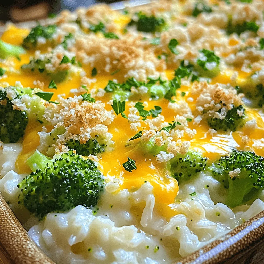 To make the Cheesy Broccoli Rice Casserole, you will need these simple items: - 2 cups cooked white or brown rice - 2 cups fresh broccoli florets (or frozen, thawed) - 1 cup shredded cheddar cheese - 1 cup cream of mushroom soup (or homemade cream sauce) - 1 cup milk - 1 small onion, finely chopped - 2 cloves garlic, minced - 1/2 teaspoon salt - 1/2 teaspoon black pepper - 1/2 teaspoon paprika - 1/2 cup breadcrumbs (for topping) - 2 tablespoons olive oil or melted butter (for breadcrumbs) You can make this dish even better by adding some tasty options. Here are a few ideas: - Cooked chicken or ham for extra protein - Cooked bacon bits for a smoky flavor - Sliced mushrooms for added texture - Peas or corn for extra sweetness and color Feel free to mix and match based on what you love! If you need to swap out some ingredients, here are good alternatives: - Use quinoa or cauliflower rice in place of regular rice for a low-carb option. - Try different cheeses like Monterey Jack or mozzarella for a new taste. - Swap cream of mushroom soup with cream of chicken or a vegan sauce for a different flavor. - Use almond milk or soy milk instead of regular milk for a dairy-free option. These swaps can help you make the dish fit your needs while still being delicious. You can find the full recipe to guide you through the process! Start by gathering your ingredients. You need: - 2 cups cooked white or brown rice - 2 cups fresh broccoli florets (or frozen, thawed) - 1 cup shredded cheddar cheese - 1 cup cream of mushroom soup - 1 cup milk - 1 small onion, finely chopped - 2 cloves garlic, minced - 1/2 teaspoon salt - 1/2 teaspoon black pepper - 1/2 teaspoon paprika - 1/2 cup breadcrumbs (for topping) - 2 tablespoons olive oil or melted butter (for breadcrumbs) Next, preheat your oven to 350°F (175°C). If using fresh broccoli, steam the florets for about 3-4 minutes until they are slightly tender. If you use frozen broccoli, make sure it is thawed and well-drained. In a skillet, heat a tablespoon of olive oil over medium heat. Add the chopped onion and garlic. Sauté them for about 3 minutes until the onion turns translucent. In a large mixing bowl, combine the cooked rice, steamed broccoli, sautéed onion and garlic, cream of mushroom soup, milk, half of the cheddar cheese, salt, pepper, and paprika. Stir everything together until it is well mixed. Now, pour the rice mixture into a greased 9x13 inch baking dish. Spread it evenly. Sprinkle the remaining cheddar cheese on top. In a small bowl, mix the breadcrumbs with the melted butter or olive oil. Sprinkle this evenly over the cheese layer. Place the casserole in the preheated oven and bake for 25-30 minutes. You want it to be bubbly and golden on top. Once done, let it cool for a few minutes before serving. Enjoy your cheesy broccoli rice casserole! For the full recipe, refer to the earlier instructions. To make the best cheesy broccoli rice casserole, focus on your rice. Use fresh or leftover rice, as it helps absorb flavors. If you want a creamy texture, reduce the milk a little. Steam the broccoli just enough to keep its bright color. This brings out its taste. Make sure to mix all ingredients well for even flavor. Boost the flavor with a few simple tricks. Add a squeeze of lemon juice for brightness. You can also mix in some cooked bacon for a savory twist. If you love spice, toss in some crushed red pepper flakes. Fresh herbs like thyme or parsley can also add a pop of flavor. Try to use high-quality cheese; it makes a big difference. For a great look, serve the casserole in the baking dish. It gives a warm, rustic feel. If you prefer a cleaner look, scoop portions into bowls. A sprinkle of chopped parsley on top adds color. You can also serve it with a simple salad for a fresh touch. The bright green salad contrasts nicely with the rich casserole. For the full recipe, check out the instructions above! {{image_2}} You can easily add protein to your Cheesy Broccoli Rice Casserole. Chicken and ham are great choices. If you use chicken, cook and shred it first. For ham, chop it into small pieces. Mix the protein into the rice mixture before baking. This change adds flavor and makes the dish more filling. If you want a vegetarian twist, try adding beans or lentils. Black beans or kidney beans work well. You can also use chickpeas for a different taste. Make sure to drain and rinse canned beans. This option keeps the dish hearty while staying meat-free. Cheese makes this casserole creamy and delicious. You can switch up the cheese type for new flavors. Try mozzarella for a gooey texture. Pepper jack adds a spicy kick. For a sharper taste, use gouda or fontina. Mix and match your favorites to create your perfect cheesy blend. For more ideas, check out the Full Recipe. Store leftover Cheesy Broccoli Rice Casserole in an airtight container. Make sure it cools down first. This helps keep the flavors fresh. Place it in the fridge for up to three days. If you want to keep it longer, consider freezing it. To reheat your casserole, you can use the oven or microwave. If using the oven, preheat it to 350°F (175°C). Cover the dish with foil to avoid drying out. Heat for about 20 minutes or until hot. If you use the microwave, heat it in short bursts, stirring in between, until warm. To freeze the casserole, let it cool completely. Then, wrap it tightly in plastic wrap or foil. You can also use a freezer-safe container. It will last up to three months in the freezer. When you're ready to enjoy it, thaw it overnight in the fridge before reheating. This makes meal planning easy and tasty! You should bake the Cheesy Broccoli Rice Casserole for about 25-30 minutes. This time helps the casserole get bubbly and golden on top. The oven should be set to 350°F (175°C). Always check if the cheese is melted and the edges are lightly crisp. This way, you know it's ready to enjoy! Yes, you can use brown rice instead of white rice in this recipe. Brown rice adds a nutty flavor and extra fiber. Just ensure it is cooked before adding it to the mix. The cooking time for brown rice is longer than white rice, so plan ahead. Follow the instructions in the Full Recipe for the best results. To make the Cheesy Broccoli Rice Casserole gluten-free, choose gluten-free cream of mushroom soup. You can also make your own sauce using gluten-free flour. For the breadcrumbs, use gluten-free options or crushed gluten-free crackers. These small changes keep the dish tasty and safe for those with gluten sensitivities. In this post, we explored the key ingredients, step-by-step instructions, and tips for making a Cheesy Broccoli Rice Casserole. You learned about optional add-ins, how to mix and bake, and ways to enhance flavor. Remember, you can swap ingredients and add proteins for variety. Store leftovers properly for later meals. With these insights, you can create a delicious dish that’s sure to impress. Enjoy cooking and sharing this tasty casserole!