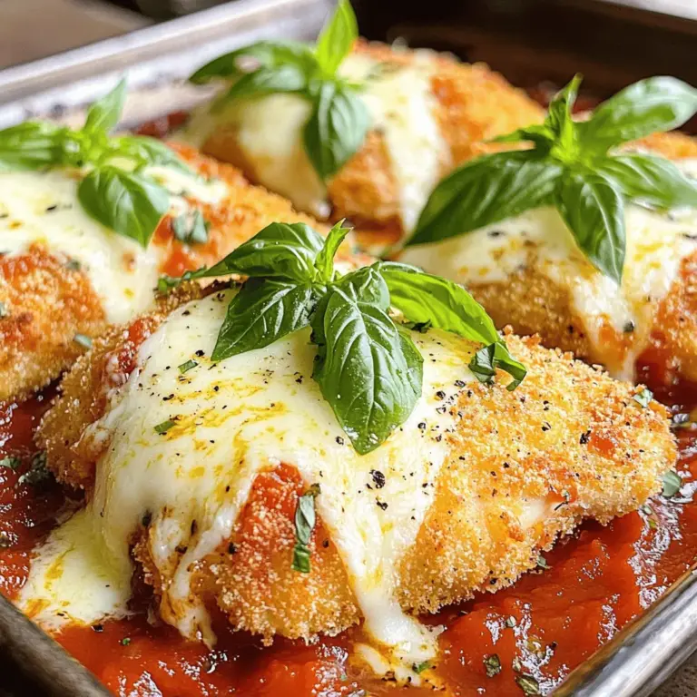 - 4 boneless, skinless chicken breasts - 1 cup all-purpose flour - 2 large eggs - 1 cup breadcrumbs (preferably panko) - 1/2 cup grated Parmesan cheese - 1 teaspoon garlic powder - 1 teaspoon Italian seasoning - 1/2 teaspoon salt - 1/2 teaspoon pepper - 2 cups marinara sauce - 1 cup shredded mozzarella cheese - Fresh basil leaves for garnish - Olive oil for frying To make crispy chicken parmesan, you need fresh and simple ingredients. Use four boneless, skinless chicken breasts for the best taste. The chicken should be tender and juicy. You want your coating to be crispy, so use one cup of all-purpose flour, which helps the breading stick well. Two large eggs will help bind the breadcrumbs to the chicken. I suggest using panko breadcrumbs. They are lighter and crispier than regular breadcrumbs. A half-cup of grated Parmesan cheese adds a nice salty flavor. For seasoning, mix one teaspoon of garlic powder, one teaspoon of Italian seasoning, half a teaspoon of salt, and half a teaspoon of pepper for a tasty kick. When it comes to toppings, you will need two cups of marinara sauce to create a rich base. One cup of shredded mozzarella cheese gives that gooey, melty layer on top. Don’t forget fresh basil leaves for garnish; they add freshness and color. Lastly, use olive oil for frying. It helps achieve that golden, crispy finish. For the complete recipe, check out the [Full Recipe]. Pound the chicken breasts to 1/2 inch thickness. This helps them cook evenly. A meat mallet works great for this. It also makes the chicken nice and tender. Prepare three shallow dishes for the breading. In the first dish, add all-purpose flour. In the second dish, beat two large eggs. In the third dish, mix breadcrumbs with grated Parmesan, garlic powder, Italian seasoning, salt, and pepper. This creates a tasty coating for the chicken. Coat each chicken breast in flour first. Shake off any extra flour. Next, dip the chicken in the eggs. Let any excess drip off. Finally, cover it with the breadcrumb mixture. Press gently to help the crumbs stick. Heat olive oil in a large skillet over medium-high heat. Fry the chicken for about 4-5 minutes on each side. Look for a golden brown color and a crispy texture. You may need to fry in batches. Place the cooked chicken on a paper towel-lined plate to absorb extra oil. Preheat the oven to 400°F (200°C). In a large baking dish, spread a layer of marinara sauce on the bottom. Place the crispy chicken on top. Add more marinara sauce over each piece. Now, sprinkle shredded mozzarella cheese on top. Bake in the preheated oven for about 15-20 minutes. You want the cheese to be bubbly and golden. This is the final step in making your Crispy Chicken Parmesan. For the full recipe, check out the details above. - Use panko breadcrumbs for extra crunch. Panko gives a light, airy texture. - Ensure the oil is hot before adding chicken. Hot oil seals the crust quickly. - Fry at medium-high heat for about 4-5 minutes per side. This will give you a golden crust. - Bake at 400°F (200°C) for 15-20 minutes. This melts the cheese perfectly. - Pair with a fresh salad or garlic bread. These sides enhance the flavors. - Try a light red wine, like Chianti. It balances the rich flavors of the dish. For the full recipe, check the details above. {{image_2}} You can switch things up with other proteins. Try using turkey instead of chicken. It gives a leaner option while keeping the taste great. You can also use eggplant for a tasty vegetarian twist. Slice the eggplant, bread it, and fry it just like chicken. For gluten-free options, use chickpea flour or almond flour as a coating. These alternatives are simple and delicious. While marinara is classic, you can explore other sauces. Use pesto for a fresh flavor. Alfredo sauce gives a creamy twist that many love. You can even mix marinara with a bit of balsamic vinegar for a unique zing. Add herbs or spices like red pepper flakes or fresh basil to these sauces for extra flavor. A little creativity makes a big difference in taste. Cheese plays a big role in Chicken Parmesan. While mozzarella and Parmesan are favorites, don’t hesitate to experiment. Try provolone for a sharper taste. Mixing cheeses, like mozzarella and fontina, can provide a rich, creamy texture. Just remember, cheese quality matters for the best flavor. Seek out fresh cheeses for a gourmet touch. For the full recipe, check the Crispy Chicken Parmesan guide. To keep your Crispy Chicken Parmesan fresh, store it properly in the fridge. Place the chicken in an airtight container. This helps to keep moisture in and prevents drying out. You can also wrap it tightly in plastic wrap or foil if you don’t have a container. It will stay good for about 3 to 4 days. After that, the flavors may start to fade. If you want to save some for later, freezing is a great option. You can freeze the chicken before or after cooking. For uncooked chicken, assemble it, then place it in a freezer-safe bag. Ensure you press out as much air as possible. If you freeze it after cooking, let it cool first. Wrap each piece in foil, then place it in a bag. This way, it will keep its taste. When you’re ready to eat, thaw it overnight in the fridge. To reheat your Crispy Chicken Parmesan, the oven is the best choice. Preheat your oven to 375°F (190°C). Place the chicken on a baking sheet. Cover it loosely with foil to keep moisture in. Bake for about 15-20 minutes until heated through. This keeps the chicken crispy. Avoid using the microwave as it can make the chicken soggy. You want to enjoy that crunchy texture every time. Making Crispy Chicken Parmesan takes about 45 minutes in total. - Prep time: 15 minutes - Cooking time: 30 minutes This includes both frying and baking. You will enjoy a warm meal in no time! Yes, you can prep some parts ahead. - You can bread the chicken and store it in the fridge. - Cooked chicken stays good for 3 days if stored well. Just reheat and assemble when you're ready to eat! Crispy Chicken Parmesan goes well with many sides. - A simple salad adds freshness. - Garlic bread brings great flavor. - Roasted vegetables add color and taste. These sides make your meal complete and tasty! Yes, you can easily make this dish gluten-free. - Use gluten-free flour and breadcrumbs. - Check the marinara sauce for gluten-free ingredients. You can enjoy the same great taste without gluten! You learned how to make Crispy Chicken Parmesan, from ingredients to storage tips. Plan to pound the chicken and use panko for crispiness. Remember to try different sauces or cheeses for fun variations. Store leftovers properly, so they stay tasty and crisp. With these steps, you can create a great meal every time. Enjoy your cooking adventure and impress your family with this delicious dish!